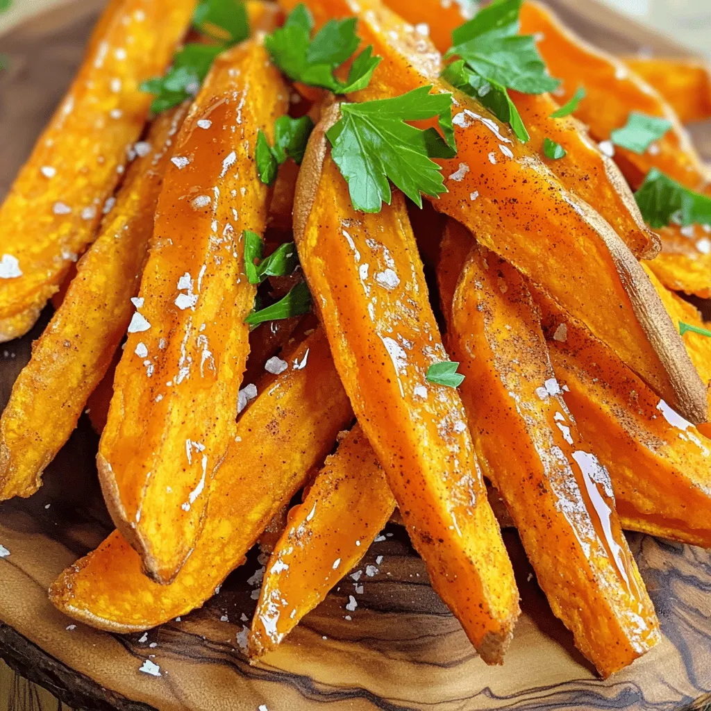 - 2 large sweet potatoes, cut into thin fries - 3 tablespoons olive oil - 1/4 cup pure maple syrup - 1 teaspoon ground cinnamon - 1/2 teaspoon sea salt - 1/4 teaspoon black pepper - Optional: Fresh chopped parsley for garnish Sweet potatoes are the star here. They give a natural sweetness and vibrant color. Olive oil helps the fries crisp up nicely. Maple syrup adds a rich, sweet glaze that makes these fries special. Ground cinnamon brings warmth and depth, while sea salt and black pepper enhance the flavors. One serving of these fries contains about 180 calories. They have around 6 grams of fat, 30 grams of carbohydrates, and 4 grams of fiber. Sweet potatoes are rich in vitamins and minerals, making them a healthy choice. They offer a good amount of beta-carotene, which is great for your eyes. Enjoying these fries gives you a tasty treat without feeling guilty! First, you need to preheat your oven to 425°F (220°C). This step is crucial. While the oven heats, line a baking sheet with parchment paper. This helps with cleanup and keeps fries from sticking. Next, take the two large sweet potatoes. Cut them into thin fries. Aim for even sizes to cook them well. Place the fries in a big bowl. Add three tablespoons of olive oil. Toss the sweet potatoes in the oil until they are well-coated. This step helps them bake nicely. Now, it’s time to make the maple glaze. In a small bowl, combine 1/4 cup of pure maple syrup with one teaspoon of ground cinnamon, 1/2 teaspoon of sea salt, and 1/4 teaspoon of black pepper. Whisk these ingredients together until smooth. This glaze adds a sweet and spicy flavor. Once the fries are ready, pour the maple mixture over them. Toss again to coat all fries evenly. Spread the fries in a single layer on your baking sheet. Make sure they are not crowded. This helps them get crispy. Bake the fries for about 25-30 minutes. Flip them halfway through. They should turn golden brown and crispy. After baking, let them cool slightly before serving. To get sweet potato fries crispy, follow these simple steps: - Cut fries thin: Aim for fries about 1/4 inch thick. Thin fries cook faster and get crispier. - Toss in olive oil: Use enough olive oil to coat the fries well. This helps them crisp. - Space them out: Spread fries in a single layer on the baking sheet. Do not overcrowd them. - Flip halfway: Turn the fries halfway through baking. This helps them cook evenly and get crispy on all sides. Want to add more flavor to your fries? Here are some tasty ideas: - Add garlic powder: A sprinkle of garlic powder gives a nice kick. - Try smoked paprika: This adds a smoky flavor that pairs well with sweet potatoes. - Top with fresh herbs: Chopped parsley or cilantro adds color and freshness to the dish. Avoid these common pitfalls for perfect fries every time: - Cutting fries too thick: Thick fries can be soggy. Keep them thin for best results. - Not drying sweet potatoes: Make sure to dry the fries before adding oil. Moisture can lead to sogginess. - Using too much syrup: More syrup can make fries soggy. Stick to the recipe for the best glaze. {{image_2}} If you want to swap maple syrup, try honey or agave nectar. Both work well in this recipe. Honey adds a floral note, while agave has a mild flavor. You can also use brown sugar. Just mix it with a bit of water to create a syrup. Each option brings a unique taste to your fries. To change things up, add spices like chili powder or smoked paprika. These spices give the fries a savory kick. You could also mix in garlic powder for depth. For a sweet heat, add cayenne pepper. Each option creates a fun twist on the classic dish! Pair these fries with a cool dip, like yogurt or ranch dressing. They also go well with grilled meats or fish. Try serving them alongside a fresh salad for a balanced meal. You can even enjoy them as a snack with friends. They are great for sharing and will impress anyone! To keep your fries fresh, first, let them cool. Place them in an airtight container. Make sure to separate layers with parchment paper. This step helps keep them from sticking together. Store the container in the fridge. Use leftovers within three days for the best flavor. To reheat, preheat your oven to 400°F (200°C). Spread the fries on a baking sheet. Bake for about 10 minutes. This method helps the fries regain their crispiness. You can also use a toaster oven if you have one. Avoid microwaving, as it can make fries soggy. You can freeze fries for later use. First, let them cool completely. Then, lay them flat on a baking sheet. Freeze them for about an hour. Once frozen, transfer them to a freezer bag. Seal tightly, removing as much air as possible. To prepare, bake them from frozen at 425°F (220°C) for about 25-30 minutes. Yes, you can make these fries in an air fryer. Preheat the air fryer to 400°F (200°C). Toss the sweet potato fries with olive oil and the maple mixture as you would for the oven. Place the fries in a single layer in the air fryer basket. Cook for about 15-20 minutes, shaking the basket halfway through. This method gives you crispy fries with less oil. Leftovers from this recipe can last up to 3 days in the fridge. Store them in an airtight container. If you want to keep them longer, you can freeze them. They will stay good for up to 3 months in the freezer. Make sure to let them cool before freezing. You can use regular potatoes, but the taste will change. Sweet potatoes are sweeter and have a different texture. If using regular potatoes, adjust the cooking time. They may need less time in the oven. Cut them thin, just like sweet potatoes, for the best results. This blog post covered how to make tasty sweet potato fries. We looked at the key ingredients, step-by-step instructions, and cooking tips. You learned how to create the perfect crispy fries and flavorful variations. We also discussed storage methods for leftovers and answered common questions. Remember, sweet potato fries are versatile and easy to make. Enjoy experimenting with toppings and spices. Whether you're serving them as a snack or a side, these fries will impress. With these tips, you’ll make delicious fries every time.