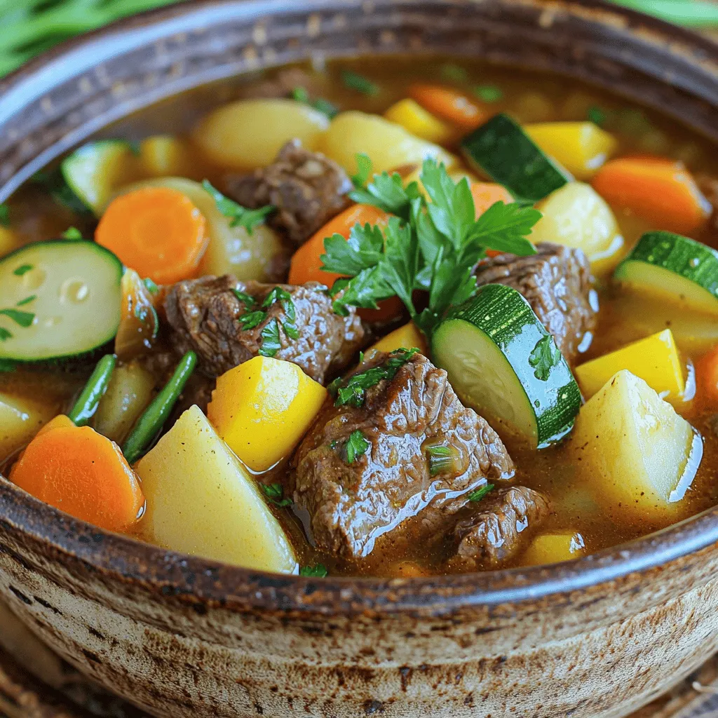 Choosing the right ingredients is key for a great stew. Here’s what you need: - 2 lbs beef stew meat, cut into 1-inch cubes - 4 medium potatoes, diced - 3 carrots, sliced - 1 zucchini, sliced - 1 yellow bell pepper, diced - 1 cup green beans, trimmed and cut into 2-inch pieces - 1 medium onion, chopped - 3 cloves garlic, minced - 4 cups low-sodium beef broth - 1 tablespoon tomato paste - 1 tablespoon Worcestershire sauce - 1 teaspoon dried thyme - 1 teaspoon dried oregano - Salt and pepper to taste - 2 tablespoons olive oil Each ingredient plays a role in making the stew tasty. The beef gives it a hearty base. I like to use stew meat because it gets tender and juicy after cooking. The potatoes and carrots add comfort and sweetness. Zucchini and bell pepper bring freshness and color. Green beans add a crunch. Onion and garlic create a strong flavor base. They build up the dish and make it smell amazing. The broth is the heart of this stew. Low-sodium beef broth keeps it savory without being too salty. Tomato paste and Worcestershire sauce add rich umami flavors. Dried thyme and oregano round out the taste with herb notes. Make sure to season with salt and pepper. Taste as you go to get just the right balance. Fresh parsley can be a lovely touch when serving. It brightens up the dish and makes it look nice. Gather these ingredients, and you’re ready to create a delicious meal! Conclusion Error: Connection error.