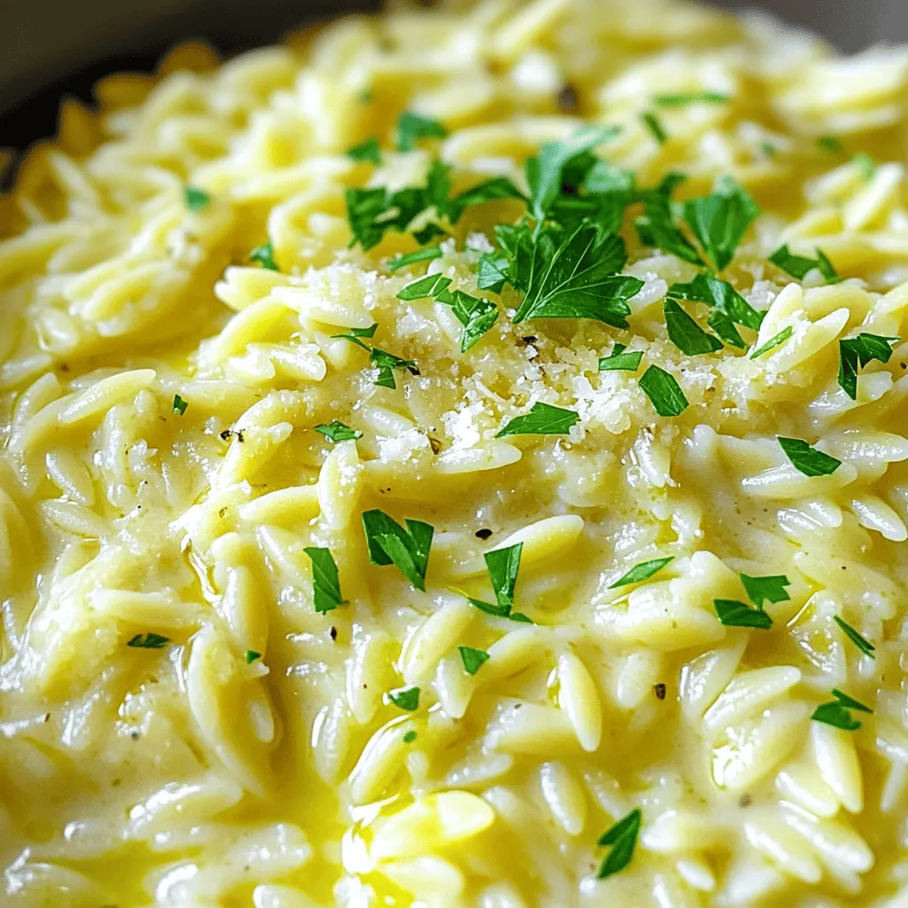 To make Creamy Garlic Parmesan Orzo, you will need the following ingredients: - 1 cup orzo pasta - 2 tablespoons olive oil - 3-4 cloves garlic, minced - 2 cups vegetable broth - 1 cup heavy cream - 1 cup grated Parmesan cheese - 1/2 teaspoon black pepper - 1/4 teaspoon salt - 1 tablespoon fresh parsley, chopped (for garnish) - 1 tablespoon lemon juice These ingredients create a rich and flavorful dish. The orzo acts as a base, while the garlic and Parmesan add depth. The heavy cream makes it luxuriously creamy. If you want to enhance your orzo dish, consider these optional add-ins: - Fresh spinach for a pop of color and nutrients - Cooked chicken or shrimp for added protein - Sun-dried tomatoes for a tangy twist - A pinch of red pepper flakes for some heat - Fresh herbs like basil or thyme for more flavor These add-ins can elevate the dish, making it more exciting and satisfying. You can easily swap out some ingredients for dietary needs or preferences: - Use whole wheat or gluten-free orzo for a healthier option. - Replace heavy cream with coconut milk for a dairy-free version. - Nutritional yeast can stand in for Parmesan cheese for a vegan option. - Use low-sodium vegetable broth to control salt intake. These substitutions keep the dish delicious while catering to different diets. Enjoy experimenting with flavors and textures! Start by heating 2 tablespoons of olive oil in a medium saucepan over medium heat. Once the oil is hot, add 3 to 4 cloves of minced garlic. Sauté the garlic for about 30 seconds. You want it to smell great, but don’t let it burn! Next, add 1 cup of orzo pasta to the pan. Toast the orzo in the oil for 2 minutes, stirring often. This adds a nice nutty flavor to the dish. Now it’s time to add some liquid. Pour in 2 cups of vegetable broth and bring the mix to a boil. Once boiling, reduce the heat to low. Cover the saucepan and let it simmer for 10 to 12 minutes. The orzo will soak up the broth and become tender. Check it near the end to see if the pasta is al dente and the liquid is mostly absorbed. Remove the pan from heat. Stir in 1 cup of heavy cream, 1 cup of grated Parmesan cheese, 1/2 teaspoon of black pepper, and 1/4 teaspoon of salt. Mix well until the cheese melts and the orzo becomes creamy. For a little zing, add 1 tablespoon of lemon juice. Finally, serve the dish hot. Garnish with fresh parsley for a nice touch. Enjoy your creamy garlic parmesan orzo! To make your orzo creamy, use heavy cream. This ingredient adds richness. Stir the cream in at the end for the best texture. Adding grated Parmesan cheese also helps. The cheese melts and blends well, enhancing the creaminess. Watch your orzo closely while it cooks. Simmer it for 10 to 12 minutes. This ensures it stays al dente. Stir it occasionally, so it cooks evenly. If you cook it too long, it will become mushy. Boost the flavor with herbs and spices. Try adding fresh parsley for a bright taste. You can also use basil or thyme. A pinch of red pepper flakes adds heat. Lemon juice brightens the dish, giving it a fresh flavor. {{image_2}} You can easily boost your orzo with veggies. Spinach adds color and nutrients. Just stir it in when you add the cream. It wilts fast and mixes well. Mushrooms bring an earthy flavor. Sauté them with garlic for extra taste. Try adding peas or bell peppers too. They add crunch and sweetness. Want to make this dish heartier? Add protein! Chicken works great. Cook it separately, then mix it in. Shrimp is another tasty option. Cook them until pink, then combine. For a plant-based choice, use chickpeas or tofu. They soak up the flavor and fill you up. Change the taste with different cheeses or spices. Feta cheese gives a tangy twist. Goat cheese adds creaminess with a hint of zest. Sprinkle in some red pepper flakes for heat. A dash of nutmeg can bring warmth. Don't forget fresh herbs like basil or thyme for freshness! To keep Creamy Garlic Parmesan Orzo fresh, store it in an airtight container. Let it cool down first. Place it in the fridge within two hours of cooking. This helps prevent bacteria growth. Leftovers can last for three to four days in the fridge. To reheat orzo, use the stovetop or microwave. For the stovetop, add a splash of broth. Heat gently over low heat, stirring often. This helps keep it creamy. In the microwave, place orzo in a bowl. Cover it with a damp paper towel and heat in short bursts. Stir in between to avoid hot spots. You can freeze Creamy Garlic Parmesan Orzo for up to three months. Place cooled orzo in a freezer-safe container. Make sure to leave some space for expansion. To thaw, place it in the fridge overnight. Reheat using the stovetop or microwave, adding a bit of broth as needed. This keeps the dish creamy and tasty. Yes, you can use other pasta types. Some great options include: - Small shells: They hold sauce well. - Fusilli: The twists capture flavor nicely. - Penne: Their shape adds a fun texture. Just keep in mind that cooking times may vary. Check the package for guidance. No, heavy cream is not a must. If you want a lighter dish, try these options: - Half-and-half: It adds creaminess with less fat. - Milk: Choose whole milk for a richer flavor. - Greek yogurt: This gives a tangy taste and creamy texture. Just stir in these alternatives slowly to get the right consistency. Leftovers can last about 3 to 5 days in the fridge. To store them: - Use an airtight container. - Cool the orzo to room temperature before sealing. Always check for any signs of spoilage before eating. Reheat gently for the best taste. In this post, I shared how to make Creamy Garlic Parmesan Orzo. You learned about the key ingredients and tasty add-ins. You discovered various methods for cooking and perfecting the dish. I also offered tips for storing and reheating leftovers. Feel free to modify this recipe to suit your tastes and dietary needs. Get creative with flavors and enjoy every bite. This dish is sure to impress!