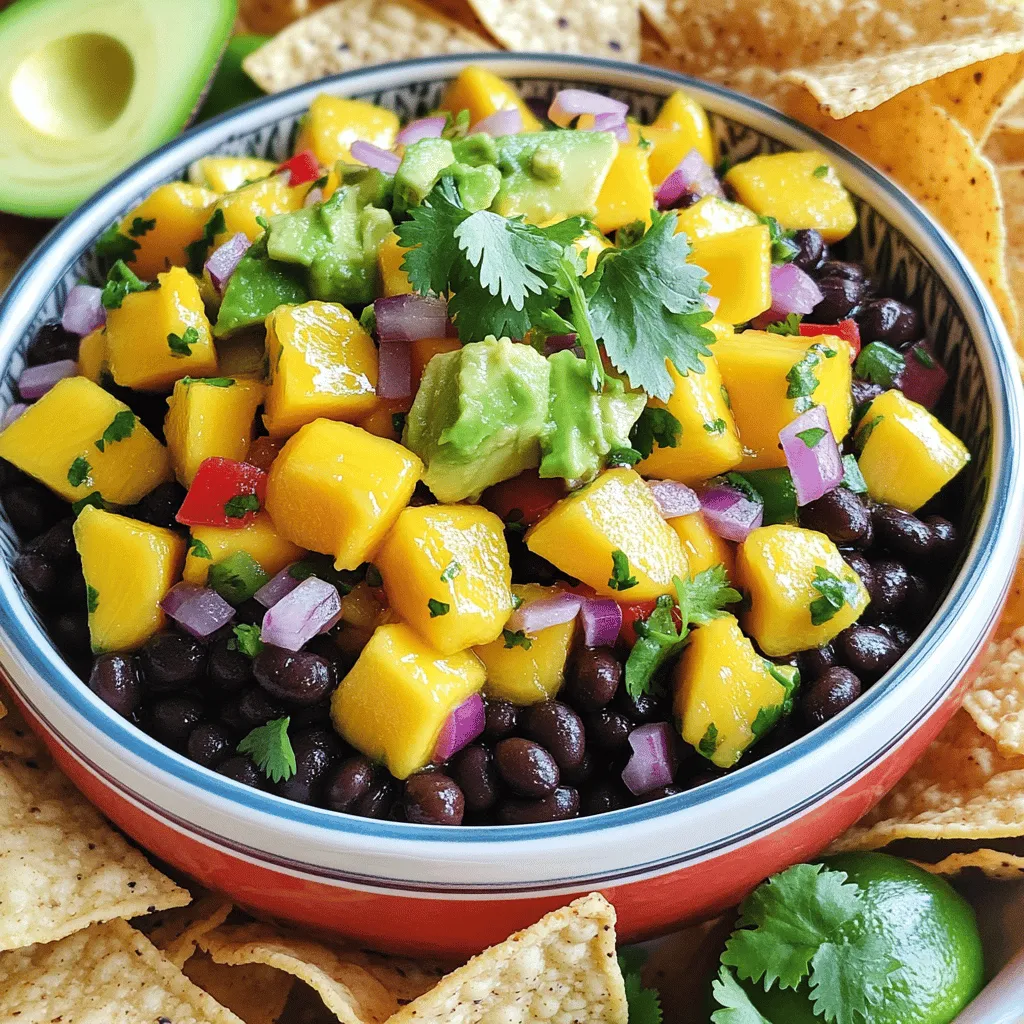 - 1 ripe mango, diced - 1 ripe avocado, diced - 1 can (15 oz) black beans, rinsed and drained - 1 small red onion, finely chopped - 1 red bell pepper, diced - 1 jalapeño, deseeded and minced - 2 tablespoons fresh lime juice - 1 tablespoon olive oil - 1/4 cup fresh cilantro, chopped This salsa shines with fresh flavors. I love using ripe mango and avocado. They bring sweetness and creaminess. Black beans add protein and heartiness. Red onion and red bell pepper provide crunch and color. The jalapeño adds a nice kick. Fresh lime juice gives it a zesty touch. Olive oil smooths everything out. Finally, fresh cilantro ties all the flavors together. - Salt and pepper to taste Salt and pepper are key to enhancing the flavors. I suggest starting with a little. You can always add more if needed. Taste the salsa after mixing to get it just right. - Serving size: 4-6 This recipe serves 4 to 6 people. It’s perfect for a party or a family meal. Just adjust the amounts if you need more. You can double or halve the recipe easily. Enjoy making this bright and tasty salsa! To start, grab a large mixing bowl. In this bowl, combine the following ingredients: - 1 ripe mango, diced - 1 ripe avocado, diced - 1 can (15 oz) black beans, rinsed and drained - 1 small red onion, finely chopped - 1 red bell pepper, diced - 1 jalapeño, deseeded and minced Mix these colorful ingredients together. Take your time to ensure everything is well combined. Next, we need to make the dressing. In a small bowl, whisk together: - 2 tablespoons fresh lime juice - 1 tablespoon olive oil - Salt and pepper to taste Whisk until everything blends nicely. This dressing adds a zesty touch to the salsa. Now it’s time to bring everything together. Pour the dressing over your salsa mixture. Gently toss everything together. Be careful not to mash the avocado; we want it to stay in nice chunks. After that, fold in the chopped cilantro. This herb adds a fresh flavor to the salsa. Ensure the cilantro is evenly mixed throughout. Let the salsa sit for about 10 minutes at room temperature. This waiting time helps the flavors meld together. The longer you let it sit, the more the tastes pop. After 10 minutes, taste your salsa. Adjust seasoning with more salt, pepper, or lime juice if needed. This step is vital to ensure your salsa shines! To make great mango avocado black bean salsa, you need ripe mango and avocado. Look for mangoes that feel soft but not mushy. The skin should be slightly wrinkled, which means it’s sweet. For avocados, press gently. It should yield slightly if it’s ready. Fresh ingredients are always better than canned ones. Fresh mango and avocado taste brighter. They also add a nice texture. Canned black beans are okay to use. Just rinse and drain them well. This keeps the salsa light and fresh. To boost the flavor, add more lime juice. It adds zing and makes the salsa taste bright. If you want some heat, try using more jalapeño or a spicier pepper. You can also leave the seeds in for extra kick. Don’t be afraid to taste as you go. You can always adjust the ingredients to match your flavor preference. Serve your salsa in a fun bowl. Bright colors make it pop! You can place tortilla chips around the bowl for dipping. This makes a great snack for parties. For a fancy touch, serve the salsa on grilled chicken or fish. The colors look beautiful, and it adds flavor. You can also sprinkle extra cilantro on top for a fresh look. {{image_2}} You can easily swap ingredients to fit your needs. If you cannot eat black beans, try chickpeas or kidney beans. They add a nice texture and flavor. For onions, use green onions or shallots for a milder taste. Want to add a fruit twist? Try mixing in corn or diced pineapple. These fruits add sweetness and crunch. Want to kick up your salsa? Add chili powder, cumin, or smoked paprika for extra depth. These spices give your salsa a unique touch. You can also use fresh herbs. Mint or parsley will add a fresh flavor that pairs well with mango and avocado. Experiment with what you like best! This salsa shines as a topping for grilled chicken or fish. Serve it with tortilla chips for a fun snack. It also works great in tacos or as a salad topping. You can even mix it into rice or quinoa for a tasty side dish. The options are endless! To store leftover salsa, place it in an airtight container. Make sure you press out any air before sealing. This keeps the salsa fresh for up to three days in the fridge. The flavors will continue to meld, but the avocado may brown slightly. To slow this down, add a bit more lime juice on top before sealing. For long-term storage, freezing is a great option. Use a freezer-safe container or a freezer bag. Leave some space at the top, as the salsa will expand when frozen. You can keep it in the freezer for up to three months. When ready to use, thaw it in the fridge overnight. Look for signs of spoilage before using your salsa. If the salsa smells sour or has a strange color, it’s best to toss it. Also, if you see any mold, do not eat it. Fresh salsa should have bright colors and a strong, fresh scent. How long does Mango Avocado Black Bean Salsa last in the fridge? This salsa lasts about 2 to 3 days in the fridge. After that, the avocado may brown and the flavors will fade. Can I use frozen ingredients to make salsa? Yes, you can use frozen mango or black beans. Just thaw them first. Fresh ingredients taste best, but frozen can work in a pinch. What can I use instead of cilantro? If you dislike cilantro, try parsley or green onions. These herbs add freshness without the strong taste of cilantro. Is this salsa healthy? Absolutely! This salsa is full of nutrients. It has healthy fats from avocado and fiber from black beans. It is a great snack or topping! How can I make this salsa spicier? To add heat, chop more jalapeño or use a spicier pepper like serrano. You can also add a dash of hot sauce for an extra kick. This blog post covered how to make a delicious salsa using fresh ingredients. You learned about ripe mango, avocado, black beans, and tasty seasonings. I shared steps for preparing, mixing, and letting flavors blend. You now have tips for choosing the best ingredients and creative serving ideas. Remember, you can customize the salsa with various ingredients or spices. Enjoy making this salsa, and don't hesitate to try different flavors. It’s a fun way to add zing to your meals!