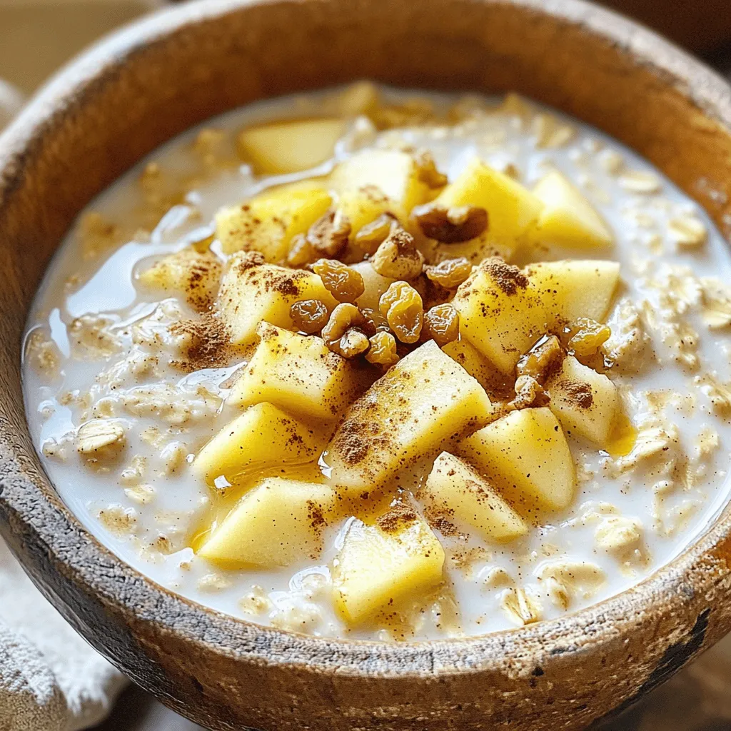 To make your Apple Cinnamon Overnight Oats, gather these simple ingredients: - 1 cup rolled oats - 2 cups almond milk (or any milk of choice) - 1 medium apple, peeled and diced - 1 teaspoon ground cinnamon - 2 tablespoons maple syrup (or honey) - 1 tablespoon chia seeds - 1/2 teaspoon vanilla extract - Pinch of salt - Optional toppings: chopped walnuts, raisins, or additional apple slices - Rolled oats: Full of fiber, they help keep you full. - Almond milk: Low in calories, it offers a creamy base. - Apple: Packed with vitamins, apples add sweetness and crunch. - Ground cinnamon: This spice may help lower blood sugar levels. - Maple syrup or honey: Natural sweeteners that provide quick energy. - Chia seeds: A great source of omega-3s and fiber for digestion. - Vanilla extract: Adds flavor without extra calories. - Salt: Enhances the other flavors in the dish. You can swap ingredients based on your taste or needs: - Use any milk type, like oat or soy milk, instead of almond milk. - Replace honey with agave syrup for a vegan option. - Try different fruits like bananas or berries for variety. - Add nuts or seeds for extra crunch and nutrition. - If you don’t like chia seeds, use flaxseeds instead. Experiment with these swaps to make this recipe your own! Start by taking a large mixing bowl. Add 1 cup of rolled oats. Pour in 2 cups of almond milk or your favorite milk. Next, peel and dice 1 medium apple. Add the apple to the bowl. Then, sprinkle in 1 teaspoon of ground cinnamon. Drizzle in 2 tablespoons of maple syrup or honey. Toss in 1 tablespoon of chia seeds. Add 1/2 teaspoon of vanilla extract and a pinch of salt. Mix everything well until all the oats are covered. Cover the bowl with plastic wrap or divide the mix into individual airtight containers. Place it in the fridge overnight or for at least 4 hours. This soaking time helps the oats to soften and absorb all the flavors. In the morning, take out the oats. Stir them well to blend the ingredients again. If you want it creamier, add a splash of almond milk. Serve your overnight oats in bowls. For extra crunch, top them with chopped walnuts. You can also add raisins or more apple slices. These toppings add texture and flavor to your oats. Enjoy this cozy breakfast that is both tasty and simple! To get the best consistency, use rolled oats. They absorb liquid well and stay soft. Mix the oats with the almond milk and let them soak overnight. If you want creamier oats, add more milk in the morning. Stir the oats well before serving. This helps them blend nicely. Toppings add fun and flavor. I love using chopped walnuts and raisins. They give a nice crunch and sweetness. You can also add more apple slices for extra fruitiness. A drizzle of honey or maple syrup on top makes it even better. Play around with different toppings to find your favorite mix. A common mistake is not using enough liquid. This leads to dry oats. Always make sure the oats are fully submerged in the milk. Another mistake is leaving them out of the fridge for too long. Remember to refrigerate overnight for the best texture. Finally, don’t skip the salt! A pinch brings out all the flavors. {{image_2}} You can change the flavor of your apple cinnamon overnight oats. Try adding nutmeg for an extra kick. Nutmeg pairs well with apple and cinnamon. You can also mix in other fruits like berries or bananas. Use diced peaches or pears for a fun twist. Each fruit brings its own taste and texture. You can easily make this recipe fit your diet. To make it vegan, use almond milk or oat milk. If you need it gluten-free, choose certified gluten-free oats. This way, everyone can enjoy this tasty breakfast. You can also swap maple syrup for agave nectar if you prefer. If you want a quicker option, use instant oats. Instant oats soak up liquid faster. Combine them with the same ingredients. Mix everything and let it sit for just 30 minutes. This way, you still enjoy a hearty, tasty breakfast without waiting overnight. When you make apple cinnamon overnight oats, proper storage is key. Use airtight containers to keep them fresh. If you plan to enjoy them over several days, divide the mixture into separate jars. This way, you can grab one quickly in the morning. Keep your oats in the fridge as soon as they are ready. This helps maintain their flavor and texture. Overnight oats can last about 3 to 5 days in the fridge. The oats will soak up the liquid and soften over time. After a few days, the texture might change. If you notice any off smells or colors, it’s best to toss them. Always check before you dig in! You can freeze overnight oats for longer storage. Use freezer-safe containers and fill them about 3/4 full. Leave some space for expansion. They can last up to 3 months in the freezer. When you're ready to eat, thaw them overnight in the fridge. You can add extra milk to revive their creaminess before serving. Yes, you can use steel-cut oats, but they need more time to soak. Steel-cut oats are chewier and take longer to soften. I recommend soaking them overnight for at least 8 hours. You may also want to cook them for a few minutes to help with the texture. This will give you a different bite compared to rolled oats, but they can still be delicious. Overnight oats should not sit out for more than two hours. If they are left out longer, they can spoil. Always store them in the fridge to keep them fresh and safe. If you forget them out for a few hours, it’s best to toss them away. You can add several ingredients to boost protein. Greek yogurt is a great choice. It adds creaminess and protein. You can also mix in nut butter, like almond or peanut butter. Chia seeds, which are in the recipe, also add protein. A scoop of protein powder can work too. These options help make your breakfast more filling and nutritious. This blog post covered key ingredients and their health benefits. You learned about prep steps and soaking techniques. I shared tips for the right consistency and how to avoid common mistakes. You also saw fun flavor variations and storage tips. Embrace the creativity in your overnight oats. With simple tweaks, you can make each bowl a delightful treat. Enjoy experimenting and discovering what works best for you!