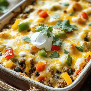 To make this tasty dish, you will need the following ingredients: - 1 pound ground beef - 1 medium onion, diced - 2 cloves garlic, minced - 1 bell pepper (red or green), diced - 1 can (15 oz) diced tomatoes, drained - 1 can (15 oz) black beans, rinsed and drained - 2 cups frozen mixed vegetables (carrots, peas, corn) - 2 cups cooked rice (white or brown) - 1 cup shredded cheddar cheese - 1 cup shredded mozzarella cheese - 1 teaspoon smoked paprika - 1 teaspoon chili powder - Salt and pepper to taste - 2 tablespoons olive oil - Sour cream and fresh cilantro for garnish (optional) You can change some ingredients to suit your taste. Here are some ideas: - Use ground turkey or chicken instead of beef for a lighter option. - Swap black beans for pinto or kidney beans if you prefer. - Try different frozen vegetables like broccoli or green beans for new flavors. - Use a mix of different cheeses for a unique twist. - For a spicy kick, add diced jalapeños or a dash of hot sauce. Each ingredient in this casserole adds value to your meal. Here are some benefits: - Ground beef: A good source of protein and iron, which helps build strong muscles and blood. - Black beans: Rich in fiber, they help support digestion and keep you full. - Bell peppers: Packed with vitamins A and C, they boost your immune system. - Mixed vegetables: Provide a variety of nutrients and antioxidants to keep you healthy. - Cheese: Offers calcium for strong bones, but use it in moderation for a balanced diet. This casserole not only tastes great but also brings a mix of health benefits. First, gather your ingredients. You need: - 1 pound ground beef - 1 medium onion, diced - 2 cloves garlic, minced - 1 bell pepper (red or green), diced - 1 can (15 oz) diced tomatoes, drained - 1 can (15 oz) black beans, rinsed and drained - 2 cups frozen mixed vegetables (carrots, peas, corn) - 2 cups cooked rice (white or brown) - 1 cup shredded cheddar cheese - 1 cup shredded mozzarella cheese - 1 teaspoon smoked paprika - 1 teaspoon chili powder - Salt and pepper to taste - 2 tablespoons olive oil Preheat your oven to 350°F (175°C). This step warms your oven for baking later. Next, heat olive oil in a large skillet over medium heat. Add the diced onion and bell pepper, cooking for about 5 minutes. This softens the veggies and builds flavor. Now, add minced garlic to the mix. Cook it for one more minute until it smells great. This makes your base flavorful. Then, add the ground beef. Break it up as it cooks, browning it for about 7-8 minutes. Season the beef with smoked paprika, chili powder, salt, and pepper. Once browned, stir in the drained diced tomatoes, black beans, and frozen mixed vegetables. Cook this mixture for another 5 minutes. You want everything heated through and well-mixed. In a large bowl, combine the cooked rice with half of the shredded cheddar and mozzarella. Mix well to blend the cheese with the rice. Then, fold in the beef and vegetable mix. Ensure everything is evenly combined. Transfer this mixture into a greased 9x13 inch baking dish. Top it off with the remaining cheese. Use medium heat when cooking the beef and veggies. This prevents burning and keeps the flavors balanced. Stir often to avoid sticking. Make sure to drain the canned tomatoes and rinse the black beans. This reduces excess liquid and salt. When combining the rice and cheese, make sure they are fully mixed. This ensures that every bite is cheesy and delicious. Use a spatula to fold the beef mixture into the rice gently. This keeps the rice intact and fluffy. Cover your baking dish with aluminum foil. Bake it in the preheated oven for 25 minutes. This helps steam the casserole and warms it throughout. After 25 minutes, remove the foil. Bake it for another 10-15 minutes. This allows the cheese to melt and turn golden brown. You want it bubbly and delicious. Let the casserole cool for a few minutes before serving. This helps set the layers and makes it easier to serve. Enjoy your tasty Cheesy Hobo Ground Beef Casserole! To boost flavor in your casserole, try these tips: - Use fresh herbs: Add chopped parsley or cilantro for a fresh kick. - Experiment with spices: Adding cumin or oregano can enhance the overall taste. - Sauté veggies: Cook the onion, bell pepper, and garlic longer to deepen their flavor. - Mix cheeses: Blend different cheeses for a richer taste. Try adding Monterey Jack or pepper jack. These small changes can give your casserole a big boost in flavor. Here are some common mistakes to watch out for: - Skipping the browning step: Always brown the ground beef well for better flavor. - Not draining canned items: Drain tomatoes and beans to avoid a watery dish. - Overcooking rice: Use properly cooked rice. Overcooked rice can become mushy in the casserole. - Skipping the cheese topping: Never skip the cheese on top! It adds a nice texture and flavor. Avoiding these mistakes will help you create a dish everyone will love. Having the right tools makes cooking easier. Here’s what I recommend: - Large skillet: Perfect for browning beef and sautéing veggies. - Mixing bowl: A large bowl helps combine your ingredients well. - 9x13 inch baking dish: Ideal for baking the casserole evenly. - Aluminum foil: Use it to cover the dish while baking to keep moisture in. These tools will make your cooking experience smooth and fun. {{image_2}} To make a tasty vegetarian version, swap out the ground beef. You can use mushrooms or lentils. Both options add great texture. Use the same spices like smoked paprika and chili powder. This keeps the flavors rich. You can also add more beans for protein. Black beans or kidney beans work well here. This dish remains filling and delicious without meat. If you want to try different proteins, consider ground turkey or chicken. These meats are leaner and still tasty. They absorb flavors easily, just like beef. You can also try plant-based meat. Many brands offer great options now. They mimic the flavor and texture of beef. This gives you a nice twist on the classic recipe. You can change the vegetables to fit your taste. Try adding zucchini or spinach for a fresh twist. Broccoli or cauliflower also adds crunch and health. Use seasonal veggies for the best flavor. You can even mix in some spicy peppers if you like heat. Don’t be afraid to experiment! Each veggie brings its own unique taste. To store leftover Cheesy Hobo Ground Beef Casserole, let it cool first. Place it in an airtight container. Make sure to cover it well. This keeps the flavors fresh. You can store it in the fridge for up to three days. When you reheat the casserole, do it gently. Use the oven if you can. Preheat the oven to 350°F (175°C). Cover the dish with foil to keep it moist. Heat for about 20 minutes. If you're in a hurry, you can use a microwave. Just be sure to cover it to avoid drying out the edges. For long-term storage, freeze the casserole. First, let it cool completely. Cut it into portions for easier thawing. Wrap each piece tightly in plastic wrap. Then, place them in a freezer-safe bag. This way, you can enjoy it later. It stays good in the freezer for up to three months. When you're ready to eat, thaw it in the fridge overnight before reheating. Cheesy Hobo Ground Beef Casserole has simple roots. It comes from the idea of a “hobo meal.” Hobo meals use whatever food you have on hand. They are easy to make in one pot or pan. This casserole blends flavors and textures. It makes a great meal for families. The mix of beef, beans, and cheese gives it a rich taste. You can see how this dish fits into home cooking history. Yes, you can make this casserole ahead of time. Just prepare it up to the baking step. Once you mix all the ingredients, cover the dish. You can keep it in the fridge for up to 24 hours. When ready to bake, just add about 10 extra minutes to the cooking time. This makes it perfect for busy days. You can enjoy a warm meal without much effort. You can easily adjust this recipe. For a gluten-free version, use gluten-free rice and check canned goods. If you want a vegetarian dish, swap the ground beef for lentils or plant-based meat. You can also use dairy-free cheese if you need to avoid dairy. Adjust spices and veggies to fit your taste. This way, everyone can enjoy this tasty casserole! This blog gave you a complete guide for Cheesy Hobo Ground Beef Casserole. We covered the key ingredients, step-by-step cooking tips, and tasty variations. You learned how to store leftovers and reheat them for the best flavor. Remember, you can adapt this recipe to fit your needs and preferences. Enjoy making your casserole unique to you. Trust me, with these tips, you'll master this dish and impress your family!