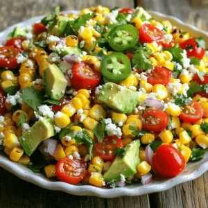 To make a vibrant Mexican corn salad, gather these fresh ingredients: - Fresh corn kernels (about 6 ears) - Cherry tomatoes - Red onion - Ripe avocado - Cilantro - Jalapeño - Limes - Olive oil - Smoked paprika - Salt and pepper - Cotija cheese (optional) Each ingredient adds flavor and texture. The fresh corn provides sweetness. Cherry tomatoes add a burst of color. Red onion gives a nice crunch. Ripe avocado brings creaminess, while cilantro offers a fresh taste. Jalapeño adds a little heat, but you can adjust it to your liking. Lime juice brightens the salad and balances the flavors. Olive oil adds a rich mouthfeel. Smoked paprika gives a unique depth that ties everything together. Finally, cotija cheese, if you choose to use it, adds a delightful salty finish. For the full recipe, check out the detailed instructions to create this tasty dish. - Grilling the corn Start by heating your grill to medium-high. Place the corn on the grill for about 10 minutes. Turn it often until you see nice char marks. This gives the corn a great smoky flavor. Once done, let it cool. Cut the kernels off the cob into a large mixing bowl. - Mixing the salad ingredients In the bowl with corn, add 1 cup of halved cherry tomatoes. Next, add 1/2 cup of finely chopped red onion and 1 ripe diced avocado. Toss in 1/2 cup of chopped cilantro and 1 finely chopped jalapeño for some heat. - Making the dressing In a small bowl, mix the juice of 2 limes, 1 tablespoon of olive oil, and 1 teaspoon of smoked paprika. Season with salt and pepper to taste. Whisk it together well until it blends nicely. - Combining the salad and dressing Pour the dressing over the corn mixture. Gently toss everything to coat. Be careful not to mash the avocado; you want it to stay chunky. - Adjusting seasoning Taste the salad. If it needs more flavor, add more salt, pepper, or lime juice. Adjust it to your liking. This step makes a big difference in flavor. - Serving the salad Transfer the salad to a platter. If you like, sprinkle crumbled cotija cheese on top for extra flavor. This salad is now ready to enjoy! For the full recipe, check out the detailed instructions. Selecting the best corn Choose fresh corn for the best flavor. Look for bright, green husks. The kernels should be plump and juicy. You can also use frozen corn if fresh is not available. Just thaw it before using. Ensuring freshness of ingredients Use ripe tomatoes and firm avocados. Check for good color and texture. Fresh herbs add a nice touch. Always wash your produce well. This keeps everything clean and tasty. How to keep the avocado from browning To stop your avocado from browning, use lime juice. Coat the diced avocado with lime juice right after cutting. The acid slows down oxidation. This keeps your salad looking fresh. Adjusting spiciness with jalapeño For less heat, remove the seeds from the jalapeño. If you want more spice, add more jalapeño. You can also switch to a different pepper. Try poblano or serrano for varied heat levels. Follow these tips for a delightful salad. You can find the Full Recipe to make this fresh dish. Enjoy the process and have fun with your cooking! {{image_2}} Customization makes Mexican corn salad even more fun! You can easily adjust it to suit your taste. Here are some great ideas: Black beans give this salad a hearty boost. They add fiber and protein too. Just toss in a cup of drained, rinsed black beans. This simple step makes the salad more filling. You can switch up the herbs for a fresh twist. Try adding fresh parsley or dill. Each herb brings a new flavor and aroma. Experiment to find your favorite mix! Cotija cheese is tasty, but you can use others. Feta or goat cheese works well too. Each cheese adds a different taste and texture. Choose based on what you like best. If you love heat, add more peppers! Try serrano or habanero for a kick. Remember to adjust the amount based on your spice level. This way, you can enjoy a salad that packs a punch! To store leftovers, place the salad in an airtight container. This keeps moisture in and prevents drying. If you have extra dressing, store it separately to keep the salad fresh. For best refrigeration, set your fridge to 40°F or lower. This temperature slows down spoilage. Avoid placing the salad near open food, which can transfer odors. You can keep the salad in the fridge for up to three days. After that, the herbs and avocado may turn brown or mushy. Always check for signs of spoilage before eating. You can use leftover salad in several dishes. Mix it into tacos for added crunch. You can also top grilled chicken or fish with it. This adds flavor and nutrition to your meals. For the full recipe, check out the Sizzling Mexican Corn Salad. What is the best way to grill corn? The best way to grill corn is to use fresh ears. Heat your grill to medium-high. Grill corn for about 10 minutes. Turn the ears often until they get nice grill marks. This gives the corn a sweet, smoky flavor. Can I use frozen corn instead? Yes, you can use frozen corn. Just thaw it first and drain any extra water. Keep in mind that fresh corn has a better taste and texture. Frozen corn will still work well in this salad. How long does Mexican corn salad last in the fridge? Mexican corn salad lasts about 3 days in the fridge. Store it in an airtight container. The flavors will blend and get better over time, but the avocado may brown. Is this recipe gluten-free? Yes, this recipe is gluten-free. All the ingredients are naturally gluten-free. Enjoy this salad without worries if you are avoiding gluten. What can I serve with Mexican corn salad? You can serve this salad with grilled meats, tacos, or beans. It pairs well with any dish needing a fresh touch. You can also serve it as a light lunch or snack. How do I make this salad vegan? To make the salad vegan, just leave out the cotija cheese. You can also add a vegan cheese substitute if you want a cheesy flavor. The salad will remain delicious and fresh without it. For the full recipe, check out the Sizzling Mexican Corn Salad. This Mexican corn salad bursts with flavor. The key ingredients include fresh corn, cherry tomatoes, and avocado. These ingredients blend well to create a tasty dish. The smoky paprika adds depth, while lime juice brightens the salad. You can taste the sweetness of the corn and the crunch of the veggies. Serve this salad as a side dish at BBQs or picnics. It goes well with grilled meats or tacos. You can also enjoy it on its own for lunch. Add crumbled cotija cheese on top for extra flavor. This salad is not only delicious but also healthy. Corn is rich in fiber and vitamins. Tomatoes provide antioxidants, and avocado offers healthy fats. Eating this salad can support heart health and digestion. Overall, it’s a fresh and vibrant dish that you can enjoy any time. For the complete recipe, check the Full Recipe section. This blog post gave you a detailed look at making a tasty Mexican corn salad. You learned about the fresh ingredients, step-by-step preparation, and smart tips to enhance your dish. I shared useful variations and storage advice to keep your salad fresh. Remember, making this salad is easy and it can fit any meal. Enjoy experimenting with flavors and customizing it to suit your taste. You have everything you need to create a vibrant, delicious salad!