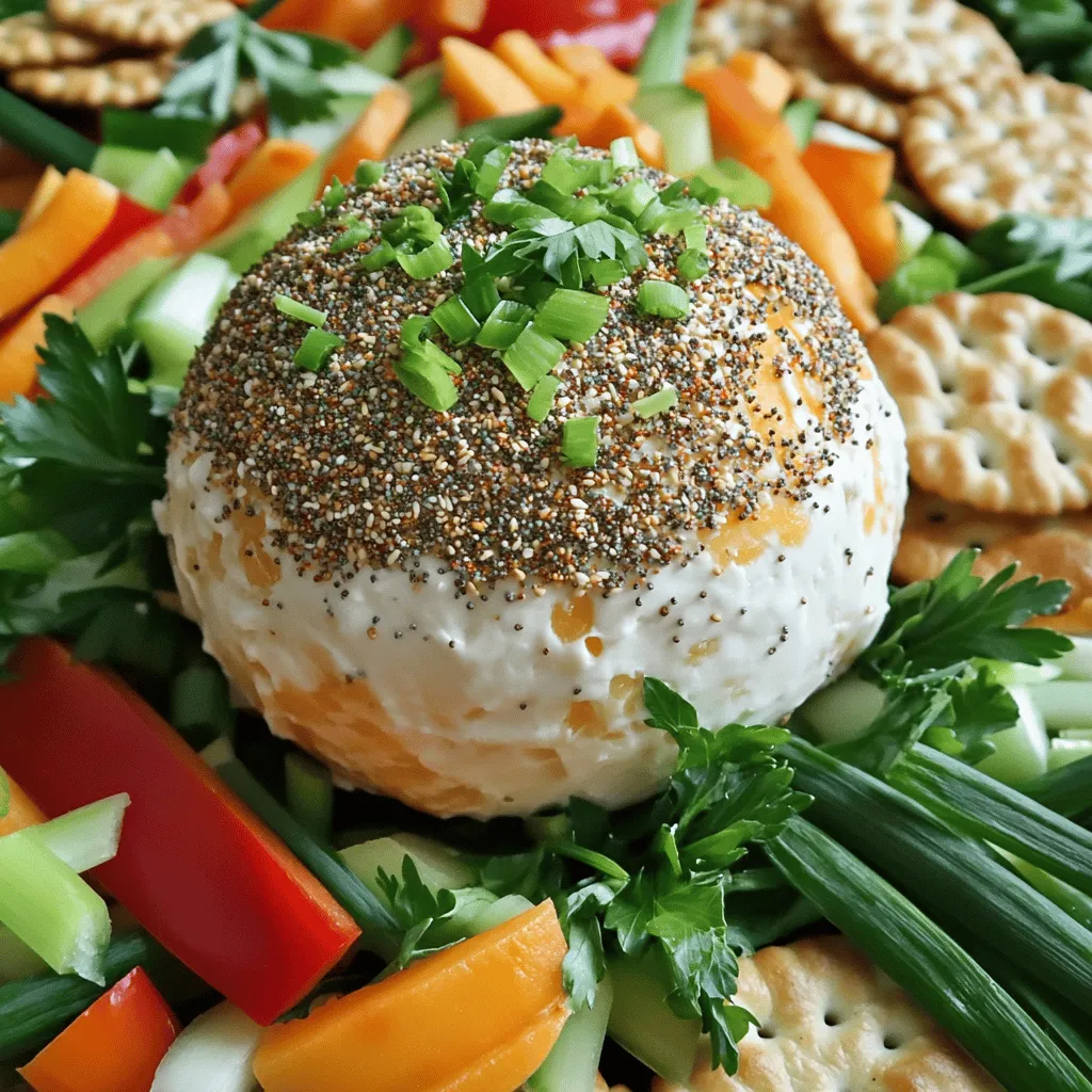 To make the Everything Bagel Cheese Ball, gather these key ingredients: - 8 oz cream cheese, softened - 1 cup shredded sharp cheddar cheese - 1/2 cup crumbled feta cheese - 1/4 cup finely chopped green onions - 1/4 cup finely chopped fresh parsley - 2 tablespoons sour cream - 2 tablespoons Everything Bagel seasoning - 1/2 teaspoon garlic powder These ingredients come together to create a rich and creamy cheese ball. The cream cheese forms the base, while the cheddar adds a sharp flavor. Feta brings a nice tang, and the herbs give freshness. You can make your cheese ball even better with these optional garnishes: - Extra green onions - Fresh parsley Sprinkling more herbs on top adds color and freshness. It also makes your cheese ball look inviting on the table. For serving, pair your cheese ball with these tasty options: - Fresh veggies like carrots, celery, or bell peppers - Assorted crackers Veggies add crunch and a healthy touch. Crackers provide a perfect base for spreading the cheese ball. Together, they create a fun and tasty snack platter for sharing. To start, gather all your ingredients. You need: - 8 oz cream cheese, softened - 1 cup shredded sharp cheddar cheese - 1/2 cup crumbled feta cheese - 1/4 cup finely chopped green onions - 1/4 cup finely chopped fresh parsley - 2 tablespoons sour cream - 2 tablespoons Everything Bagel seasoning - 1/2 teaspoon garlic powder In a large bowl, mix the softened cream cheese, shredded cheddar, crumbled feta, and sour cream. Add the garlic powder, green onions, and parsley. Stir until everything blends together smoothly. Next, scoop the cheese mixture onto a large piece of plastic wrap. Shape it into a ball with your hands. Wrap the cheese ball tightly in the plastic wrap. Chill it in the fridge for at least two hours. This helps the ball firm up nicely. Once the cheese ball is chilled, take it out of the fridge. Unwrap it from the plastic wrap. Roll the cheese ball in Everything Bagel seasoning until it is fully coated. Place it on a serving platter. You can garnish it with more green onions or parsley if you want. Serve it with fresh veggies and assorted crackers. Enjoy this tasty snack! To get the best texture, start with softened cream cheese. You want it smooth. Mix it well with the cheddar and feta cheeses. This mix should feel creamy and thick. If it’s too dry, add a little more sour cream. Chilling the cheese ball helps firm it up. Aim for at least two hours in the fridge. When mixing, use a sturdy spoon or spatula. This helps combine the cheese well. Start with the cream cheese first. Then add the shredded cheddar and feta. Next, fold in the green onions and parsley gently. Keep mixing until everything is smooth. Don’t rush this step; a good mix makes all the difference. Place the cheese ball on a nice platter. You can roll it in Everything Bagel seasoning for a fun look. Garnish it with extra green onions or parsley for color. Serve it with fresh veggies and a variety of crackers. This adds texture and taste to your snack. Your guests will love the tasty spread! {{image_2}} You can mix different cheeses to change the taste. Instead of sharp cheddar, try mozzarella for a milder flavor. Goat cheese adds a tangy kick. You can also use smoked gouda for a rich, smoky taste. Experimenting with cheese keeps it fun and fresh. Add-ins can make your cheese ball even better. Try diced sun-dried tomatoes for a sweet burst. Or mix in some chopped olives for a salty touch. You can also use jalapeños for heat. Just remember to keep the balance so each flavor shines through. While Everything Bagel seasoning is a favorite, you can switch it up. Use Italian herbs for a Mediterranean vibe. Taco seasoning gives a fun twist if you love bold flavors. You can also sprinkle some smoked paprika for a unique taste. These small changes can bring new life to your cheese ball. To store your cheese ball leftovers, wrap it in plastic wrap. Place it in an airtight container. This helps keep the flavors fresh. Store it in the fridge for up to five days. If you notice any change in smell or texture, it's best to toss it. You can freeze the cheese ball for later use. First, wrap it tightly in plastic wrap. Then, place it in a freezer-safe bag or container. You can freeze it for up to three months. When you're ready to eat it, let it thaw in the fridge overnight. This cheese ball is best served cold or at room temperature. There’s no need to reheat it. If it has been frozen, make sure to thaw it before serving. This helps keep the creamy texture. If you want a softer cheese ball, let it sit out for about 30 minutes before serving. Yes, you can make this cheese ball ahead of time. In fact, it tastes better when chilled overnight. Just wrap it well in plastic wrap after shaping it. Store it in the fridge until you’re ready to serve. If you want a lighter option, use Greek yogurt or cottage cheese. Both add creaminess and a nice tang. You can also try vegan cream cheese if you're avoiding dairy. This cheese ball lasts about five days in the fridge. Keep it wrapped tightly to maintain freshness. If you notice any change in smell or texture, it’s best to toss it out. You now know how to make an Everything Bagel Cheese Ball. We covered the main ingredients, optional garnishes, and great accompaniments. I shared step-by-step instructions and tips for the best texture. We explored fun variations to keep things fresh and exciting. Don’t forget the storage tips to keep your cheese ball tasty longer. This cheese ball is sure to impress at your next gathering! Enjoy every bite.