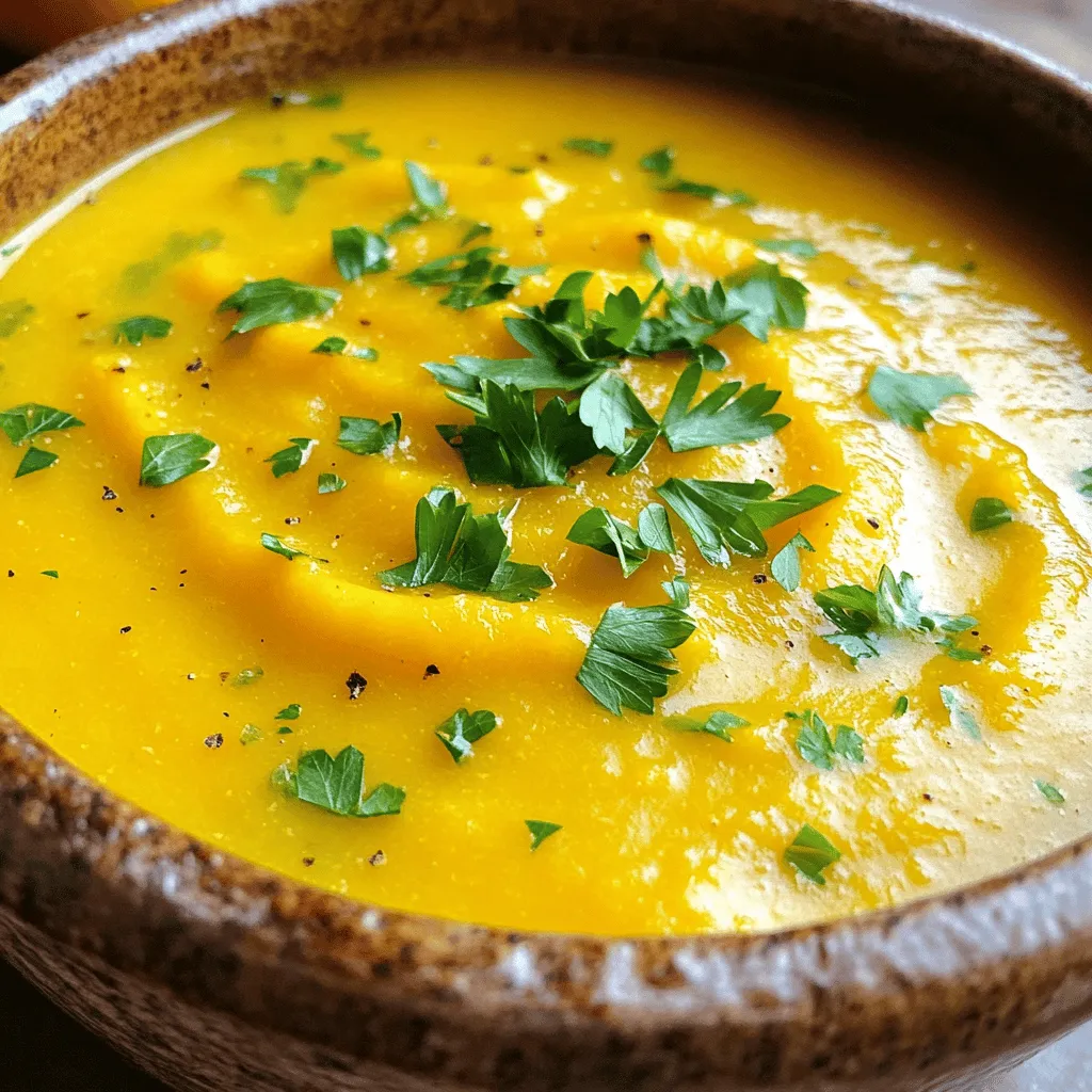 - 1 medium butternut squash, peeled and cubed - 1 medium onion, chopped - 2 carrots, sliced - 2 cloves garlic, minced - 4 cups vegetable broth - 1 teaspoon ground ginger - 1 teaspoon ground cinnamon - 1/2 teaspoon nutmeg - Salt and pepper to taste - 1 tablespoon olive oil - 1 cup coconut milk (or heavy cream) - Fresh parsley for garnish When making slow cooker butternut squash soup, fresh ingredients shine. Start with a medium butternut squash. Peel and cube it into bite-sized pieces. This gives the soup a smooth texture. Next, chop one medium onion and slice two carrots. These add sweetness and depth to the flavor. Don’t forget to mince two cloves of garlic. Garlic brings a lovely aroma to the mix. Next, you’ll need the broth and seasonings. Four cups of vegetable broth form the base of this soup. It keeps the soup light and tasty. For spice, use one teaspoon of ground ginger and one teaspoon of ground cinnamon. They add warmth and a hint of sweetness. A half teaspoon of nutmeg enhances the flavor even more. Lastly, season it with salt and pepper to taste. Now for the finishing touch: one tablespoon of olive oil. This helps coat the veggies and brings them together. For creaminess, add one cup of coconut milk or heavy cream. Coconut milk gives a rich, tropical twist if you want a dairy-free option. Don’t forget fresh parsley for garnish; it brings color and freshness to your bowl. Start by peeling and cubing the butternut squash. Use a sharp knife to cut it into small pieces. This helps it cook evenly. Next, chop the onion and slice the carrots. Place all these veggies into a large bowl. Add one tablespoon of olive oil. Toss them together so every piece gets coated. Now, sprinkle in one teaspoon of ground ginger, one teaspoon of ground cinnamon, and half a teaspoon of nutmeg. Season with salt and pepper to taste. This mix of spices adds warmth and flavor to the soup. Transfer the seasoned vegetables into your slow cooker. Add two cloves of minced garlic for extra taste. Pour in four cups of vegetable broth. Stir everything well to combine. Cover the slow cooker with its lid. Set it to cook on low for six to eight hours or on high for three to four hours. The goal is to let the squash become soft and tender. Once cooking is done, use an immersion blender to purée the soup. Blend until it reaches your desired smoothness. If you don’t have an immersion blender, carefully transfer the soup in batches to a regular blender. After blending, stir in one cup of coconut milk for creaminess. Taste and adjust the seasoning if needed. Warm the soup on low for another ten to fifteen minutes before serving. Finally, ladle the soup into bowls and garnish with fresh parsley. Enjoy your rich and creamy soup! To know when your butternut squash is tender, poke it with a fork. If it goes in easily, your squash is ready. Tender squash makes for a smooth soup. If you find it hard, let it cook longer. You can adjust thickness and creaminess easily. For a thicker soup, use less broth. If you prefer it creamier, add more coconut milk or heavy cream. Blend until you reach your desired texture. I love using an immersion blender. It makes blending easy and quick. Look for one with a strong motor. This will help you create a silky soup in no time. Brands like Breville and Cuisinart are great choices. For your slow cooker, make sure it has a good seal. This helps keep moisture inside. If your cooker has a sauté option, use it to cook the onions first. This adds extra flavor to your soup. Slow cookers come in different sizes and settings. If you have a high setting, cook the soup for 3-4 hours. On low, it will take 6-8 hours. Check the squash around the 3-hour mark to see if it’s tender. If you're in a hurry, try the stove top. Cook the soup in a pot for about 30-40 minutes instead. Just make sure to watch it closely. This method can save you time while still giving you that rich, creamy taste. {{image_2}} You can make this soup vegan and dairy-free by using coconut milk. Coconut milk adds a creamy texture and sweet flavor. It blends well with the butternut squash. You can also try other plant-based options like almond milk or oat milk. Each will give a unique taste while keeping the soup rich and smooth. Want to boost the flavor? Try adding extra veggies like sweet potatoes or bell peppers. They give more depth to the soup. You can also mix in spices like cumin or turmeric for a warm kick. Fresh herbs such as thyme or rosemary can add an aromatic touch. These additions will make your soup even more delicious and special. You can make this soup ahead of time. To store it, let it cool first. Pour it into airtight containers and keep it in the fridge for up to 4 days. For longer storage, freeze the soup. Use freezer-safe bags or containers to save space. When you're ready to eat, thaw it overnight in the fridge. Reheat on the stove or in the microwave for a warm, comforting meal. To store leftover soup in the fridge, let it cool first. Use a clean, airtight container. Pour the soup into the container and seal it tightly. It will stay fresh for up to five days. Make sure to label the container with the date. This helps you keep track of its freshness. For the best results, freeze butternut squash soup in small portions. Use freezer-safe bags or containers. Leave some space at the top, as the soup will expand when it freezes. It can last up to three months in the freezer. To thaw, place it in the fridge overnight before reheating. To reheat without losing flavor, warm the soup slowly on the stove over medium heat. Stir often to prevent it from sticking. If the soup seems thick, add a little vegetable broth or water. You can also use a microwave. Heat it in short intervals, stirring in between. This keeps the soup creamy and delicious. Yes, you can. If you don’t have an immersion blender, use a regular blender. First, let the soup cool down a bit. Then, blend the soup in batches. Be careful; hot soup can splatter. Return the blended soup to the slow cooker and stir well. This method works well for a smooth texture. You can add many toppings and mix-ins. Here are some ideas: - Croutons for crunch - A swirl of cream or coconut milk for richness - Toasted pumpkin seeds for a nutty flavor - Fresh herbs like thyme or rosemary for extra aroma - A sprinkle of chili flakes for some heat These additions can take your soup to the next level! If you want to add heat, try these options: - Add a pinch of cayenne pepper to the soup before cooking. - Stir in some chopped jalapeños or serrano peppers. - Top the soup with a spicy sauce, like sriracha or hot sauce. Adjust the heat level to match your taste. Enjoy the warm kick! In this blog post, we explored how to make slow cooker butternut squash soup. You learned about the key ingredients, step-by-step instructions, and helpful tips. We covered variations to suit your diet and how to store leftovers for later. To sum up, this soup is simple and packed with flavor. You can easily customize it to fit your taste. Enjoy making this warm, hearty dish anytime you like!