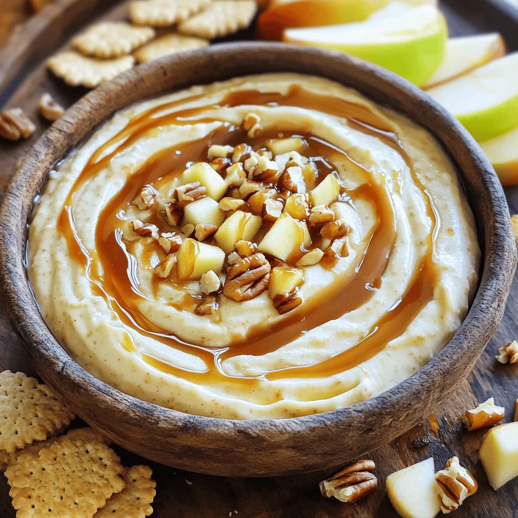 - 8 oz cream cheese, softened - 1/2 cup powdered sugar - 1 tsp vanilla extract - 1/2 cup sour cream - 1 small apple, finely chopped - 1/2 cup caramel sauce - 1/4 tsp cinnamon - 1/4 cup chopped nuts Caramel apple cheesecake dip has a few simple, tasty ingredients. The cream cheese is the base. It gives the dip a creamy feel. I use powdered sugar for sweetness. Vanilla extract adds a nice flavor. Sour cream helps make it smooth. For the apples, I recommend using Granny Smith or Honeycrisp. These apples add a fresh crunch and a little tartness. Caramel sauce brings in that sweet, rich flavor we love. The cinnamon gives warmth to the dip. Finally, the chopped nuts add a fun texture. - Extra caramel sauce for drizzling - Toppings like whipped cream You can make the dip even sweeter by drizzling more caramel on top. Adding whipped cream is also a fun option. It makes the dip look fancy and adds a bit of fluffiness. - Apple slices - Graham crackers - Pretzels For dipping, I love using apple slices. They work great with the dip's flavors. Graham crackers add a nice crunch, while pretzels give a salty twist. Each option brings a new taste experience to this delicious dip. - Beat cream cheese until creamy. - Gradually add powdered sugar. Start by placing the softened cream cheese in a medium bowl. Use an electric mixer to beat it. Mix until it is smooth and creamy. This step is key for a nice, fluffy dip. Next, slowly add the powdered sugar. Keep mixing until it is well blended. - Incorporate vanilla extract and sour cream. - Fold in apples, caramel sauce, and cinnamon. Now, add the vanilla extract and sour cream to the bowl. Mix again until everything is creamy and smooth. After that, gently fold in the finely chopped apple. Pour in the caramel sauce and add the cinnamon. Mix carefully to ensure all flavors blend well. - Stir in chopped nuts. - Chill and serve with dipping options. Next, add the chopped nuts to the dip. This gives it a nice crunch. Transfer the dip to a serving bowl. Drizzle some extra caramel sauce on top for a sweet finish. Chill it in the fridge for about 30 minutes. This helps the flavors come together. Serve with fresh apple slices, graham crackers, or pretzels for dipping. Enjoy your delicious creation! Pick apples that balance sweet and tart. Granny Smith apples work well because they add a nice zing. Honeycrisp apples also taste great in the dip. They are sweet, crisp, and juicy. Use a mix of these apples for better flavor. This mix makes the dip more exciting. To get smooth cream cheese, take it out of the fridge ahead of time. Let it sit for about 30 minutes. You want it soft, not too warm. When mixing, use an electric mixer for best results. Mix until everything blends well. This makes the dip light and fluffy. Don't rush this step; it is key for the right texture. Make your dip look great when serving. Use a nice bowl to hold the dip. Drizzle extra caramel sauce on top for a shiny look. You can also sprinkle some nuts on the surface. For a fun touch, add sliced apples around the bowl. This makes it easy for guests to grab a slice and dip. {{image_2}} You can spice up this dip in fun ways. Add nutmeg or clove for warmth. If you love chocolate, mix in some cocoa powder. For a nutty twist, use peanut butter. Both will make the dip richer and more exciting. Try one or combine a few. Each option gives a new taste. If you want a gluten-free option, use rice crackers or veggie sticks for dipping. For a vegan version, swap cream cheese for a plant-based alternative. You can also use coconut cream to keep that creamy texture. These changes allow everyone to enjoy this treat. The dip can change with the seasons. In fall, add pumpkin spice for a cozy flavor. You can mix in some pumpkin puree to give it a rich texture. In winter, toss in dried cranberries for a tart touch. These seasonal twists keep your dip fresh and fun all year! To keep your caramel apple cheesecake dip fresh, store it in an airtight container. This method helps prevent any smells from getting in or out. The dip lasts about five days in the fridge. Make sure to check for any changes in smell or texture before eating. You can freeze caramel apple cheesecake dip, but it may change a bit. To freeze it, place the dip in a freezer-safe container. Leave some space at the top for expansion. When you want to use it, transfer it to the fridge overnight to thaw. Avoid using the microwave, as it can change the texture. If you need to reheat the dip, do it slowly. You can use a double boiler for gentle heat. This method helps keep the dip smooth. Avoid direct heat, as it can make the dip grainy or watery. Serve it warm for a cozy touch, or serve it cold for a refreshing snack. To make your dip sweeter, you can add more powdered sugar. Start with one tablespoon at a time. Taste as you go to find your perfect level of sweetness. You can also add more caramel sauce for extra flavor. If you want a richer taste, try adding a splash of maple syrup. This will give your dip a nice balance. Using sweet apples like Honeycrisp can also help. These tips let you control the sweetness to your liking. Yes, you can make this dip ahead of time. Prepare it a day before your party. Just keep it in the fridge in an airtight container. This helps the flavors mix well and taste even better. If you make it early, drizzle the caramel sauce right before serving. This keeps it fresh and visually appealing. Just remember to give it a quick stir before serving if it sits for a while. You can serve this dip with many tasty options. Fresh apple slices are a classic choice. They add a crisp texture that pairs well. Graham crackers are sweet and crunchy, making them perfect too. Pretzels bring a salty bite that balances the sweetness. Other fun options include cinnamon sugar pita chips or vanilla wafers. Feel free to mix and match to create a fun dipping platter! This blog post covered the key ingredients for a tasty caramel apple cheesecake dip. We discussed preparation steps, tips for choosing apples, and ways to present your dip. I also shared variations and storage tips. You can create a dip that caters to any taste. With careful choices, you can enjoy this treat anytime! Try it with different toppings and dipping options. Get ready to impress your friends and family with this easy recipe!