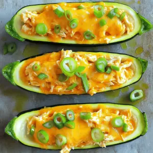 - 4 medium zucchinis - 2 cups cooked shredded chicken - 1/2 cup buffalo sauce - 1/2 cup cream cheese, softened - 1 cup shredded cheddar cheese, divided - 1/2 cup green onions, sliced - Salt and pepper to taste - Olive oil for drizzling Using fresh ingredients makes a big difference. Look for zucchinis that are firm and shiny. Fresh chicken should be moist and tender. Choose a buffalo sauce that has a good balance of heat and flavor. I like to use full-fat cream cheese for a rich texture. Always go for high-quality cheddar cheese for the best melt and taste. If you want a fresher taste, add chopped bell peppers or celery to the filling. You can swap buffalo sauce for BBQ sauce if you prefer a milder flavor. For a lighter option, use Greek yogurt instead of cream cheese. You can also use ground turkey or beef instead of chicken. This way, you can keep it interesting and fit your taste. Start by preheating your oven to 375°F (190°C). Then, wash the zucchinis carefully. Slice each zucchini in half lengthwise. Use a spoon to scoop out the flesh. Aim to leave about 1/4 inch of the zucchini skin. You can save the scooped-out flesh for later use. In a mixing bowl, combine the cooked, shredded chicken with buffalo sauce. Then add the softened cream cheese. Next, mix in half of the shredded cheddar cheese and the sliced green onions. Stir until everything is well combined. Season with salt and pepper to your taste. If you want more flavor, chop the reserved zucchini flesh and add it to the mixture. This step makes the filling even moister. Spoon the buffalo chicken mixture into each zucchini boat. Pack it in gently. Place the stuffed zucchini boats on a baking sheet lined with parchment paper. Drizzle a bit of olive oil on top to help them crisp up. Bake in the oven for 20-25 minutes. You want the zucchini to be tender and the filling heated through. In the last five minutes, sprinkle the remaining cheddar cheese on top. Return to the oven until the cheese melts and bubbles. Once done, take them out and let them cool for a few minutes before serving. You can garnish with extra green onions if you like. For these buffalo chicken stuffed zucchini boats, set your oven to 375°F (190°C). This temperature helps cook the zucchini while keeping the filling warm and flavorful. Bake for 20 to 25 minutes. Check for tenderness by gently pressing the zucchini. If they feel soft, they are ready to enjoy. To make your zucchini boats tender, scoop out enough flesh without breaking the skin. Leave about 1/4 inch of the skin for support. This will help the zucchini cook evenly. Drizzling a little olive oil on top before baking also adds moisture. Once your zucchini boats are out of the oven, let them cool a bit. Top them with extra sliced green onions for a fresh crunch. You can also serve them with a side of ranch or blue cheese dressing for dipping. These add a nice creamy contrast to the spicy filling. Consider pairing them with a simple salad for a balanced meal. {{image_2}} You can change up the flavor of your stuffed zucchini boats. Instead of buffalo sauce, try barbecue sauce for a sweeter taste. Teriyaki sauce gives a nice Asian twist. You can also add spices like garlic powder or smoked paprika for extra depth. If you want a meatless version, swap the chicken for black beans or lentils. Use cream cheese made from tofu or cashews for a creamy texture. Add diced bell peppers or mushrooms for more flavor. This way, everyone can enjoy the dish! Zucchini boats pair well with many sides. A fresh salad with greens and tomatoes adds crunch. You can also serve them with rice or quinoa for a filling meal. For a fun twist, try serving with sweet potato fries. They bring a nice contrast to the spicy boats. To keep your leftovers fresh, place the stuffed zucchini boats in an airtight container. You can store them in the fridge for up to three days. Make sure they cool down before sealing to avoid moisture build-up. This will keep the zucchini tender and the filling tasty. When you’re ready to enjoy your leftovers, use the oven for best results. Preheat it to 350°F (175°C). Place the zucchini boats on a baking sheet. Heat them for about 15 to 20 minutes. You want the filling to be warm and the zucchini to stay soft. If you're in a hurry, you can use a microwave. Just heat them for one to two minutes, but the oven works better for flavor. You can freeze stuffed zucchini boats if you want to save them for later. Wrap each boat tightly in plastic wrap. Then place them in a freezer-safe bag or container. They can last up to three months in the freezer. When you’re ready to eat, thaw them in the fridge overnight before reheating. This will help maintain their taste and texture. Buffalo Chicken Stuffed Zucchini Boats stay fresh for about 3 to 5 days in the fridge. Store them in an airtight container. This keeps them safe to eat and tasty. Yes, you can prepare the filling a day in advance. Just mix the chicken, buffalo sauce, cream cheese, and cheese, and store it in the fridge. You can also stuff the zucchini boats ahead of time. Just cover them and keep them in the fridge until you’re ready to bake. These zucchini boats pair well with a fresh salad or some rice. You can also serve them with carrot sticks or celery for a crunchy side. Consider a creamy ranch dressing for dipping too! Buffalo Chicken Stuffed Zucchini Boats are easy to make and tasty. You learned about the key ingredients, preparation steps, and cooking tips. I shared how to make them fresh and flavorful. Remember, you can customize with different sauces or veggie choices to fit your taste. Storing and reheating leftovers is simple for meal prep. Enjoy this fun twist on a classic dish, and impress your friends at dinner! This recipe is a great way to mix flavors and enjoy healthy eating.