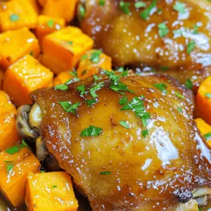 - 4 chicken thighs (bone-in, skin-on) - 2 large sweet potatoes, peeled and cubed - ¼ cup honey - 4 cloves garlic, minced - 2 tablespoons soy sauce (low-sodium) - 1 tablespoon olive oil - ½ teaspoon ground ginger - ½ teaspoon smoked paprika - Salt and pepper to taste - Fresh parsley, chopped (for garnish) For the best flavor, choose fresh ingredients. Look for chicken thighs with good color and no strong odor. The sweet potatoes should feel firm and have smooth skin. Fresh garlic adds a nice kick, while high-quality honey gives a rich sweetness. Use low-sodium soy sauce to control salt levels in your dish. Olive oil should be extra virgin for the best taste. Feel free to add veggies like carrots or bell peppers for more color and flavor. You can swap chicken thighs for chicken breasts if you prefer. Try using maple syrup instead of honey for a different sweet note. If you want a kick, add red pepper flakes to the marinade. This dish is flexible, so get creative with what you have! First, set your oven to 400°F (200°C). This high heat helps to crisp the chicken skin. Line a large baking sheet with parchment paper. The paper makes cleanup easy. You want to make sure there is enough space for both the chicken and sweet potatoes. In a small bowl, mix together the following: - ¼ cup honey - 4 cloves garlic, minced - 2 tablespoons soy sauce (low-sodium) - 1 tablespoon olive oil - ½ teaspoon ground ginger - ½ teaspoon smoked paprika - Salt and pepper to taste Stir until smooth. This mix gives the chicken its sweet and savory flavor. Brush it on the chicken for a tasty glaze. Take 2 large sweet potatoes and peel them. Then, cut them into small cubes. In a large bowl, drizzle them with olive oil, salt, and pepper. Toss well to coat every piece. This helps the sweet potatoes roast evenly. Arrange them on one side of the baking sheet. Leave room for chicken thighs on the other side. Start by laying out all your ingredients. Grab a large baking sheet and line it with parchment paper. This helps with easy cleanup later. Take the cubed sweet potatoes and toss them with olive oil, salt, and pepper in a big bowl. Coat them well. Spread the sweet potatoes on one side of the baking sheet. Make sure to leave enough room for the chicken thighs. Now, take your chicken thighs. Pat them dry with a paper towel. Place them skin-side up on the other side of the baking sheet. This helps the skin get crispy. Brush the honey garlic marinade over the chicken. Don’t be shy! Let some of the sauce drip onto the sweet potatoes for added flavor. Put the baking sheet in your preheated oven at 400°F (200°C). Roast everything for about 25 to 30 minutes. The sweet potatoes should be tender, and the chicken should be golden brown. To check the chicken, use a meat thermometer. It needs to reach at least 165°F (75°C) to be safe to eat. If you don't have a thermometer, cut into the chicken. It should not be pink inside. To ensure even cooking, stir the sweet potatoes halfway through. This helps them roast evenly and prevents burning. Keep an eye on the chicken as well. If it looks like it's browning too fast, you can cover it loosely with foil. This will prevent the skin from burning while the inside cooks through. After roasting, let the dish rest for about five minutes before serving. This helps the juices settle for a more flavorful bite. {{image_2}} Choose bone-in, skin-on chicken thighs for this dish. The skin adds flavor and moisture. Pat the thighs dry before cooking. This helps the skin get crispy. Use a meat thermometer to check doneness. Chicken should reach 165°F (75°C) inside. Let the chicken rest for a few minutes after cooking. This keeps it juicy and tender. Start with fresh, firm sweet potatoes. Peel and cube them into even pieces. This ensures they cook evenly. Toss them with olive oil, salt, and pepper. For extra flavor, try adding herbs like rosemary or thyme. You can also sprinkle a little cinnamon for warmth. Stir the sweet potatoes halfway through roasting. This helps them brown and caramelize nicely. Do not overcrowd the baking sheet. Give each piece space for heat to circulate. Avoid using too much liquid in the marinade. A thick layer is best for flavor. Watch cooking times closely. Overcooked chicken can become dry. Lastly, remember to rest the chicken before serving. This step is key for juicy meat. You can easily switch the chicken for other proteins. Try bone-in, skin-on chicken thighs for juicy flavor. If you want something lighter, use boneless chicken breast. For a unique twist, use pork tenderloin. You can also try tofu for a vegetarian option. Just make sure to adjust cooking times for each protein type. Sweet potatoes are great, but you can add other veggies too. Carrots add nice sweetness and color. Broccoli florets work well, adding a crunchy bite. Bell peppers bring a pop of color and flavor. Zucchini slices roast quickly and soak up the marinade. Keep in mind, different veggies may need slight adjustments in cooking time. The honey garlic marinade is a hit, but feel free to mix it up. Add lime juice for a citrus zing. Using maple syrup instead of honey gives a rich taste. For heat, try adding crushed red pepper flakes. Swap soy sauce for teriyaki for a sweet twist. You can even experiment with herbs like rosemary or thyme for fresh notes. After cooking, let the dish cool down to room temperature. Use an airtight container to store the chicken and sweet potatoes. This keeps them fresh and prevents odors from mixing in your fridge. Make sure to separate the chicken from the sweet potatoes if you want to keep their textures better. When stored properly, Honey Garlic Chicken and sweet potatoes last about three to four days in the fridge. If you want to keep it longer, think about freezing it! This can extend the life of your meal to about three months. Just make sure to use freezer-safe containers. To reheat, the oven works best. Preheat it to 350°F (175°C). Place the chicken and sweet potatoes on a baking sheet. Heat them for about 15-20 minutes until warmed through. If you like, you can cover the dish with foil to keep it moist. You could also use a microwave, but the oven will give you better results. This blog post covered key parts for cooking a great dish. We discussed the best ingredients and how to choose quality ones. I shared steps for making a tasty honey garlic marinade and prepping sweet potatoes. You learned the right cooking times and tips to avoid mistakes. Take these ideas and try making your dish. Think about the fun variations to keep it fresh. With practice, you'll master this recipe. Enjoy your cooking!