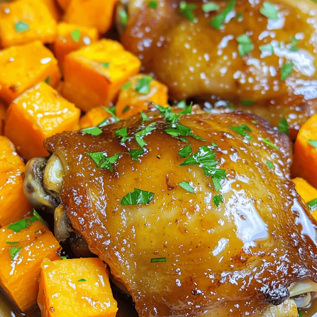 - 4 chicken thighs (bone-in, skin-on) - 2 large sweet potatoes, peeled and cubed - ¼ cup honey - 4 cloves garlic, minced - 2 tablespoons soy sauce (low-sodium) - 1 tablespoon olive oil - ½ teaspoon ground ginger - ½ teaspoon smoked paprika - Salt and pepper to taste - Fresh parsley, chopped (for garnish) For the best flavor, choose fresh ingredients. Look for chicken thighs with good color and no strong odor. The sweet potatoes should feel firm and have smooth skin. Fresh garlic adds a nice kick, while high-quality honey gives a rich sweetness. Use low-sodium soy sauce to control salt levels in your dish. Olive oil should be extra virgin for the best taste. Feel free to add veggies like carrots or bell peppers for more color and flavor. You can swap chicken thighs for chicken breasts if you prefer. Try using maple syrup instead of honey for a different sweet note. If you want a kick, add red pepper flakes to the marinade. This dish is flexible, so get creative with what you have! First, set your oven to 400°F (200°C). This high heat helps to crisp the chicken skin. Line a large baking sheet with parchment paper. The paper makes cleanup easy. You want to make sure there is enough space for both the chicken and sweet potatoes. In a small bowl, mix together the following: - ¼ cup honey - 4 cloves garlic, minced - 2 tablespoons soy sauce (low-sodium) - 1 tablespoon olive oil - ½ teaspoon ground ginger - ½ teaspoon smoked paprika - Salt and pepper to taste Stir until smooth. This mix gives the chicken its sweet and savory flavor. Brush it on the chicken for a tasty glaze. Take 2 large sweet potatoes and peel them. Then, cut them into small cubes. In a large bowl, drizzle them with olive oil, salt, and pepper. Toss well to coat every piece. This helps the sweet potatoes roast evenly. Arrange them on one side of the baking sheet. Leave room for chicken thighs on the other side. Start by laying out all your ingredients. Grab a large baking sheet and line it with parchment paper. This helps with easy cleanup later. Take the cubed sweet potatoes and toss them with olive oil, salt, and pepper in a big bowl. Coat them well. Spread the sweet potatoes on one side of the baking sheet. Make sure to leave enough room for the chicken thighs. Now, take your chicken thighs. Pat them dry with a paper towel. Place them skin-side up on the other side of the baking sheet. This helps the skin get crispy. Brush the honey garlic marinade over the chicken. Don’t be shy! Let some of the sauce drip onto the sweet potatoes for added flavor. Put the baking sheet in your preheated oven at 400°F (200°C). Roast everything for about 25 to 30 minutes. The sweet potatoes should be tender, and the chicken should be golden brown. To check the chicken, use a meat thermometer. It needs to reach at least 165°F (75°C) to be safe to eat. If you don't have a thermometer, cut into the chicken. It should not be pink inside. To ensure even cooking, stir the sweet potatoes halfway through. This helps them roast evenly and prevents burning. Keep an eye on the chicken as well. If it looks like it's browning too fast, you can cover it loosely with foil. This will prevent the skin from burning while the inside cooks through. After roasting, let the dish rest for about five minutes before serving. This helps the juices settle for a more flavorful bite. {{image_2}} Choose bone-in, skin-on chicken thighs for this dish. The skin adds flavor and moisture. Pat the thighs dry before cooking. This helps the skin get crispy. Use a meat thermometer to check doneness. Chicken should reach 165°F (75°C) inside. Let the chicken rest for a few minutes after cooking. This keeps it juicy and tender. Start with fresh, firm sweet potatoes. Peel and cube them into even pieces. This ensures they cook evenly. Toss them with olive oil, salt, and pepper. For extra flavor, try adding herbs like rosemary or thyme. You can also sprinkle a little cinnamon for warmth. Stir the sweet potatoes halfway through roasting. This helps them brown and caramelize nicely. Do not overcrowd the baking sheet. Give each piece space for heat to circulate. Avoid using too much liquid in the marinade. A thick layer is best for flavor. Watch cooking times closely. Overcooked chicken can become dry. Lastly, remember to rest the chicken before serving. This step is key for juicy meat. You can easily switch the chicken for other proteins. Try bone-in, skin-on chicken thighs for juicy flavor. If you want something lighter, use boneless chicken breast. For a unique twist, use pork tenderloin. You can also try tofu for a vegetarian option. Just make sure to adjust cooking times for each protein type. Sweet potatoes are great, but you can add other veggies too. Carrots add nice sweetness and color. Broccoli florets work well, adding a crunchy bite. Bell peppers bring a pop of color and flavor. Zucchini slices roast quickly and soak up the marinade. Keep in mind, different veggies may need slight adjustments in cooking time. The honey garlic marinade is a hit, but feel free to mix it up. Add lime juice for a citrus zing. Using maple syrup instead of honey gives a rich taste. For heat, try adding crushed red pepper flakes. Swap soy sauce for teriyaki for a sweet twist. You can even experiment with herbs like rosemary or thyme for fresh notes. After cooking, let the dish cool down to room temperature. Use an airtight container to store the chicken and sweet potatoes. This keeps them fresh and prevents odors from mixing in your fridge. Make sure to separate the chicken from the sweet potatoes if you want to keep their textures better. When stored properly, Honey Garlic Chicken and sweet potatoes last about three to four days in the fridge. If you want to keep it longer, think about freezing it! This can extend the life of your meal to about three months. Just make sure to use freezer-safe containers. To reheat, the oven works best. Preheat it to 350°F (175°C). Place the chicken and sweet potatoes on a baking sheet. Heat them for about 15-20 minutes until warmed through. If you like, you can cover the dish with foil to keep it moist. You could also use a microwave, but the oven will give you better results. This blog post covered key parts for cooking a great dish. We discussed the best ingredients and how to choose quality ones. I shared steps for making a tasty honey garlic marinade and prepping sweet potatoes. You learned the right cooking times and tips to avoid mistakes. Take these ideas and try making your dish. Think about the fun variations to keep it fresh. With practice, you'll master this recipe. Enjoy your cooking!