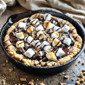 To make the S'mores Chocolate Chip Skillet Cookie, gather these key ingredients: - 1 cup all-purpose flour - 1/2 teaspoon baking soda - 1/4 teaspoon salt - 1/2 cup unsalted butter, softened - 1/2 cup brown sugar, packed - 1/2 cup granulated sugar - 1 teaspoon vanilla extract - 1 large egg - 1 cup semi-sweet chocolate chips - 1 cup graham cracker crumbs - 1 cup mini marshmallows These ingredients create a rich and gooey cookie that brings the campfire classic right to your kitchen. You can enhance your skillet cookie with these fun toppings and mix-ins: - Extra chocolate chips for a richer flavor - Chopped nuts like walnuts or pecans for crunch - A sprinkle of sea salt on top for balance - Caramel sauce drizzled for extra sweetness Feel free to get creative! You can mix and match based on what you love. If you have dietary restrictions or run out of something, here are some great substitutes: - Use coconut oil instead of butter for a dairy-free option - Substitute almond flour for all-purpose flour for a gluten-free treat - Swap brown sugar with coconut sugar for a healthier twist - Use egg replacer instead of an egg for a vegan version These swaps keep the cookie tasty while fitting your needs. First, set your oven to 350°F (175°C). This step is key for perfect baking. A preheated oven helps the cookie rise and bake evenly. Don’t skip this part for the best results! In a medium bowl, whisk together 1 cup of all-purpose flour, 1/2 teaspoon of baking soda, and 1/4 teaspoon of salt. This mix gives your cookie structure. Next, in a large bowl, cream together 1/2 cup of softened unsalted butter, 1/2 cup of brown sugar, and 1/2 cup of granulated sugar. Mix until the texture is light and fluffy. Then add 1 teaspoon of vanilla extract and 1 large egg, mixing well until combined. Now, slowly add the dry mix to the wet mix. Stir just until the dough comes together. Be careful not to overmix! Finally, fold in 1 cup of semi-sweet chocolate chips and 1 cup of graham cracker crumbs. This will give your cookie that signature s'mores flavor. Grease a 10-inch cast-iron skillet. Spread the dough evenly in the skillet. Press 1 cup of mini marshmallows into the top of the dough. This makes for a gooey, melty topping. Bake in your preheated oven for 25-30 minutes. Look for golden edges and a set center. Once done, take it out and let it cool for 5-10 minutes. Serve warm for the best gooey experience! To get the right texture, remember a few key points. First, mix the butter and sugars well. This step makes your cookie light and fluffy. Don’t overmix the dough once you add the flour. Stir just until the dry ingredients blend in. This keeps it chewy. Lastly, the mini marshmallows on top should be slightly toasted for that perfect crisp. Baking times may change based on skillet type. I recommend a cast-iron skillet for even heat. For a 10-inch skillet, bake for 25-30 minutes at 350°F. If you use a smaller skillet, check it around 20 minutes. The edges should be golden brown. The center needs to feel set but soft. Always keep an eye on it! Serving straight from the skillet is fun and cozy. Drizzle warm chocolate sauce over the top. Sprinkle extra graham cracker crumbs for a nice touch. For a warm experience, let it cool for just 5-10 minutes. This lets the gooey center shine. Use a large spoon to scoop out servings, and enjoy every bite! {{image_2}} You can enjoy this skillet cookie without gluten. Use gluten-free all-purpose flour instead of regular flour. Check the label to ensure it has xanthan gum. This helps bind the cookie. The taste stays rich and delicious. To make this cookie vegan, swap the egg for a flax egg. Mix 1 tablespoon of flaxseed meal with 2.5 tablespoons of water. Let it sit for a few minutes to thicken. Use vegan butter instead of regular butter. Choose dairy-free chocolate chips to keep it vegan. Get creative with flavors! Add peanut butter chips for a nutty taste. Use white chocolate chips for a sweeter twist. Try adding chopped nuts, like walnuts or pecans, for crunch. You can even mix in dried fruit, like cranberries or cherries, for a fruity touch. Each option gives your cookie a fun new spin! To store leftovers, let the skillet cookie cool completely. Cover the skillet with plastic wrap or foil. You can also transfer pieces to an airtight container. It stays fresh for about 3 days at room temperature. For longer storage, put it in the fridge. To reheat, slice a piece of the cookie. Place it on a microwave-safe plate. Heat for about 10-15 seconds. Check if it is warm but not too hot. You want it soft and gooey. If you prefer, you can also reheat it in the oven. Preheat the oven to 350°F. Bake for about 5-10 minutes. You can freeze this cookie for later. First, let it cool completely. Wrap the skillet tightly in plastic wrap, then in foil. You can also slice it and freeze individual pieces. They will last for about 2 to 3 months in the freezer. To enjoy, thaw it in the fridge overnight, then reheat. Yes, you can use other types. Milk chocolate or dark chocolate work well. They add unique flavors to your cookie. Each type brings its own sweetness. If you like nuts, try adding chopped walnuts or pecans. For a twist, use white chocolate chips or even peanut butter chips. Look for golden brown edges and a set center. You can insert a toothpick in the middle. If it comes out clean, it's done. If not, bake it a few more minutes. The cookie will continue to cook a bit after you take it out. Don't overbake, or it will be dry. This cookie is great on its own, but you can add more fun! Serve it warm with vanilla ice cream. Drizzle chocolate or caramel sauce on top. Fresh berries or whipped cream can also enhance the flavor. For a more s'mores feel, add extra graham cracker crumbs and marshmallows to the top. Enjoy! In this post, we covered how to make a tasty S'mores Chocolate Chip Skillet Cookie. We explored the key ingredients and shared optional toppings for extra fun. You learned step-by-step instructions, along with tips for the perfect bake. We discussed variations to fit different diets and how to store your cookie. Remember, baking is all about practice. Enjoy the process and share your creations!