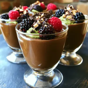 - 2 ripe avocados, peeled and pitted - 1/2 cup unsweetened cocoa powder - 1/4 cup maple syrup (or honey) The star of this recipe is ripe avocados. They bring a creamy texture and healthy fats. Choose avocados that are slightly soft when you press them gently. Next, you need unsweetened cocoa powder. This gives the mousse its rich chocolate flavor without added sugars. Lastly, sweeteners like maple syrup or honey balance the cocoa's bitterness. You can adjust the sweetness to your taste. - 2 tablespoons nut butter for richness - 1/4 cup almond milk (or any milk of choice) - Fresh berries, shaved dark chocolate, or chopped nuts for toppings Adding nut butter makes the mousse even richer. You can use almond, peanut, or any nut butter you love. Almond milk adds extra creaminess, but you can use any milk you prefer. For a beautiful finish, top your mousse with fresh berries, shaved dark chocolate, or chopped nuts. These toppings not only look great but also add flavor and texture to your dessert. Enjoy creating this rich and creamy delight! Start by peeling and pitting the avocados. You want ripe avocados for the best taste. Cut them in half, remove the pit, and scoop out the green flesh with a spoon. This part is easy and fun! Next, measure out the cocoa powder and sweeteners. Use 1/2 cup of unsweetened cocoa powder. For sweeteners, you can choose 1/4 cup of maple syrup or honey, depending on your taste. Now it’s time to blend! Place the avocados, cocoa powder, maple syrup, almond milk, vanilla extract, and a pinch of sea salt in a food processor. This is where the magic happens. Blend on high until the mix is creamy and smooth. Don’t forget to scrape down the sides. This helps to combine all the ingredients well. If you want a richer taste, add 2 tablespoons of nut butter and blend again. Taste the mousse to see if you want it sweeter. If so, add more maple syrup or honey and blend again. Once your mousse is perfect, spoon it into serving dishes or cups. You can enjoy it right away, but I recommend chilling it for at least 30 minutes. This gives it a firmer texture. For a lovely touch, serve it with fresh berries, shaved dark chocolate, or chopped nuts. Using clear cups makes it look even nicer, showing off that rich, dark color. Enjoy your delicious treat! To avoid lumps in your avocado chocolate mousse, blend the ingredients well. Start with ripe avocados. They should feel soft when you press them. If they’re hard, the mousse will not be smooth. Use a good food processor. Blend for at least 1-2 minutes on high. Stop to scrape down the sides. This helps mix everything evenly. If you still see lumps, blend again for another minute. To taste and modify sweetness, try the mousse after blending. If it’s not sweet enough, add more maple syrup or honey. Blend again to mix it well. You can also use other sweeteners like agave or stevia. Start with a small amount. You can always add more if needed. This keeps your mousse at the right sweetness for your taste. For a creative serving suggestion, use glass cups or bowls. This shows off the rich, dark color of the mousse. Top it with fresh berries, shaved dark chocolate, or chopped nuts. These add color and texture. You could also pair it with a light cookie or a scoop of ice cream. This makes the dessert more fun and exciting! {{image_2}} You can make this mousse even more fun. Adding extracts like peppermint or almond gives a new twist. Just a few drops will change the flavor. Try mixing in spices, too. A pinch of cinnamon adds warmth, while a dash of cayenne gives it a kick. These small changes can make your mousse special and unique. If you follow a vegan diet, this mousse is great for you! Use maple syrup instead of honey. For a nut-free option, skip the nut butter or use sunflower seed butter. This keeps the mousse creamy without dairy. You can enjoy this treat while sticking to your dietary needs. Plus, it's gluten-free, making it a hit for many. You might not have all the ingredients on hand. No worries! If you don’t have nut butter, try tahini or sunflower seed butter. These alternatives still add richness. For the almond milk, any milk works well. Coconut milk adds a fun twist, too. Just pick what you have, and your mousse will still taste amazing. To keep your avocado chocolate mousse fresh, store it in an airtight container. This helps prevent it from absorbing other flavors in the fridge. Always cover the top with plastic wrap. This stops any browning from the avocado. You can keep the mousse in the fridge for up to three days. After that, it may lose its smooth texture and flavor. Yes, you can freeze avocado chocolate mousse! It freezes well and still tastes great when thawed. To freeze, place the mousse in a freezer-safe container. Leave some space at the top for expansion. When you’re ready to enjoy it again, take it out and let it thaw in the fridge overnight. To serve, stir it gently to restore its creamy texture. You might want to add a fresh topping, like berries or nuts, for a nice touch. No, you cannot taste the avocado in this mousse. The chocolate flavor shines through. The creamy texture comes from the ripe avocados. This mousse tastes rich and smooth, just like a traditional mousse. Unlike a classic mousse made with eggs and cream, this one has no dairy. The cocoa powder masks the avocado flavor well. Yes, avocado chocolate mousse is healthy. Avocados are full of good fats and nutrients. They are high in fiber, which helps digestion. A serving of this mousse has fewer calories than a typical chocolate mousse. The main ingredients are nutritious and offer health benefits. To make a sugar-free version, use a sugar substitute like stevia or erythritol. These alternatives can add sweetness without calories. Adjust the sweetness by adding a small amount, then taste it. You may need to mix it more to blend well. This way, you enjoy a sweet treat without the sugar. You now know how to make a delicious avocado chocolate mousse. We discussed the key ingredients, like ripe avocados and cocoa powder, and optional ones to enhance the flavor. I shared steps for blending and serving, alongside tips for achieving the right texture. You can also explore variations and storage options to suit your tastes. This mousse is not just tasty; it's healthy, too. You can enjoy a dessert that delights and nourishes. Experiment with flavors and enjoy your creation!