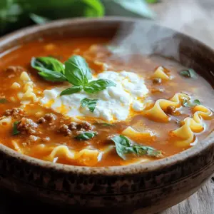 - 1 lb ground beef or Italian sausage - 1 medium onion, diced - 2 garlic cloves, minced - 1 can (28 oz) crushed tomatoes - 4 cups beef or vegetable broth - 2 cups uncooked pasta (like lasagna noodles broken into pieces or fusilli) - 1 teaspoon dried oregano - 1 teaspoon dried basil - 1/2 teaspoon red pepper flakes (optional) - Salt and pepper to taste - 1 cup ricotta cheese - 1 cup shredded mozzarella cheese - 1/2 cup grated Parmesan cheese - Fresh basil leaves for garnish When I make cozy lasagna soup, I gather these simple ingredients. First, I choose my meat. Ground beef or Italian sausage adds great flavor. Next, I dice one medium onion and mince two garlic cloves. These veggies give the soup a nice base. For the liquid, I use one can of crushed tomatoes and four cups of broth. Beef or vegetable broth works well. Then, I pick my pasta. I either break lasagna noodles or use fusilli. Both options cook well in the soup. To flavor the dish, I add dried oregano, dried basil, and red pepper flakes. Salt and pepper are also key to taste. For the creamy finish, I grab ricotta, mozzarella, and Parmesan cheese. Finally, fresh basil leaves make a lovely garnish. This list makes a hearty, flavorful soup that warms my heart. Each ingredient plays a role in creating that cozy feel. 1. Browning the meat In a large pot, I start by browning 1 pound of ground beef or Italian sausage. I cook it over medium heat until it's fully browned. This takes about 5-7 minutes. I drain any excess fat afterward. 2. Sautéing the onions and garlic Next, I add 1 medium diced onion to the pot. I sauté it for about 3-4 minutes until it's soft. Then, I toss in 2 minced garlic cloves and cook for another minute. This step fills the kitchen with a delicious aroma. 3. Combining liquids and seasonings After that, I pour in 1 can of crushed tomatoes and 4 cups of beef or vegetable broth. I stir to mix everything well. Then, I add 1 teaspoon of dried oregano, 1 teaspoon of dried basil, and 1/2 teaspoon of red pepper flakes if I want some heat. I season with salt and pepper to taste. 4. Adding pasta and cooking time I bring the mixture to a boil. Then, I reduce the heat and add 2 cups of uncooked pasta, either broken lasagna noodles or fusilli. I let it simmer for about 15 minutes, stirring occasionally. I want the pasta to be al dente, so I keep an eye on it. 1. Preparing the ricotta cheese blend While the soup simmers, I mix together 1 cup of ricotta cheese, half of 1 cup of shredded mozzarella, and 1/2 cup of grated Parmesan cheese in a small bowl. I add a pinch of salt and pepper to enhance the flavor. 2. Swirling the cheese into the soup Once the pasta is cooked, I remove the pot from heat. I ladle the soup into bowls and swirl in a generous spoonful of the ricotta mixture. This gives the soup a creamy texture. 1. Ladling into bowls and garnishing I serve the soup by ladling it into bowls. I top each bowl with the remaining mozzarella cheese. I let it melt slightly from the heat of the soup. 2. Optional toppings Finally, I garnish with fresh basil leaves. This adds color and freshness to my cozy lasagna soup. Choosing the right meat and cheese combinations: I find that ground beef or Italian sausage works best. The sausage adds a nice spice. For cheese, a blend of ricotta, mozzarella, and Parmesan gives great flavor and creaminess. Tips for cooking pasta in the soup: Use uncooked pasta like broken lasagna noodles or fusilli. Add the pasta during the last 15 minutes of cooking. This keeps the pasta firm and prevents it from getting mushy. Stir often to make sure it cooks evenly. Adjusting spice levels: You can control the heat by adding red pepper flakes. Start with half a teaspoon. If you want more spice, add more to taste. Adding fresh herbs: Fresh basil leaves are a must for garnish. They brighten the dish and add freshness. You can also add some chopped parsley for more flavor. Overcooking pasta: Be careful not to let the pasta cook too long. It should be al dente, as it will continue to soften in the soup. Skipping the cheese garnish: Always top your soup with the cheese mixture. It melts into the soup and adds a creamy, rich taste. Don't skip this step. It's what makes the soup feel cozy and special. {{image_2}} You can switch up the meat in this cozy lasagna soup. Try using ground turkey or chicken instead of beef or sausage. This change cuts fat and adds a lighter taste. For a veggie version, mushrooms and spinach work great. Mushrooms add a rich, meaty flavor. Spinach brings a nice pop of color and nutrition. You can mix these options to make a dish that suits your taste. If you're gluten-free, swap regular pasta for gluten-free options. Many brands offer pasta that cooks well and tastes great in soup. For those who need dairy-free options, use dairy-free cheese. This choice allows everyone to enjoy the dish without worry. There are many tasty alternatives to ricotta and mozzarella available in stores today. Adding different herbs and spices can change the soup's flavor. Try rosemary or thyme for a twist. You can also increase the heat with more red pepper flakes or add chili powder. Consider incorporating extra vegetables for added nutrition. Carrots, zucchini, or bell peppers can enhance flavor and make the soup heartier. These small changes keep the dish fresh and exciting every time you make it. To store leftovers, let the soup cool down first. Then, place it in an airtight container. This keeps it fresh and safe. You can store it in the fridge for up to three days. If you want to keep it longer, you can freeze it. To freeze the soup, let it cool completely. Then, pour it into freezer-safe bags or containers. Make sure to leave some space for expansion. Label the bags with the date. The soup can last up to three months in the freezer. When you want to eat it, take it out and thaw it overnight in the fridge. To reheat the soup, pour it into a pot over medium heat. Stir it often to avoid burning. If the soup looks thick, add a splash of broth or water. You can also use the microwave. Heat it in short bursts, stirring in between. This keeps the texture nice and smooth. Enjoy your cozy lasagna soup just like when you first made it! You can store lasagna soup in the fridge for up to three days. Make sure to keep it in an airtight container. This helps keep the soup fresh and tasty. Before you eat it, check for any off smells or changes in texture. Yes, this lasagna soup freezes well. Let it cool completely before placing it in a freezer-safe container. Make sure to leave some space for it to expand as it freezes. It can last up to three months in the freezer. When you’re ready to eat, thaw it in the fridge overnight. Reheat it on the stove until it's hot. If you want a dairy-free option, you can use tofu blended with a bit of lemon juice. For a low-fat choice, consider cottage cheese. Both work well in this soup, giving it a nice, creamy texture without the added fat. Yes, you can make this soup vegetarian. Simply swap the ground beef or sausage for lentils or mushrooms. Use vegetable broth instead of beef broth. This way, you keep all the great flavors while making it meat-free. To add some heat, stir in more red pepper flakes. You can also add diced jalapeños or hot sauce. Start with a small amount, then taste and adjust to your liking. This way, you can find the perfect spice level for your taste buds. This blog post shared how to make a delicious lasagna soup. We covered key ingredients like meats, vegetables, and cheeses. I provided step-by-step cooking instructions and tips to enhance flavor. We looked at ingredient swaps for dietary needs and storage info for leftovers. As you prepare this dish, don't forget to have fun and make it yours. Enjoy your tasty and cozy lasagna soup!