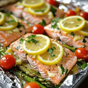 - 4 salmon fillets (6 oz each) - 4 tablespoons unsalted butter, melted - 4 cloves garlic, minced Salmon fillets are the star of this dish. They are rich in healthy fats. The unsalted butter adds a creamy layer of flavor. Fresh garlic brings a punch of zest. Together, these ingredients create a tasty base. - 2 lemons (1 sliced, 1 for juice) - 1 teaspoon dried thyme - 1 teaspoon dried parsley - 1 cup cherry tomatoes, halved - 1 cup asparagus, trimmed Lemon slices add freshness and brightness. They balance the richness of the salmon. Lemon juice gives the dish a tangy kick. Fresh herbs like thyme and parsley bring depth. Cherry tomatoes and asparagus add color and texture. They make the meal more fun and vibrant. - Salt and pepper - Fresh parsley for garnish Salt and pepper are essential for flavor. They enhance all the other ingredients. Fresh parsley adds a pop of color when served. It makes your dish look lovely and appetizing. 1. Preheating the oven: Start by setting your oven to 400°F (200°C). This high heat helps cook the salmon quickly and keeps it tender. 2. Cutting the aluminum foil: Next, cut four large pieces of aluminum foil. Each piece should measure about 12x16 inches. This size gives you enough room to wrap the salmon and veggies snugly. 1. Placing salmon and vegetables on the foil: Put one salmon fillet in the center of each piece of foil. On one side, add a cup of halved cherry tomatoes and a cup of trimmed asparagus. This adds color and nutrition. 2. Adding the garlic butter mixture: In a small bowl, mix melted butter, minced garlic, lemon juice, thyme, parsley, salt, and pepper. Drizzle this mixture over the salmon. Then, place lemon slices on top. This will give the salmon a bright flavor. 1. Sealing the packets properly: Fold the foil over the salmon and veggies. Press the edges together tightly to seal. Make sure there are no gaps for steam to escape. This keeps the salmon moist. 2. Cooking time and temperature guidance: Place the foil packets on a baking sheet and bake them in the preheated oven for 15-20 minutes. The salmon is done when it flakes easily with a fork. Open the packets carefully to avoid steam burns. Enjoy the fresh flavors of your Lemon Garlic Butter Salmon Foil Packs! How do I check for doneness? To check salmon, insert a fork into the thickest part. If it flakes easily, it’s done. You can also use a food thermometer. The ideal internal temperature is 145°F. How can I avoid overcooking? Overcooking can dry out salmon. Keep an eye on the time. Start checking at 15 minutes. If you see the fish turning opaque, it’s close to being ready. Remove it from heat right away to keep it juicy. What herbs and spices work well? You can switch up the herbs. Try dill or basil for a fresh twist. A pinch of red pepper flakes adds a nice kick. Experiment with your favorite flavors to make it your own. Can I use different vegetables? Yes! You can add bell peppers, zucchini, or even broccoli. Just cut them into similar sizes. This way, they cook evenly with the salmon. Mix and match what you have on hand. What are the best practices for sealing the packets? Make sure to fold the edges tightly to trap steam. Leave some space inside the pack for the salmon and veggies to breathe. This helps cook them evenly and keeps the flavors in. What tips do you have for easy cleanup? Line your baking sheet with parchment paper. This helps catch drips from the foil. You can also use non-stick foil. This makes it easier to remove the salmon without sticking. {{image_2}} You can swap salmon for other proteins. Shrimp cooks fast and adds a nice twist. Use about 1 pound of shrimp, peeled and deveined. Just like the salmon, you’ll season them with the garlic butter. Chicken is another great option. Use boneless chicken breasts for a tasty change. Cook them for about 20-25 minutes, as they need a bit longer. Seasonal vegetables can make your dish even better. In spring, try using fresh peas or green beans. In summer, zucchini or bell peppers work well. For fall, consider adding butternut squash or Brussels sprouts. Just chop them up and mix with the garlic butter like you do with asparagus and tomatoes. You can change the flavors for a new experience. For an Asian twist, add soy sauce and ginger to the garlic butter. Top the salmon with sliced green onions and sesame seeds. For a Mediterranean flavor, use olive oil instead of butter. Add olives, artichokes, and oregano to the foil pack for a fresh taste. The options are endless! To keep your leftovers fresh, let the salmon cool first. Place it in an airtight container. Refrigerate it within two hours. It will stay good for up to three days. For longer storage, freeze your leftovers. Wrap them tightly in plastic wrap, then foil. This keeps out air and prevents freezer burn. You have two main choices for reheating: microwave or oven. For the microwave, place the salmon on a microwave-safe plate. Cover it with a damp paper towel. Heat in short bursts of 30 seconds. Check to avoid overcooking. If you prefer the oven, preheat it to 350°F (175°C). Place the foil packet on a baking sheet. Heat for about 10-15 minutes. This method helps keep the fish moist and full of flavor. Pair your salmon with side dishes like rice, quinoa, or a fresh salad. Roasted potatoes also work well. For a vibrant touch, add lemon wedges on the plate. To make it look fancy, sprinkle some fresh parsley on top. This adds color and flavor to your dish. Cooking salmon in foil takes about 15 to 20 minutes at 400°F (200°C). The time may vary based on the thickness of the salmon fillets. A good rule is to cook until the salmon flakes easily with a fork. Keep an eye on it, as overcooking can make the fish dry. Yes, you can use frozen salmon! Just increase the cooking time by about 5 to 10 minutes. Make sure the salmon is fully cooked and flakes easily. You can still enjoy that tasty lemon garlic flavor even with frozen fish. If you want to replace butter, try olive oil or coconut oil. You can also use vegan butter for a dairy-free option. Each of these will give a nice flavor while keeping your dish rich and moist. This article covered everything you need for making lemon garlic butter salmon foil packs. We explored the key ingredients, shared step-by-step instructions, and offered tips for perfect cooking. You can even try variations using different proteins and veggies. Don’t forget to store your leftovers properly for tasty meals later. With this guide, cooking salmon becomes easy and fun. Now, enjoy creating your foil packs and impressing your friends and family!