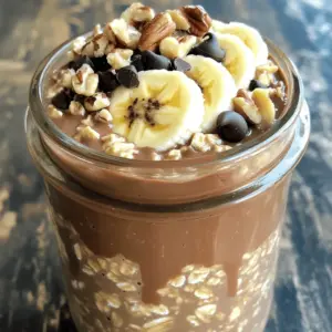 To make Peanut Butter Chocolate Overnight Oats, you need a few simple ingredients. Here’s what you will need: - 1 cup rolled oats - 2 cups almond milk (or any milk of choice) - 2 tablespoons peanut butter - 1 tablespoon cocoa powder - 2 tablespoons maple syrup (or honey) - 1 teaspoon vanilla extract - 1/4 teaspoon salt - Optional toppings: chopped nuts, banana slices, or dark chocolate chips These ingredients work together to create a creamy and tasty breakfast. The oats soak up the milk overnight, making them soft and ready to eat. If you don’t have some of these ingredients, don’t worry! You can make easy swaps: - Milk: Use any type of milk, like cow's milk, soy milk, or oat milk. - Peanut butter: Almond butter or sunbutter works great too. - Maple syrup: Honey or agave syrup can replace maple syrup. - Cocoa powder: Use carob powder for a different flavor. Feel free to experiment with what you have in your kitchen! Understanding measurements can help you adjust this recipe. Here are some easy conversions: - 1 cup = 8 ounces - 1 tablespoon = 3 teaspoons - 1 teaspoon = 1/3 tablespoon If you need to make more or less, just multiply or divide these amounts. This flexibility makes it easy to enjoy your oats just the way you like! First, gather all your ingredients. You need: - 1 cup rolled oats - 2 cups almond milk (or any milk you like) - 2 tablespoons peanut butter - 1 tablespoon cocoa powder - 2 tablespoons maple syrup (or honey) - 1 teaspoon vanilla extract - 1/4 teaspoon salt - Optional toppings like chopped nuts, banana slices, or dark chocolate chips In a medium-sized bowl or jar, mix the rolled oats and almond milk. Then, add the peanut butter, cocoa powder, maple syrup, vanilla extract, and salt. Use a whisk to mix everything well. Make sure there are no lumps from the cocoa or peanut butter. Once combined, divide the mixture into two jars or containers. Leave space for toppings. When you whisk, use a firm motion to break up any clumps. If you find it hard to mix, try warming the peanut butter slightly. This makes it easier to stir. Pouring can be messy, so use a funnel if needed. This will keep your kitchen clean and make it easier to fill your jars. Seal the jars tightly and place them in the fridge. Let them chill overnight or for at least four hours. This allows the oats to soak up the milk and get soft. In the morning, take out your jars. Stir the oats well. If they seem too thick, add a splash of milk to adjust the texture. Enjoy your delicious and easy peanut butter chocolate overnight oats! You can change the taste of your oats easily. Add a splash of coffee for a mocha flavor. Use different nut butters like almond or cashew for a fun twist. Mix in spices like cinnamon for a warm touch. You can also try different sweeteners, like agave or brown sugar, to switch things up. The milk you use can change the texture and taste. Almond milk works great for a nutty flavor. If you want creamier oats, try coconut milk. You can use dairy milk for a rich, smooth taste. Each type of milk gives your oats a unique spin. This recipe is perfect for meal prep. You can whip it up in just 10 minutes. Store it in the fridge overnight, and it’s ready to go in the morning. You can make a few jars at once for easy breakfasts all week. Just stir before eating and add your toppings for a fresh taste. {{image_2}} You can add fruits and nuts to your overnight oats for extra flavor. Fresh fruits like bananas, strawberries, or blueberries work great. They add sweetness and texture. You can also add nuts like almonds or walnuts for a crunchy bite. Just sprinkle them on top before serving. This makes your oats more fun and tasty! If you love chocolate, try adding chocolate chips or cacao nibs. They boost the chocolate flavor and make it even more delicious. You can also swap cocoa powder for chocolate protein powder. This adds extra nutrition too. Mix in some chocolate syrup if you want a sweeter taste. These simple changes make your oats a chocolate lover’s dream! For a lighter version, use unsweetened almond milk instead of regular milk. You can reduce the maple syrup or honey for less sugar. Try using natural peanut butter without added sugar. This keeps the flavors rich but cuts down on the calories. You can also add chia seeds for extra fiber and protein. These swaps keep your breakfast healthy and still tasty! To keep your Peanut Butter Chocolate Overnight Oats fresh, store them in airtight containers. Glass jars work well because they seal tightly. Make sure to leave some space at the top for toppings. This prevents spills and keeps everything neat in your fridge. Your oats will stay good for about 3 to 5 days in the fridge. After that, they may lose texture and flavor. If you notice any odd smells or changes in color, it’s best to toss them. Always trust your senses when it comes to food safety. You can freeze your overnight oats if you want to make a bigger batch. Just place them in freezer-safe containers. They will last for up to 3 months in the freezer. When you're ready to eat, let them thaw in the fridge overnight. This way, you have a quick and tasty breakfast ready to go! Yes, you can make this recipe vegan easily. Just use almond milk or any plant-based milk. Replace honey with maple syrup for sweetness. This way, you keep it delicious and vegan-friendly. You won’t miss the dairy at all! To avoid mushy oats, use less liquid. You can start with one and a half cups of milk instead of two. Letting the oats sit for a shorter time can help too. If you find them too soft, mix in some extra toppings like nuts or seeds. This adds crunch and makes them more enjoyable. If you want a different flavor, try almond butter or sunflower seed butter. These options taste great and keep the creaminess. You can also use tahini for a unique twist. Just make sure to adjust the sweetness if needed. You now have a clear guide for making delicious overnight oats. You learned about ingredients, measurement tips, and how to customize flavors. Don't forget the storage tips to keep your oats fresh. These steps make it easy to enjoy this tasty meal any day. Experiment with different fruits and nuts for fun variations. Use this guide to explore your creativity in the kitchen. Make your breakfast fun and healthy. You can easily enjoy overnight oats that fit your taste. Happy cooking!