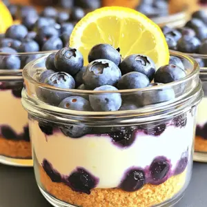 - 1 cup graham cracker crumbs - 4 tablespoons unsalted butter, melted - 16 oz cream cheese, softened - 1 cup fresh blueberries - 1 cup powdered sugar - 1 cup heavy whipping cream - 1/4 cup fresh lemon juice - Zest of 1 lemon - 1 teaspoon vanilla extract For this No-Bake Lemon Blueberry Cheesecake Jars delight, you need a few key ingredients. First, the graham cracker crumbs create a tasty crust. Mix them with melted butter for a rich base. Then, you’ll need cream cheese, which gives the cheesecake its creamy texture. Fresh blueberries add a burst of flavor and color. Next, add powdered sugar for sweetness. Heavy whipping cream makes your cheesecake light and fluffy. For that zesty kick, fresh lemon juice and lemon zest are essential. Lastly, a touch of vanilla extract rounds out the flavor. These ingredients work together to create a refreshing and delicious dessert. To start, you need to make the crust. In a medium bowl, mix 1 cup of graham cracker crumbs with 4 tablespoons of melted unsalted butter. Stir until it looks like wet sand. This mixture will give your jars a nice base. Next, you will divide the crust mixture among your jars. Press it down firmly to form a solid layer. This step is key to hold everything together later. Now it’s time for the cheesecake filling. In a large bowl, beat 16 oz of softened cream cheese and 1 cup of powdered sugar together. Mix until it’s smooth and creamy. This step ensures your filling is sweet and rich. Add 1/4 cup of fresh lemon juice, the zest of 1 lemon, and 1 teaspoon of vanilla extract. Stir again until everything is well combined. The lemon gives a bright flavor that pairs perfectly with the blueberries. In another bowl, whip 1 cup of heavy whipping cream until it forms stiff peaks. This means it should hold its shape when you lift the beaters. Gently fold the whipped cream into the cheesecake mixture. Be careful not to deflate the cream. This keeps your filling light and fluffy. Now, it’s time to layer your jars. Spoon or pipe the cheesecake filling over the crust until it’s about half full. Add a layer of 1 cup of fresh blueberries on top. Repeat this with another layer of filling and blueberries. Fill the jars to the top for a beautiful presentation. Finally, cover the jars and refrigerate them for at least 4 hours. This helps the cheesecake set. When you’re ready to serve, garnish with extra blueberries and a lemon slice for a lovely touch. To make your cheesecake smooth, start with softened cream cheese. Cold cream cheese can lead to lumps. Leave it out for about 30 minutes before mixing. This small step makes a big difference! When whipping cream, use a cold bowl and beaters. Cold tools help the cream whip up faster and better. Beat until stiff peaks form. This means the cream holds its shape well. Gently fold this whipped cream into your cheese mixture. Be careful not to mix too hard. You want to keep that light, airy texture. For garnishing, fresh blueberries and lemon slices work best. They add color and a burst of flavor. You can also use mint leaves for a green touch. This makes your jars look even more inviting. Using jars instead of a traditional cheesecake dish has perks. Jars make serving easy and fun. Each person gets their own portion. Plus, jars look cute on a table. They also keep the layers visible, showing off your hard work. One common mistake is overmixing the whipped cream. This can make it grainy and lose its fluffy texture. Mix just until combined. Another mistake is not chilling the jars long enough. They need at least four hours in the fridge. This helps the cheesecake set properly. If you skip this step, your cheesecake may be too soft. Be patient and let them chill! {{image_2}} You can easily change the flavor of your no-bake lemon blueberry cheesecake jars. Adding different fruits can create new tastes. Try using strawberries or raspberries for a twist. These fruits pair well with the lemon, giving you a fresh flavor. You can also experiment with flavored extracts. Try almond or coconut extract for a unique taste. A few drops will change the whole dessert. Just mix them in with the cream cheese for a fun surprise. Want to make this dessert gluten-free? It’s simple! Just swap out the regular graham crackers for gluten-free ones. Many brands offer delicious options that taste great. If you want a different crust, consider using crushed nuts or oats. Blend them with melted butter to create a tasty base. This change can add more texture and flavor to your jars. You can make this cheesecake dairy-free too! Substitute dairy-free cream cheese for the regular kind. Brands now offer great options that taste just as good. For the whipped cream, use a plant-based whipping cream. Look for options made from coconut or almond. This way, everyone can enjoy your yummy dessert, no matter their diet. To keep your no-bake lemon blueberry cheesecake jars fresh, store them in the fridge. Cover each jar with a lid or plastic wrap. This keeps the air out and prevents drying. If you want to freeze them, make sure to leave space at the top of each jar. This space allows the filling to expand as it freezes. In the fridge, these jars last for about 3 to 5 days. Always check for signs of spoilage before eating. If you see any mold or the filling smells off, it’s best to toss it. If you froze the jars, let them thaw in the fridge overnight for best results. Once thawed, the cheesecake may need a gentle stir to refresh the texture. Serve with extra blueberries or a slice of lemon on top. This adds a bright touch and makes each jar look even tastier! These cheesecake jars last about 3 to 5 days in the fridge. Keep them sealed to maintain freshness. After this time, the flavors may fade. If you see any mold or off smells, it’s best to toss them. Yes, you can! If you want less sugar, try using a sugar substitute like stevia or erythritol. Just adjust the amount to taste since some are much sweeter than sugar. You might also use coconut sugar, but it can change the color and taste a bit. Cleaning the jars is simple! Soak them in warm, soapy water for a few minutes. Use a soft sponge to remove any residue. Avoid using harsh scrubbers to keep the jars scratch-free. If needed, a little baking soda can help with tough stains. This blog post covered how to make delicious cheesecake jars. We explored the main ingredients, the steps to create the crust and filling, and tips to avoid mistakes. You can customize flavors, use gluten-free options, or try vegan alternatives. Proper storage and shelf life ensure you enjoy these treats longer. Now you have all the tools to make your own cheesecake jars. Get creative and enjoy every bite!