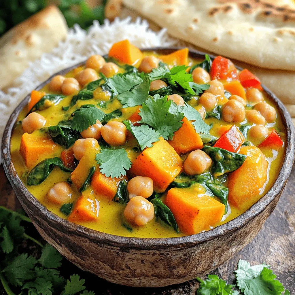 - 1 can (15 oz) chickpeas, drained and rinsed - 1 can (14 oz) coconut milk - 1 medium onion, diced - 3 cloves garlic, minced - 1 tablespoon fresh ginger, grated - 1 red bell pepper, diced - 1 carrot, sliced - 1 sweet potato, peeled and cubed - 2 cups vegetable broth - 2 tablespoons curry powder - 1 tablespoon soy sauce or tamari - 1 teaspoon turmeric - 1 teaspoon cumin - Salt and pepper to taste - 1 cup fresh spinach The main ingredients create a rich and tasty stew. Chickpeas are protein-packed and fill you up. Coconut milk adds creaminess and a sweet flavor. The veggies, like sweet potatoes and bell peppers, bring color and nutrients. - Olive oil - Salt and pepper These pantry staples are key to your stew. Olive oil helps sauté the onion and garlic, adding depth. Salt and pepper enhance all the flavors. Keep them handy for cooking. - Fresh cilantro for garnish - Lime wedges Garnishes make your dish look and taste even better. Fresh cilantro adds a nice touch. Lime juice gives a zesty kick. You can add these just before serving for extra flavor. Start by heating olive oil in a large skillet. Use medium heat to avoid burning. Add diced onion and cook for about five minutes. You want it to look soft and clear. Next, mix in minced garlic and grated ginger. Cook for another minute until you smell their nice aroma. Now, take your sautéed mix and move it to the slow cooker. Pour in the drained chickpeas and the creamy coconut milk. Add in the vegetable broth for a nice base. Sprinkle in curry powder, turmeric, cumin, salt, and pepper. Stir everything well, making sure it is mixed evenly. Next, layer the diced red bell pepper, sliced carrot, and cubed sweet potato over the mix. Gently stir again to blend all the ingredients. Cover the slow cooker and set it to cook. You can choose low for six to eight hours or high for three to four hours. The stew is done when the veggies feel soft. About thirty minutes before you serve, add fresh spinach and stir until it wilts. Adjust the taste if you need more seasoning. You can adjust cooking time based on your schedule. If you want it ready quickly, cook on high for 3-4 hours. For a more tender stew, cook on low for 6-8 hours. Check the veggies with a fork; they should be soft but not mushy. If you use larger vegetable pieces, add an extra hour to low cooking time. Seasoning can make or break your stew. Start with the recipe's base spices: curry powder, turmeric, and cumin. Taste it during cooking and adjust as needed. If you want a richer flavor, add a bit more curry powder or a pinch of salt. Fresh herbs, like cilantro, add a burst of flavor at the end. If you like spice, add red pepper flakes or fresh chili peppers. Start with a small amount, then taste before adding more. To make it milder, skip the red pepper flakes and reduce curry powder. You can also add a touch of honey or maple syrup to balance the heat. {{image_2}} You can swap chickpeas with other proteins. Tofu works well and so does lentils. Both add great texture. For a meatier option, try shredded chicken or beef. These changes keep the dish tasty and satisfying. Feel free to mix up the veggies. Zucchini, cauliflower, or green beans can add a nice crunch. You can also use frozen peas or corn for a fun twist. Just remember, keep the cooking time in mind. Some veggies cook faster than others. If you need a coconut milk substitute, try almond or soy milk. They work in a pinch but will change the flavor. For a creamy texture, use cashew cream or regular cream. These choices can keep your stew rich and delicious. You can store leftover stew in the fridge. Place it in an airtight container. It stays fresh for about 4 days. Before refrigerating, let the stew cool. This helps keep the texture nice. If you want to save some for later, freeze the stew. Use a freezer-safe container or bag. It keeps well for up to 3 months. When ready to eat, thaw it overnight in the fridge. To reheat, use a microwave or a stovetop. If using a microwave, heat in short bursts. Stir between to ensure even heating. If using the stovetop, add a splash of broth to keep it moist. Enjoy it warm! Yes, you can use dried chickpeas! Start by soaking them overnight. Drain and rinse before cooking. You will need to adjust the cooking time. Cook the chickpeas in water until tender, about 1-2 hours. Then, add them to your slow cooker with the other ingredients. This will give the stew a great texture. I love serving this stew with rice or naan. Both options soak up the sauce well. You can also add a wedge of lime for a zesty kick. Fresh cilantro on top adds a nice touch too. If you want a side, a simple green salad works well. To make a larger batch, simply double the ingredients. Use a bigger slow cooker to fit everything. Keep the same cooking time, but check for doneness. If you want to add more flavor, increase the spices slightly. Enjoy the extra servings! We covered the main ingredients for your Coconut Curry Chickpea Stew. You learned how to combine flavors in a slow cooker and cook vegetables to perfection. I shared tips for adjusting cooking times and spice levels. You also explored creative variations and proper storage methods for leftovers. Cooking can be fun and tasty. Enjoy experimenting with this recipe and make it your own!