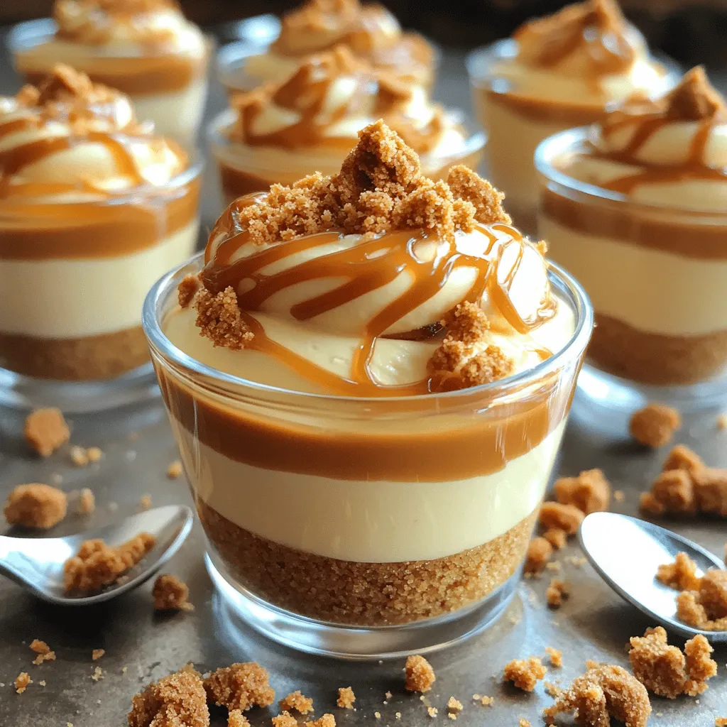 - 1 cup Biscoff cookies, crushed - 1 cup cream cheese, softened - 1 cup powdered sugar - 1 cup heavy whipping cream - 4 tablespoons unsalted butter, melted - 1 teaspoon vanilla extract - 1/2 cup Biscoff spread - Extra Biscoff cookies for garnish In this recipe, I use Biscoff cookies for a rich base. The creamy layer comes from softened cream cheese and powdered sugar. Heavy whipping cream adds a light texture, making the cheesecake smooth and fluffy. Unsalted butter helps bind the crust together and adds flavor. I also add vanilla extract for warmth and sweetness. The Biscoff spread gives a delicious layer and topping, and I suggest using extra cookies to make it pretty. Each ingredient plays an important role in creating this no-bake cheesecake. This treat is so easy to make, and it is perfect for any occasion. You will love how simple it is to combine these ingredients into a delightful dessert. First, grab a mixing bowl. Add 1 cup of crushed Biscoff cookies to it. Pour in 4 tablespoons of melted unsalted butter. Mix well until it looks like wet sand. This is your cookie crust. Now, take your serving cups and divide the cookie mix evenly among them. Press the mixture firmly down to form a solid crust at the bottom. In another bowl, add 1 cup of softened cream cheese. Sprinkle in 1 cup of powdered sugar and 1 teaspoon of vanilla extract. Beat this mixture until it becomes smooth and creamy. In a separate bowl, pour in 1 cup of heavy whipping cream. Whip it until stiff peaks form. Gently fold the whipped cream into the cream cheese mixture. This gives your filling a light texture. Now comes the fun part! Take the cheesecake mixture and layer it over the cookie crust in each cup. Next, warm up 1/2 cup of Biscoff spread in the microwave for about 10-15 seconds. Be careful not to overheat it. Pour a layer of this warm Biscoff spread over the cheesecake layer. Repeat layering until you reach the top of the cups. End with a final layer of the cheesecake mixture. To finish, take some extra Biscoff spread. Swirl it on top of each cup for a beautiful finish. Then, garnish with crumbled Biscoff cookies for some extra crunch. Now, it's time to refrigerate your cheesecake cups. Let them chill for at least 2 hours to set. Enjoy your delicious no-bake Biscoff cheesecake cups! To get a smooth cream cheese mixture, start with softened cream cheese. Leave it out for at least 30 minutes. This makes it easier to mix. Use a hand mixer or stand mixer for best results. Beat it until it is creamy and free of lumps. When whipping heavy cream, use a cold bowl and beaters. This helps the cream whip up faster. Start at low speed, then increase to high. Stop when you see stiff peaks. Be careful not to overwhip; it can turn into butter. You can prep these cheesecake cups a day ahead. Just follow the recipe and store them in the fridge. This gives the flavors time to blend. After making them, cover with plastic wrap. This keeps them fresh and prevents odors from the fridge. For leftovers, place the cups in an airtight container. They last up to three days in the fridge. If you have extra Biscoff spread, keep it in a separate container. This way, it stays fresh and won’t make the cheesecake soggy. To present the cheesecake cups well, add a small spoon to each. This makes it easy for guests to dig in. Sprinkle some crumbled Biscoff cookies on top for a nice touch. For drinks, try serving with coffee or a light tea. The flavors mix well. If you want a dessert pairing, serve with vanilla ice cream. The combination is sure to impress your guests! {{image_2}} You can switch up the flavors in your No-Bake Biscoff Cheesecake Cups. Here are some fun ideas: - Adding chocolate or caramel layers: Drizzle some chocolate or caramel sauce between the layers. This adds a sweet twist that many love. You could also mix chocolate chips into the cheesecake filling for a rich taste. - Using different flavored cookies for the crust: Try using Oreos or graham crackers instead of Biscoff cookies. Each cookie adds its own unique flavor and crunch. Sometimes, you may need to adjust the recipe for dietary needs. Here are a few options: - Vegan alternatives for cream cheese: Use a plant-based cream cheese. Brands like Kite Hill or Tofutti work well. They keep the texture creamy and delicious. - Gluten-free options for Biscoff cookies: Look for gluten-free cookie brands that offer a similar taste. Many stores have tasty options that work just as well. Adjusting serving sizes is easy! Here’s how: - Scaling the recipe up or down: If you want more cups, simply double the ingredients. For fewer cups, cut the ingredients in half. This keeps the flavors balanced. - Alternative serving ideas (e.g., mini jars): You can also use mini jars for a cute presentation. This way, each guest gets their own little treat. Plus, they’re easy to transport! To store your cheesecake cups, use airtight containers. Glass or plastic containers work great. They keep your treats fresh and prevent them from drying out. Place the containers in the fridge. Your cheesecake cups will stay tasty for up to five days. If you want to freeze these cups, follow these steps: 1. Prepare the Cups: Make sure the cheesecake cups are fully set. This takes about two hours in the fridge. 2. Wrap Well: Cover each cup tightly with plastic wrap. Then, place them in a freezer-safe container. 3. Label: Write the date on the container. This helps you know when to use them. For thawing, take the cups out of the freezer. Place them in the fridge for a few hours. This way, they will keep their creamy texture. Avoid microwaving, as it may change the taste and feel. Yes, you can! If you want to switch things up, try using graham crackers. They give a nice crunch and a sweet flavor. Oreos also work great. Just crush them and use them like Biscoff cookies. If you want a gluten-free option, use gluten-free cookies. Each cookie type brings a unique taste, so feel free to experiment! These cheesecake cups will last about 3 to 4 days in the fridge. Store them in airtight containers to keep them fresh. If they start to look or smell off, it's best to toss them. Enjoy them cold for the best taste and texture. Trust me, they are best served chilled! Yes, you can! If you want to skip the Biscoff spread, try using chocolate or caramel sauce instead. You can also add fruit puree for a fresh twist. If you have a nut butter, like almond or peanut butter, that could work, too. Just remember, it changes the flavor, so choose what you love! You now know how to make delicious Biscoff cheesecake cups. We discussed key ingredients, simple steps, helpful tips, and fun variations. Each part is easy to follow, so you can impress anyone with these treats. Remember to store them properly for the best taste. With a little creativity, you can even tailor this recipe to fit dietary needs. Enjoy making these delightful cups, and don't hesitate to experiment with your own ideas!