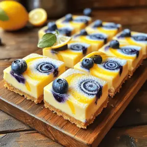 - 1 ½ cups graham cracker crumbs - ½ cup unsalted butter, melted - 1 tablespoon sugar - 2 (8 oz) packages cream cheese, softened - 1 cup granulated sugar - 2 large eggs - 2 teaspoons vanilla extract - Zest of 1 lemon - ¼ cup fresh lemon juice - 1 ½ cups fresh blueberries - Optional: powdered sugar for dusting Each ingredient plays a key role in our blueberry lemon cheesecake bars. The measurements are precise to ensure a perfect balance of flavors and textures. - Graham cracker crumbs provide a crunchy base. - Unsalted butter helps bind the crust. - Sugar sweetens the crust and filling. - Cream cheese creates the creamy texture in the bars. - Granulated sugar adds sweetness to the filling. - Eggs help set the filling as it bakes. - Vanilla extract adds depth to the flavor. - Lemon zest brightens the taste. - Lemon juice gives a fresh, tangy kick. - Fresh blueberries add bursts of flavor and color. - Powdered sugar is optional for a lovely presentation. Each ingredient contributes to the delightful taste and texture of the cheesecake bars. - Graham cracker crumbs make a crunchy crust, perfect for holding the filling. - Cream cheese is the star. It gives the bars their rich, creamy taste. - Lemon zest and juice bring a fresh, tangy flavor that brightens every bite. - Blueberries add sweetness and a pop of color, making the bars visually appealing. - Eggs are essential for binding the filling together, ensuring it sets well. Understanding these ingredients helps you see how they work together to create a delicious dessert. Enjoy making these blueberry lemon cheesecake bars! Start by preheating your oven to 350°F (175°C). This temperature helps set the crust perfectly. Next, take an 8x8 inch baking pan. Line it with parchment paper, leaving some overhang. This makes it easy to lift out the bars later. In a medium bowl, combine 1 ½ cups of graham cracker crumbs, ½ cup of melted unsalted butter, and 1 tablespoon of sugar. Mix it well until the crumbs coat evenly. This mixture will form a tasty crust. Now, press the mixture firmly into the bottom of your lined baking pan. Make sure it’s even. Bake it in the oven for 10 minutes. While it bakes, the crust will firm up. After baking, let it cool slightly. In a large mixing bowl, beat 2 packages (8 oz each) of softened cream cheese. Mix until it’s smooth and creamy. Then, gradually add in 1 cup of granulated sugar. Keep mixing until it is fluffy, around 2 minutes. Next, add in 2 large eggs one at a time. Mix on low speed after each egg to avoid splatter. Now, add 2 teaspoons of vanilla extract, the zest of 1 lemon, and ¼ cup of fresh lemon juice. Mix this well until all ingredients blend nicely. Finally, gently fold in 1 ½ cups of fresh blueberries. Be careful not to crush them. This keeps the blueberries whole and juicy. Now it’s time to bake. Pour the cheesecake mixture over the cooled crust in the baking pan. Spread it evenly to cover the crust. Bake in the oven for 25-30 minutes. Look for the center to be set and the edges to turn lightly golden. Once done, take it out and let it cool at room temperature for about 1 hour. After that, refrigerate the bars for at least 4 hours or overnight. This helps them set completely. When ready, use the parchment paper overhang to lift the cheesecake bars out of the pan. Slice them into squares. Enjoy your delightful blueberry lemon cheesecake bars! To get the right texture, start with room temperature cream cheese. Cold cream cheese does not mix well. Beat it until smooth before adding other ingredients. Mix the sugar in slowly to ensure it blends well. When you add the eggs, do it one at a time. This helps keep the texture creamy. The final mix should be fluffy and light. Fold in the blueberries gently. You want them to stay whole. This adds a nice burst of flavor. Overmixing can ruin your bars. Once you add the eggs, mix on low speed. If you overmix, your cheesecake can crack while baking. Make sure to let the crust cool slightly before adding the filling. If it’s too hot, it can make your filling runny. Lastly, don’t skip the chilling time. These bars need to set properly in the fridge. Skipping this step can lead to a mushy texture. To make your bars look great, dust them with powdered sugar before serving. This adds a beautiful finish. Garnish each square with a fresh blueberry and a thin slice of lemon. This brightens up the look and adds a pop of color. Serve them on a nice plate for that extra touch. A well-presented dessert can impress your guests! {{image_2}} You can switch out blueberries for other fruits. Raspberries, strawberries, or blackberries all work well. Each fruit brings its own flavor. Raspberries add tartness, while strawberries bring sweetness. Just remember to use fresh fruit for best results. If using frozen fruit, make sure to thaw and drain excess liquid. To make these bars gluten-free, simply use gluten-free graham cracker crumbs. Many brands offer tasty options. You can also make your own by grinding gluten-free cookies. The rest of the recipe stays the same. Just ensure all ingredients are gluten-free, like sugar and butter. Adding spices can elevate your bars. A pinch of cinnamon or nutmeg can add warmth. You can also mix in lemon extract for a stronger citrus flavor. To make it richer, add a little sour cream to the cream cheese mixture. These tweaks create a unique twist on the classic recipe. To keep your blueberry lemon cheesecake bars fresh, store them in the fridge. Use an airtight container to protect them from absorbing other smells. If you use parchment paper, keep it to help the bars breathe a bit. This method helps them stay moist and tasty. When stored correctly, these cheesecake bars last about 5 days in the fridge. After baking, let them cool and set for at least 4 hours. Then, cut them into squares and place them in your container. Keep an eye on them, and enjoy them while they are fresh! You can freeze these bars if you want to save some for later. First, let them cool completely. Then, wrap each square tightly in plastic wrap. Place them in a freezer-safe bag or container. They will stay good for up to 3 months. When you're ready to eat them, thaw them in the fridge overnight. Enjoy the sweet, tangy flavor even after freezing! Yes, you can use frozen blueberries. Just make sure to thaw them first. Drain any excess juice to prevent a watery cheesecake. Frozen blueberries can be a great option when fresh ones aren’t available. They still provide that lovely taste and color. You will know the bars are done when the edges turn a light golden color. The center should be set but may still jiggle slightly. Keep an eye on them while baking. If the top looks too brown, cover with foil. These cheesecake bars pair well with many items. You can serve them with whipped cream for extra creaminess. A scoop of vanilla ice cream adds a nice touch too. A side of fresh fruit, like more blueberries or strawberries, can brighten your plate. We covered everything you need to make delicious cheesecake bars. You learned about the key ingredients and their roles, along with how to prepare the crust and filling. I shared tips to get the right texture and avoid mistakes. You now know about tasty variations and how to store your bars. My final thought is that with practice, your cheesecake bars will impress everyone. Enjoy experimenting and sharing your sweet treats!