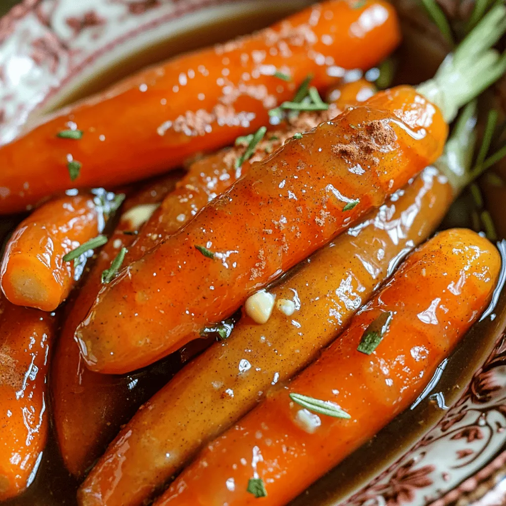 - 2 pounds baby carrots - 1/4 cup pure maple syrup - 2 tablespoons unsalted butter, melted - 1 teaspoon cinnamon - 1/2 teaspoon nutmeg - Salt to taste - 1 tablespoon fresh rosemary, finely chopped (optional) - 1 tablespoon lemon juice To make slow cooker maple glazed carrots, you need a few key ingredients. First, you need baby carrots. They are sweet, tender, and cook well. If you can't find baby carrots, you can use regular carrots. Just peel and cut them into small pieces. Next, you need pure maple syrup. This syrup gives the carrots a sweet and rich flavor. It’s better than regular sugar, as it adds a unique taste. You will also need unsalted butter. The butter adds creaminess to the glaze. It helps the syrup stick to the carrots. Cinnamon and nutmeg are spices that add warmth and depth. Just a little of each spice will make your dish special. You also need salt to taste. Salt brings out the natural sweetness of the carrots. Lemon juice adds a nice touch of brightness. It balances the sweetness of the maple syrup. If you want to try something extra, add fresh rosemary. This herb gives a fragrant flavor that pairs well with the sweetness. Gather these ingredients, and you will be ready to create a delicious side dish that everyone will love. Start by washing the baby carrots under running water. You want them clean. If you're using larger carrots, you will need to peel them first. Cut them into uniform pieces. This helps them cook evenly. Aim for pieces about the same size, so they all get tender. In a medium bowl, whisk together the maple syrup, melted butter, cinnamon, nutmeg, salt, and lemon juice. Mix until everything blends well. You want a smooth consistency. This glaze will coat the carrots and add great flavor. Place the washed carrots in the slow cooker. Pour the maple mixture over the carrots. Toss gently to coat each carrot. You want them all to have that sweet glaze. Next, cover the slow cooker. Set it to cook on low for 4-5 hours or on high for 2-3 hours. Test the carrots for doneness. They should be tender but not mushy. Enjoy the sweet aroma filling your kitchen as they cook! - Adjusting Sweetness with Maple Syrup If you want your carrots sweeter, add more maple syrup. Start with a little and mix well. Taste as you go. Everyone has a different sweet spot. - Balancing Seasonings with Salt and Rosemary Salt brings out the flavors. Use it wisely to enhance the taste. If you like herbs, rosemary adds a nice touch. Chop it finely and sprinkle on top before cooking. - Ensuring Carrots Remain Tender Cook the carrots just until tender. Check them around the 2-hour mark on high or the 4-hour mark on low. You don’t want them mushy. - Preventing Burnt or Overcooked Carrots Stir the carrots a couple of times during cooking. This keeps them evenly coated and prevents sticking. If your slow cooker runs hot, check them earlier. - Serving Suggestions and Garnishing Ideas Serve the carrots warm in a nice bowl. Drizzle any leftover glaze over them. For a touch of color, add a sprig of rosemary on top. It looks great and smells amazing! {{image_2}} You can mix things up by using honey or agave syrup. Both sweeteners give a nice flavor. Honey adds a floral note, while agave is mild. Just replace the maple syrup with the same amount of your chosen sweetener. This keeps your dish sweet and tasty. Feel free to add other root vegetables to your slow cooker. Sweet potatoes and parsnips work great. Cut them into similar sizes as the carrots. This ensures even cooking. You can also create a colorful mix that is full of flavor. Just adjust the cooking time if needed. Experimenting with herbs can change the taste of your dish. Try thyme or dill for a new flavor. Thyme gives a warm, earthy taste, while dill adds brightness. Use the same amount as the rosemary in the recipe. This way, you can find the perfect taste for your meal! After enjoying your slow cooker maple glazed carrots, store any leftovers in the fridge. Place them in an airtight container. This keeps them fresh and tasty for up to five days. To avoid sogginess, you may want to keep the glaze separate. When you're ready to enjoy the carrots again, reheating is simple. You can warm them in the microwave for 1-2 minutes. If you prefer, heat them on the stove over low heat. Stir gently until they're warm throughout. This helps keep the flavor intact. If you have extra glazed carrots, freezing is a good option. Allow them to cool completely first. Then, place them in a freezer-safe bag or container. They can stay frozen for up to three months. To thaw, move them to the fridge overnight. Warm them in the microwave or on the stove afterward. This keeps your delicious dish ready for future meals. You can tell when the carrots are done by checking their tenderness. After cooking for 4-5 hours on low or 2-3 hours on high, poke a carrot with a fork. If it goes in easily, the carrots are done. They should be tender but not mushy. If they are still firm, let them cook a bit longer. Yes, you can use regular carrots instead of baby carrots. Just peel and cut them into uniform pieces. This ensures even cooking. Aim for pieces that are about the same size as baby carrots, so they cook evenly. The flavor will be just as good! Yes, you can make this recipe ahead of time. Cook the carrots and let them cool. Store them in the fridge for up to three days. When ready to serve, reheat them in the slow cooker or on the stove. Add a bit more maple syrup for extra flavor if needed. Enjoy the ease of meal prep! This blog post explored how to make tasty glazed carrots using simple ingredients. You learned about baby carrots, maple syrup, and spices that bring out great flavor. We covered easy steps for prep, cooking, and tips to avoid mistakes. You can also try different sweeteners or veggies for variety. In conclusion, making this dish is easy and fun. Enjoy your tasty carrots any time!