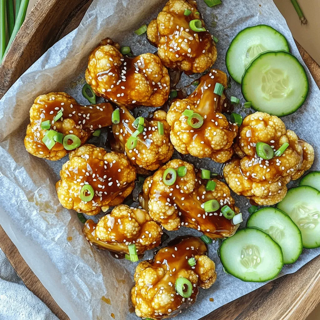 - Cauliflower florets - Dry ingredients: - ½ cup all-purpose flour (or gluten-free flour) - ½ cup cornstarch - 1 teaspoon garlic powder - 1 teaspoon onion powder - ½ teaspoon smoked paprika - Salt and pepper to taste - Wet ingredients: - 1 cup water (for batter consistency) - ½ cup teriyaki sauce (store-bought or homemade) - Garnishes: - 1 tablespoon sesame seeds (for garnish) - 2 green onions, finely sliced (for garnish) When you make these wings, start with fresh cauliflower florets. Cut them into bite-sized pieces. This helps them cook evenly and get crispy. For the dry ingredients, you need flour, cornstarch, garlic powder, onion powder, smoked paprika, salt, and pepper. These spices bring out the best flavors in the cauliflower. You will also need water to create a smooth batter. The teriyaki sauce gives the wings their sweet and savory taste. Finally, don’t forget the garnishes! Sesame seeds and green onions add a nice crunch and pop of color. Using these ingredients, you can create a dish that is not only tasty but also fun to eat. Enjoy every bite of these savory air fryer teriyaki cauliflower wings! 1. First, grab a large bowl. In it, mix these dry ingredients: - ½ cup all-purpose flour (or gluten-free flour) - ½ cup cornstarch - 1 teaspoon garlic powder - 1 teaspoon onion powder - ½ teaspoon smoked paprika - Salt and pepper to taste 2. Now, slowly add 1 cup of water. Stir until the batter is smooth. It should coat the back of a spoon well. 1. Take your cauliflower head and cut it into bite-sized florets. Each piece should be about the same size for even cooking. 2. Dip each floret into the batter. Make sure it gets a good coating. Then, shake off the extra batter. This helps to avoid soggy wings. 3. Preheat your air fryer to 400°F (200°C). Let it warm up for about 5 minutes. 1. Place the coated cauliflower in the air fryer basket. Arrange them in a single layer. You may need to do this in batches. 2. Air fry the cauliflower for 10-12 minutes. This will make them golden brown and crispy. Halfway through cooking, shake the basket. This ensures even cooking. 3. After the wings are cooked, transfer them to a bowl. Drizzle ½ cup of teriyaki sauce over the wings. Toss them well to coat evenly. 4. Return the coated cauliflower to the air fryer. Cook for another 3-5 minutes. This step caramelizes the teriyaki sauce for extra flavor. 5. Finally, take them out and garnish with sesame seeds and sliced green onions. Enjoy your savory teriyaki cauliflower wings! To make your cauliflower wings crispy, you must coat them evenly. An even layer of batter helps each piece cook well. If the batter is too thick, your wings may not turn out crispy. To avoid soggy wings, shake off any extra batter. This keeps the coating light and airy when cooked. Air fryer models can vary, so cooking times might change. Some air fryers heat up faster than others. Keep an eye on your wings as they cook. If they look golden brown and crisp, they are likely ready. You may need to adjust the time based on your specific air fryer. To boost the flavor of your wings, consider adding spices. Here are a few ideas: - Chili powder for heat - Smoked salt for a deeper taste - Cumin for earthiness If you want to make your teriyaki sauce, mix soy sauce, honey, garlic, and ginger. This homemade version can add a personal touch to your wings. {{image_2}} If you want to make this dish gluten-free, use gluten-free flour. Options like almond flour or rice flour work well. They create a nice texture, just like all-purpose flour. Make sure to check the labels to avoid cross-contamination if you have allergies. Want to spice things up? Add chili flakes to the batter before coating the cauliflower. This gives your wings a kick. You can also mix in different sauces for a twist. Try sriracha or hoisin sauce for bold flavors. Each adds a unique taste that enhances the dish. When serving, think about dips. A cool ranch or creamy avocado dip pairs nicely. You can also try a spicy mayo for those who love heat. For plating, arrange the wings on a colorful platter. Drizzle extra teriyaki sauce on top for shine. Add fresh cucumber or carrot sticks for crunch. These touches make your dish stand out even more. To keep your Air Fryer Teriyaki Cauliflower Wings fresh, follow these tips: - Best practices for refrigeration: Allow the wings to cool completely before storing. This helps prevent excess moisture, which can make the wings soggy. Place them in the fridge within two hours after cooking. - Containers for storage: Use airtight containers to store the wings. Glass containers work well, but you can also use plastic ones if they seal tightly. Make sure to separate layers with parchment paper to avoid sticking. For the best taste and texture when reheating, consider these methods: - Reheating in air fryer for crispiness: Preheat the air fryer to 350°F (175°C). Place the leftover wings in a single layer. Heat for about 5-7 minutes until crispy. This method brings back their crunch! - Microwave options and tips: If you need a quick option, the microwave will work. Place the wings on a microwave-safe plate. Cover with a damp paper towel to keep moisture in. Heat in short bursts, around 30 seconds, until warm. Note: They may lose some crispiness this way. Yes, you can use frozen cauliflower. Just thaw it first. Pat it dry with a towel. This helps the batter stick better. Frozen cauliflower may not get as crispy, but it still works well. These wings last about 3-4 days in the fridge. Store them in an airtight container. Make sure they cool completely before sealing. This keeps them fresh and tasty. However, the longer they sit, the less crispy they become. Yes, these wings are vegan! The ingredients include flour, cornstarch, and cauliflower. The teriyaki sauce can also be vegan if you check the label. Use a homemade version for a sure bet. This recipe is great for plant-based diets. You can serve many sides with these wings. Some good options are: - Fresh cucumber slices - Carrot sticks - Steamed rice - A crisp salad These sides add crunch and balance to the meal. In this blog post, I covered how to make Air Fryer Teriyaki Cauliflower Wings. We discussed the ingredients, from crisp cauliflower to flavorful spices. I shared step-by-step instructions to achieve the perfect crispy texture. We explored tips for variations and storage methods, helping you adapt this dish to your needs. Enjoying delicious, easy, and healthy snacks can be simple. I hope you feel excited to try this recipe and customize it to your taste.