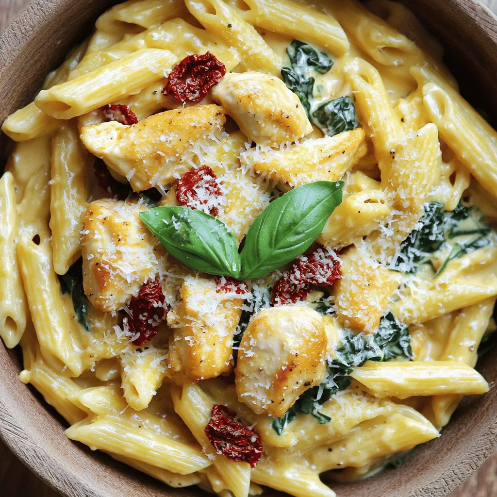 - 1 lb boneless, skinless chicken breasts - 12 oz penne pasta - 1 cup heavy cream - Italian seasoning - Red pepper flakes - Fresh basil leaves for garnish - Olive oil - Garlic - Chicken broth - Sun-dried tomatoes - Fresh spinach - Parmesan cheese - Salt and pepper For this dish, the main ingredients shine through. I use one pound of chicken breasts. I cut them into small pieces for quick cooking. The penne pasta, which weighs twelve ounces, holds the creamy sauce well. I always add one cup of heavy cream for a rich taste. Next, seasonings and flavor enhancers make this dish pop. I love Italian seasoning for its herbs and spices. Red pepper flakes give a little heat. Fresh basil leaves add a nice touch on top. The additional ingredients are just as important. I use two tablespoons of olive oil to sauté the chicken. Garlic, minced finely, gives a wonderful aroma. The chicken broth, four cups, helps cook the pasta. The sun-dried tomatoes give a sweet tang. I throw in two cups of fresh spinach to add color and nutrients. Parmesan cheese, half a cup, brings a salty, creamy texture. Lastly, I always season with salt and pepper to taste. Each ingredient plays a role in making this dish a creamy Tuscan delight! First, set your Instant Pot to sauté mode. Add 2 tablespoons of olive oil. When the oil is hot, add 1 pound of boneless, skinless chicken breasts. Cut the chicken into bite-sized pieces for even cooking. Season the chicken with salt, pepper, 1 teaspoon of Italian seasoning, and ½ teaspoon of red pepper flakes if you like a kick. Sauté the chicken for about 5 to 7 minutes. Look for a golden brown color on the chicken. This step adds great flavor and texture. Next, add 3 minced garlic cloves to the pot. Sauté the garlic for another 1 to 2 minutes. You want to cook it until the garlic smells great. Be careful not to burn it, as burnt garlic can taste bitter. Once the chicken is ready, pour in 4 cups of chicken broth. Then, stir in 12 ounces of penne pasta. Make sure the pasta is mostly submerged in the liquid. This helps the pasta cook evenly. Next, close the lid and seal the vent. Set the Instant Pot to manual high pressure for 5 minutes. This will cook the pasta perfectly while soaking up all the flavors from the chicken and broth. When the cooking time is up, perform a quick release of the pressure. Carefully turn the vent to release steam. Once the pressure is gone, open the lid. You will see a delicious mix of chicken and pasta. Now, stir in 1 cup of heavy cream, 1 cup of chopped sun-dried tomatoes, and 2 cups of fresh spinach. The spinach will wilt quickly, adding vibrant color and nutrients. Mix in ½ cup of grated Parmesan cheese until the sauce is creamy and well combined. Finally, taste your dish and adjust the seasoning with extra salt and pepper if needed. Serve the pasta hot, garnished with fresh basil leaves. Enjoy your creamy Tuscan chicken pasta! To get the most from your Instant Pot, avoid common mistakes. One mistake is overfilling the pot. Always follow the fill line to ensure safe cooking. Another tip is to use the right amount of liquid. This helps the pot build pressure. To ensure even cooking, cut ingredients into similar sizes. This allows them to cook at the same rate. Stir ingredients after sautéing to mix flavors well. Adjust spice levels to suit your taste. If you enjoy heat, add more red pepper flakes. For a milder dish, you can leave them out. You can also make ingredient substitutions. Use chicken thighs instead of breasts for more flavor. If you need a pasta swap, try bowtie or fusilli. Adding herbs and spices can boost flavor. Fresh basil leaves add a lovely touch. You can also try oregano or thyme for variety. For garnishing, consider using grated Parmesan cheese on top. It adds creaminess and richness. A drizzle of olive oil can also enhance the dish’s appeal. {{image_2}} You can easily adapt this creamy Tuscan chicken pasta to meet dietary needs. - Gluten-free options: Use gluten-free penne pasta. Brands like Barilla or Banza offer great choices that taste delicious. - Dairy-free adaptations: Swap heavy cream for coconut milk or cashew cream. Use nutritional yeast instead of Parmesan for a cheesy flavor. Feel free to mix and match ingredients to suit your taste. - Different pasta types: Try fusilli or farfalle instead of penne. Each pasta shape adds a unique twist to the dish. - Alternative proteins: You can use shrimp or tofu instead of chicken. Both options bring different flavors and textures. Adding your favorite veggies can make this dish even better. - Adding different vegetables: Bell peppers, zucchini, or mushrooms work well. Just sauté them with the chicken for extra flavor. - Incorporating other sauces: A splash of pesto or a bit of Alfredo sauce can change the flavor profile. Experiment to find your favorite combo! To store leftover pasta, let it cool before placing it in an airtight container. This keeps it fresh for longer. I recommend using glass or BPA-free plastic containers. Store it in the fridge for up to three days. When reheating, add a splash of chicken broth or cream. This helps restore moisture and keeps it creamy. For meal prep, you can freeze the creamy Tuscan chicken pasta. Allow it to cool completely before freezing. Place it in freezer-safe bags or containers. Remove as much air as possible to prevent freezer burn. It can stay good for up to three months. When you're ready to eat, thaw it overnight in the fridge. Reheat it on the stove over low heat. Stir in a bit of cream for extra creaminess. In the fridge, your pasta lasts about three days. After that, the quality starts to drop. Look for signs of spoilage like an off smell, mold, or changes in texture. If you see any of these signs, it's best to toss it. Always trust your senses; they guide you well in the kitchen! Yes, you can. If you don't have penne, try fusilli, farfalle, or rigatoni. These shapes can hold sauce well, adding flavor to every bite. Just remember to adjust cooking times slightly. Smaller pasta cooks faster, while larger shapes may need a bit more time. To stop sticking, stir the pasta well after adding it to the pot. Make sure the pasta is mostly covered by the broth. Adding a bit of olive oil can also help. After cooking, quick-release the pressure to prevent overcooking and sticking. Absolutely! You can prepare most of the dish ahead. Cook and cool the chicken and pasta, then store them in the fridge. When ready to eat, just warm them up and mix in the creamy sauce. This way, you save time on busy nights. This blog post provided a clear recipe for a creamy chicken pasta dish. We covered all the key ingredients, cooking steps, and useful tips. By following these simple instructions, you can create a tasty meal easily. Remember, you can customize the flavors and adapt the recipe for your needs. Enjoy making this dish and feel free to explore different variations. Simple cooking can lead to great meals!