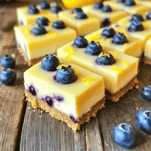 - 1 cup graham cracker crumbs - 1/4 cup unsalted butter, melted - 2 tablespoons granulated sugar - 16 oz cream cheese, softened - 1 cup granulated sugar - 1/4 cup sour cream - 1 teaspoon vanilla extract - Zest of 1 lemon - 1/4 cup fresh lemon juice - 2 large eggs - 1 1/2 cups fresh blueberries - 8x8 inch baking dish - Parchment paper - Electric mixer - Mixing bowls When making Lemon Blueberry Cheesecake Bars, you need simple yet key ingredients. The graham cracker crumbs form a tasty base. For the crust, mix these crumbs with melted butter and a bit of sugar. This combo gives the bars a nice crunch. Next, the filling needs softened cream cheese for smoothness. You’ll also add sugar, sour cream, and vanilla extract to enhance the flavor. The zest and juice of a lemon bring freshness and brightness. They make the dessert feel light and fun. Finally, eggs act as a binder, making the filling creamy. Fresh blueberries are a must. They offer bursts of flavor and color in each bite. For tools, grab an 8x8 inch baking dish. Parchment paper helps with easy removal. An electric mixer speeds up the process, and mixing bowls are needed for combining ingredients. - Preheat the oven to 325°F (160°C). - Line the baking dish with parchment paper, leaving an overhang. - In a bowl, combine 1 cup graham cracker crumbs, 1/4 cup melted butter, and 2 tablespoons granulated sugar. - Mix until the crumbs are coated. - Press this mixture firmly into the bottom of the baking dish. - In a large bowl, beat 16 oz softened cream cheese until smooth. - Gradually add 1 cup granulated sugar, 1/4 cup sour cream, 1 teaspoon vanilla extract, zest of 1 lemon, and 1/4 cup lemon juice. - Mix until everything is well combined and smooth. - Add 2 large eggs one at a time, mixing on low speed until just combined. - Gently fold in 1 1/2 cups fresh blueberries with a spatula. - Pour the cheesecake filling over the crust and spread it evenly. - Bake for 30-35 minutes until the center is set but slightly jiggly. - Turn off the oven and crack the door open. - Let the bars cool in the oven for about 1 hour. - Then, refrigerate for at least 4 hours to set. - After chilling, lift the bars out using the parchment overhang. - Cut into squares and serve. To make great cheesecake bars, avoid overmixing. When you mix the cream cheese and eggs, do it just enough to blend. This keeps the texture smooth and creamy. Overmixing adds too much air, which can lead to cracks. To prevent cracks while baking, keep the oven temperature steady. Bake at 325°F (160°C) for 30 to 35 minutes. The bars should be set in the middle but still jiggle slightly. After baking, turn off the oven and crack the door open. Let the bars cool gradually for about an hour. This helps reduce the chance of cracks. For garnishing, try adding a dollop of whipped cream on top. Fresh lemon slices add a bright touch that looks great. You can also sprinkle a bit of lemon zest for extra flavor. Pair these bars with refreshing drinks. A glass of iced tea or lemonade goes well. Coffee lovers might enjoy a cup of brewed coffee alongside. The flavors blend nicely together! One common mistake is underbaking or overbaking the bars. Underbaked bars can be too soft and not hold their shape. Overbaking makes them dry and tough. Always keep an eye on the baking time. When choosing blueberries, use fresh ones for the best taste. Frozen blueberries can release extra water, making your bars soggy. If you must use frozen, thaw and drain them well before adding to the mix. {{image_2}} You can easily make these bars gluten-free. Just swap regular graham crackers for gluten-free ones. Many brands offer tasty options. Look for those made with almond or coconut flour. They work well and keep the texture nice. If you want a vegan version, you can use dairy-free cream cheese. Brands like Tofutti or Kite Hill are great choices. For the eggs, substitute with flaxseed meal. Mix one tablespoon of flaxseed meal with three tablespoons of water for each egg. Let it sit for a few minutes to thicken. Feel free to play with flavors! You can try other berries like raspberries or strawberries. They add a different twist. If you love chocolate, consider adding a chocolate swirl. Just melt some chocolate and swirl it into the cheesecake batter before baking. This gives you a rich flavor that pairs well with lemon. To keep your leftover bars fresh, store them in an airtight container. Place a layer of parchment paper between the bars to prevent sticking. If you have a large batch, cut the bars into squares first. This makes it easy to grab one when you want a treat. You can enjoy them cold or let them sit at room temperature for a few minutes. Freezing these cheesecake bars is simple. First, let them cool completely in the fridge. Next, cut the bars into squares. Wrap each square tightly in plastic wrap. Then, place the wrapped bars in a freezer-safe bag or container. Label the bag with the date. When you are ready to enjoy, remove a bar from the freezer. Let it thaw in the fridge overnight or at room temperature for a few hours. These tasty bars can last about 5 days in the fridge. For frozen bars, they can stay good for up to 3 months. To keep them tasty, avoid leaving them out at room temperature for too long. Always check for any signs of spoilage before enjoying. Keeping good care of your dessert will ensure each bite is as delicious as the first! Yes, you can use frozen blueberries. Just make sure to thaw them first. Drain any extra juice to keep the bars from getting too wet. You may want to add them at the end of mixing. This way, they stay whole and colorful in the bars. These cheesecake bars last about five days in the fridge. Keep them in an airtight container to keep them fresh. The lemon and blueberry flavors get even better over time! Absolutely! You can make them a day or two ahead. Just store them in the fridge. Chilling overnight really helps the flavors blend. It also makes cutting easier. Cracks can happen for a few reasons. If you overbake them, they can crack as they cool. Also, mixing too much air into the batter can cause cracks. To avoid this, mix just until combined and check them early. If they jiggle slightly in the center, they are perfect! Lemon Blueberry Cheesecake Bars are simple and delightful. You learned about the ingredients, tools, and step-by-step process. Perfecting the texture and avoiding common mistakes ensures success. You also discovered variations and storage tips to keep your bars fresh. Remember to have fun with flavors and garnishes. Enjoy every bite of your tasty creation! Share it with friends for smiles all around.