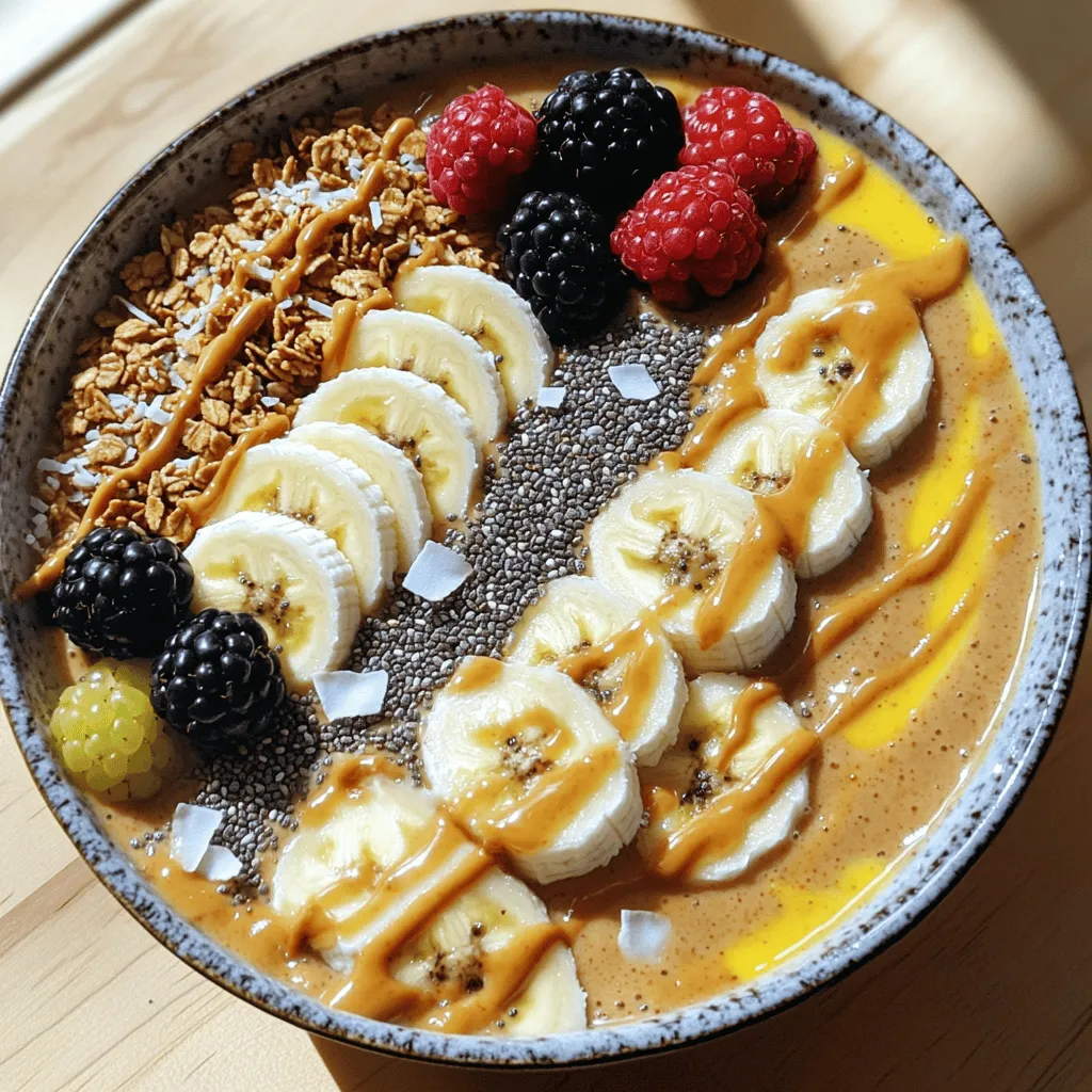 - 2 ripe bananas (frozen and sliced) - 1 cup of unsweetened almond milk (or choice of milk) - 3 tablespoons natural peanut butter - 1 tablespoon honey or maple syrup (optional) - 1/2 teaspoon vanilla extract - Recommended toppings: granola, fresh banana, chia seeds, shredded coconut, fresh berries To make a Peanut Butter Banana Smoothie Bowl, you need simple, tasty ingredients. Start with two ripe bananas, frozen and sliced. They give your smoothie bowl a creamy texture. Next, grab one cup of unsweetened almond milk. You can use any milk you like. Then, add three tablespoons of natural peanut butter. It adds a rich, nutty flavor. You might want a little sweetness, so consider one tablespoon of honey or maple syrup. This step is optional, depending on your taste. Don't forget half a teaspoon of vanilla extract. It brings out the flavors nicely. Now it's time for toppings! Use granola for crunch, fresh banana slices for extra fruit, chia seeds for nutrition, shredded coconut for sweetness, and fresh berries for color. These toppings make your bowl look pretty and add great taste. - First, grab your blender. - Add 2 ripe bananas that are frozen and sliced. - Pour in 1 cup of almond milk. - Spoon in 3 tablespoons of natural peanut butter. - Add 1/2 teaspoon of vanilla extract. - If you like a bit of sweetness, add 1 tablespoon of honey or maple syrup. - Blend on high speed until it is smooth and creamy. - Stop to scrape down the sides if needed. - To get a thick but pourable texture, use frozen bananas. - If it’s too thick, add a little more almond milk. - Blend again to mix it well. - You want it creamy, but easy to pour. - Pour the smoothie into a bowl. - Use a spatula to spread it evenly. - Make the top smooth for a pretty look. - You can now add your favorite toppings. - Sprinkle granola, arrange sliced bananas, or add chia seeds. - Try some shredded coconut and fresh berries too. - For extra flavor, drizzle a bit of peanut butter on top. - Now grab your spoon and enjoy! To get the best smoothie, frozen bananas are key. They add coldness and creaminess. Fresh bananas will make your smoothie too runny. Slice and freeze ripe bananas ahead of time. When you blend, start at a low speed. This helps mix the ingredients without splattering. Gradually increase to high speed. Stop to scrape down the sides if needed. The mix should be thick but still pourable. Add more almond milk if it’s too thick. You can make this smoothie even better with optional ingredients. A tablespoon of honey or maple syrup adds sweetness. A dash of vanilla extract brings a lovely depth. Mix these in the blender with the other ingredients for a smooth taste. For toppings, layer them nicely. Start with granola for crunch. Then add sliced bananas and chia seeds. Finish with shredded coconut and fresh berries for color and taste. Making your smoothie bowl look great is fun! Use a spatula to spread the smoothie evenly in the bowl. You can create swirls or patterns. For color contrast, use bright toppings like berries. The mix of colors makes your bowl more appealing. Consider mixing textures too. Crunchy granola feels great against the creamy smoothie. Your bowl will be a feast for the eyes and the taste buds! {{image_2}} You can change the almond milk to any milk you like. Try oat milk or coconut milk for a fun twist. If you want to switch nut butter, almond butter or cashew butter works great too. Each nut butter will give a new flavor to your bowl. Want to boost nutrition? Add a handful of spinach or a scoop of protein powder. Both blend well and add health benefits without changing taste. Seasonal fruits also enhance flavor. In summer, add fresh peaches or berries. In fall, try diced apples or pears for a cozy touch. You can add more crunch with nuts like almonds or walnuts. Seeds, like pumpkin or sunflower seeds, add a nice texture too. For something sweet, use dried fruits like raisins or cranberries. If you’re feeling festive, create a holiday theme with colored toppings, like red strawberries and green kiwi for a fun look! If you have leftover smoothie bowl, store it in an airtight container. This keeps it fresh and tasty. Place it in the fridge for up to 24 hours. If you plan to eat it later, avoid adding toppings until you are ready. This way, they stay crunchy and bright. For a sweeter touch, you can mix in a little honey or maple syrup before serving. Freezing is a great option for smoothie bowl parts. You can freeze the smoothie base in ice cube trays. This makes it easy to use later. To thaw, just pop out the cubes and let them sit at room temperature for about 10 to 15 minutes. You can also blend them again for a creamy texture. If you want toppings, freeze sliced bananas or berries separately. Just thaw them before serving for a fresh taste. Most ingredients in your smoothie bowl last a while. Bananas are best when used within 3 to 7 days at room temp. If you freeze ripe bananas, they last for 2 to 3 months. Natural peanut butter stays good for about 6 months when stored in the fridge. Almond milk can last up to a week once opened. Keep an eye on dates, and always check for any signs of spoilage before using. A smoothie bowl is a thick, creamy blend of fruits and liquids. You pour it into a bowl and add toppings. It is a fun, colorful way to enjoy a smoothie. Smoothie bowls are often thicker than regular smoothies, making them perfect for eating with a spoon. You can use different fruits and liquids to create your own flavor. Yes, you can make a smoothie bowl ahead of time! Blend the ingredients and store it in the fridge. Just remember to keep it in a sealed container. It will stay fresh for about a day. If you want to save time, you can prep your toppings in advance too. Just wait to add them until you're ready to eat. This smoothie bowl is quite healthy! Here are the key benefits: - Bananas: They are high in potassium and fiber. This helps with digestion and heart health. - Peanut Butter: It offers protein and healthy fats. This keeps you full longer. - Almond Milk: It is low in calories and dairy-free. Great for those who are lactose intolerant. A serving has about 300-400 calories, depending on toppings. To make it even healthier, consider using less honey or maple syrup. Adding fresh fruits and seeds boosts the nutrients too! A peanut butter banana smoothie bowl is both simple and delicious. You need just a few ingredients and steps. Combine frozen bananas, almond milk, and peanut butter for a creamy blend. Adjust the thickness and add toppings for fun. Explore variations and storage tips to enjoy later. This smoothie bowl is tasty and healthy. It’s perfect for any time of day. Now, you can easily make your own delicious smoothie bowl at home!