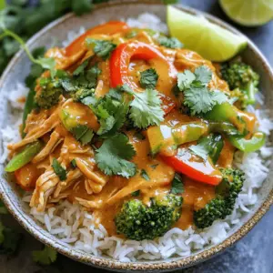 - 2 pounds boneless, skinless chicken thighs - 1 cup coconut milk - 1/2 cup natural peanut butter - 1/4 cup soy sauce (or tamari for gluten-free) - 2 tablespoons honey or maple syrup - 2 tablespoons red curry paste - 1 tablespoon minced garlic - 1 tablespoon fresh ginger, grated - 1 bell pepper, sliced (red or yellow) - 1 cup broccoli florets - Salt and pepper to taste - Garnish: Chopped cilantro and lime wedges For this Slow Cooker Thai Peanut Chicken, gather these simple ingredients. Start with the chicken thighs. I prefer boneless and skinless for easy cooking. They cook down well and become tender. Next, coconut milk adds a creamy touch. It pairs perfectly with peanut butter. I use natural peanut butter for the best flavor. It keeps the dish healthy and tasty. You will also need soy sauce for saltiness. Tamari is a great choice if you want it gluten-free. Honey or maple syrup gives a nice touch of sweetness. Red curry paste adds a kick of flavor. The garlic and ginger bring warmth to the dish. Sliced bell pepper and broccoli add color and crunch. Don't forget salt and pepper! They help balance all the flavors. Finally, garnish your dish with chopped cilantro and lime wedges. They add a fresh finish. Enjoy cooking! Start by making the sauce. In a mixing bowl, whisk together these ingredients: - 1 cup coconut milk - 1/2 cup natural peanut butter - 1/4 cup soy sauce - 2 tablespoons honey - 2 tablespoons red curry paste - 1 tablespoon minced garlic - 1 tablespoon fresh ginger Whisk until smooth. This sauce will give the chicken a rich flavor. Next, it’s time to assemble everything. Layer 2 pounds of boneless, skinless chicken thighs at the bottom of the slow cooker. Season them with salt and pepper. Pour the peanut sauce over the chicken, covering it well. Then, add your veggies—1 sliced bell pepper and 1 cup of broccoli florets. Distribute them evenly so every bite has flavor. Cover the slow cooker with its lid. Cook on low for 6-8 hours or on high for 4-5 hours. The chicken should be very tender. When done, carefully shred the chicken using two forks right in the sauce. Stir everything together to mix the flavors. This step makes sure every piece of chicken is coated in that tasty sauce. Adjust the seasoning if needed. If you like spice, add a little more red curry paste. - Add more red curry paste to make it spicy. - Choose high-quality peanut butter for the best taste. To really boost the flavor, taste the sauce before cooking. If you want a kick, the red curry paste is your friend. Just a little extra will elevate the dish. I recommend using natural peanut butter that is creamy and rich. It makes all the difference in taste and texture. - Make sure chicken is fully submerged in the sauce. - Shred chicken well for better flavor absorption. For even cooking, it’s key to have the chicken covered in the sauce. This helps it soak up all those great flavors. After cooking, shred the chicken into small pieces. This lets the sauce coat every bite and makes each mouthful delicious. - Serve over jasmine rice or quinoa. - Top with chopped cilantro and lime wedges. When serving, a bed of jasmine rice or fluffy quinoa works great. It adds texture and helps soak up the sauce. Don’t forget to sprinkle chopped cilantro on top. A lime wedge on the side brings a fresh burst of flavor. It looks pretty and tastes amazing! {{image_2}} You can swap chicken thighs for chicken breasts. This change gives a leaner dish. If you want a twist, try almond butter instead of peanut butter. It adds a unique taste to the sauce. To boost the heat, add crushed red pepper flakes. Start with a pinch and taste. If you like more spice, slice up jalapeños and add them to the mix. This will give your dish a nice kick. Want a vegan meal? Use tofu instead of chicken. Tofu soaks up flavors well and makes a great substitute. For a soy-free option, use coconut aminos instead of soy sauce. This keeps the dish tasty and friendly for different diets. Store any leftovers in an airtight container for up to 4 days. Make sure the container seals well to keep your food fresh. This helps maintain the flavors of the Thai Peanut Chicken. You can freeze this dish for up to 3 months. Ensure you seal it properly in a freezer-safe container or bag. Before you eat it, thaw the chicken in the refrigerator overnight. This will help keep it juicy when you reheat it. To reheat, use the microwave or stovetop. If using the stovetop, add a splash of water to keep the chicken moist. Stir it well to make sure it heats evenly. Enjoy it just as delicious as the first time! Yes, you can use frozen chicken thighs, but increase the cooking time. When using frozen chicken, aim for about 7 to 9 hours on low. If you’re in a rush, you can cook on high for about 5 to 6 hours. Just make sure the chicken is cooked through to 165°F for safety. Serve with jasmine rice, quinoa, or lettuce wraps. Jasmine rice pairs well, soaking up the rich peanut sauce. Quinoa offers a nice protein boost and a nutty flavor. For a low-carb option, try lettuce wraps, adding a fresh crunch to each bite. Use tamari instead of regular soy sauce for a gluten-free option. Tamari is a great soy sauce substitute with a similar taste. This small change keeps the recipe safe for those with gluten sensitivities while ensuring a delicious flavor. This blog post covered a tasty recipe for Slow Cooker Thai Peanut Chicken. You learned about key ingredients like coconut milk and peanut butter. The step-by-step guide made cooking clear and simple. Tips helped enhance flavor and presentation. Variations offered options for spice and dietary needs. Finally, I shared storage and reheating tips for leftovers. You can now enjoy a delicious meal while exploring your kitchen skills!