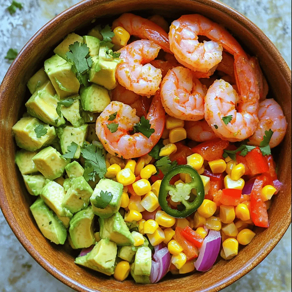 - 1 lb large shrimp, peeled and deveined - 2 tablespoons olive oil - 1 teaspoon chili powder - 1 teaspoon paprika - 1 teaspoon garlic powder - Juice of 2 limes - Salt and pepper to taste - 2 ripe avocados, diced - 1 cup sweet corn (fresh or frozen) - 1 red bell pepper, diced - 1/2 red onion, finely chopped - 1/4 cup fresh cilantro, chopped This dish shines with fresh shrimp, bright flavors, and creamy avocados. The shrimp give protein and a satisfying bite. Avocados add creaminess and healthy fats. Sweet corn pops with each bite, while the bell pepper and onion provide crunch and color. - Jalapeño for added heat - Additional seasonings or garnishes If you like spice, add jalapeño to boost flavor. You can also try different herbs or toppings. Customize this salad to suit your taste. To start, combine the following in a medium bowl: - 2 tablespoons olive oil - 1 teaspoon chili powder - 1 teaspoon paprika - 1 teaspoon garlic powder - Juice of 2 limes - Salt and pepper to taste Add 1 pound of peeled and deveined shrimp to the bowl. Mix well until the shrimp are coated. Let the shrimp marinate for 15 to 20 minutes. This step adds a lot of flavor. Next, heat a skillet over medium-high heat. Once hot, add the marinated shrimp. Cook for 2 to 3 minutes on each side. The shrimp should turn pink and opaque. Be careful not to overcook them, or they will get tough. While the shrimp cooks, prepare the salad base. In a large mixing bowl, combine: - 2 ripe avocados, diced - 1 cup sweet corn (fresh or frozen) - 1 red bell pepper, diced - 1/2 red onion, finely chopped - 1/4 cup fresh cilantro, chopped - 1 jalapeño, finely chopped (optional) Gently toss the ingredients together. Use your hands or a spatula, but be careful with the avocados. Once the shrimp are cooked, add them to the salad mixture. Drizzle any leftover marinade from the shrimp over the salad. Toss everything together gently. Be sure not to mash the avocados as you mix. For plating, use bowls or a large platter. You can serve the salad as is or add a bit more lime juice for extra flavor. If you want, add more salt or pepper to taste. This salad looks great and tastes even better! To cook shrimp just right, watch for color and texture. The shrimp should turn pink and opaque. If they curl tightly, they are overcooked. Cook shrimp for 2-3 minutes on each side. Avoid cooking them too long. Overcooked shrimp can become rubbery and tough. Pick avocados that feel slightly soft when you squeeze them gently. A ripe avocado has a dark skin and yields to pressure. If they are too firm, give them a few days to ripen. When cutting avocados, use a sharp knife. Cut around the pit and twist to remove it. To store, wrap cut avocados in plastic wrap. This helps keep them fresh and stops browning. For more flavor, consider adding fresh lime zest or a pinch of cumin. These pair well with the shrimp. You can also mix in diced mango for a sweet twist. For garnishing, use fresh cilantro sprigs or lime wedges. They add color and a fresh taste. {{image_2}} If you want a vegetarian version of this dish, replace the shrimp with grilled tofu or chickpeas. Both options add protein and texture. For a gluten-free option, you can enjoy this salad as is. All the ingredients are already gluten-free. Just ensure your seasonings are also gluten-free. To switch up the flavors, try adding different spices. Cumin or oregano can give the salad a new twist. You can also add fresh herbs like basil or mint for extra freshness. If you want a hint of sweetness, toss in diced mango or pineapple. These fruits work well with lime and shrimp. Using seasonal produce can enhance your salad. In summer, fresh tomatoes and cucumbers add a crisp touch. In fall, roasted butternut squash can make it hearty. During winter, try using citrus fruits like oranges or grapefruits for brightness. Each season brings new flavors, so feel free to mix and match! To keep your Chili Lime Shrimp & Corn Avocado Salad fresh, store it in the fridge. Use an airtight container for best results. Glass containers work well and do not stain. If you have a large salad, divide it into smaller portions. This helps with quick access and keeps it fresh longer. When reheating the shrimp, do it gently. Use a skillet over low heat. This method helps keep the shrimp juicy. Avoid microwaving, as it may make the shrimp tough. For the salad, it’s best to eat it cold. If you reheat it, the avocado might get mushy. In the fridge, this salad lasts about 2 days. After that, the ingredients may spoil. Look for signs like brown avocados or a sour smell. If the shrimp looks or smells off, throw it out. Always trust your nose and eyes when checking for freshness. Yes, you can make the salad ahead of time. Prepare the shrimp and salad base separately. Store them in airtight containers in the fridge. Combine them just before serving. This keeps the avocados fresh and prevents them from browning. If you want to save time, chop the veggies a day in advance. You can use frozen shrimp. Just thaw them before cooking. Place the shrimp in cold water for about 15-20 minutes. This ensures even cooking. Fresh shrimp offers a better texture, but frozen works well too. Just make sure they are peeled and deveined. To add heat, include more jalapeño. You can also use red pepper flakes or hot sauce. Mix these into the marinade for an extra kick. Adjust the spice level to suit your taste. You can always add more later if needed. Yes, you can skip the cilantro if you don't like it. Try using parsley or basil instead. They add a fresh flavor to the salad. If you want something bolder, consider mint. Each herb brings a unique taste that can enhance the dish. This blog post covered the key ingredients for a tasty shrimp salad. We talked about how to marinate shrimp, cook it just right, and mix it with fresh veggies. I shared tips to enhance your dish and how to store it properly. You can adapt the recipe to fit your tastes, whether you want it spicy or vegetarian. Remember, cooking should be fun and easy. Enjoy making your shrimp salad just the way you like it!