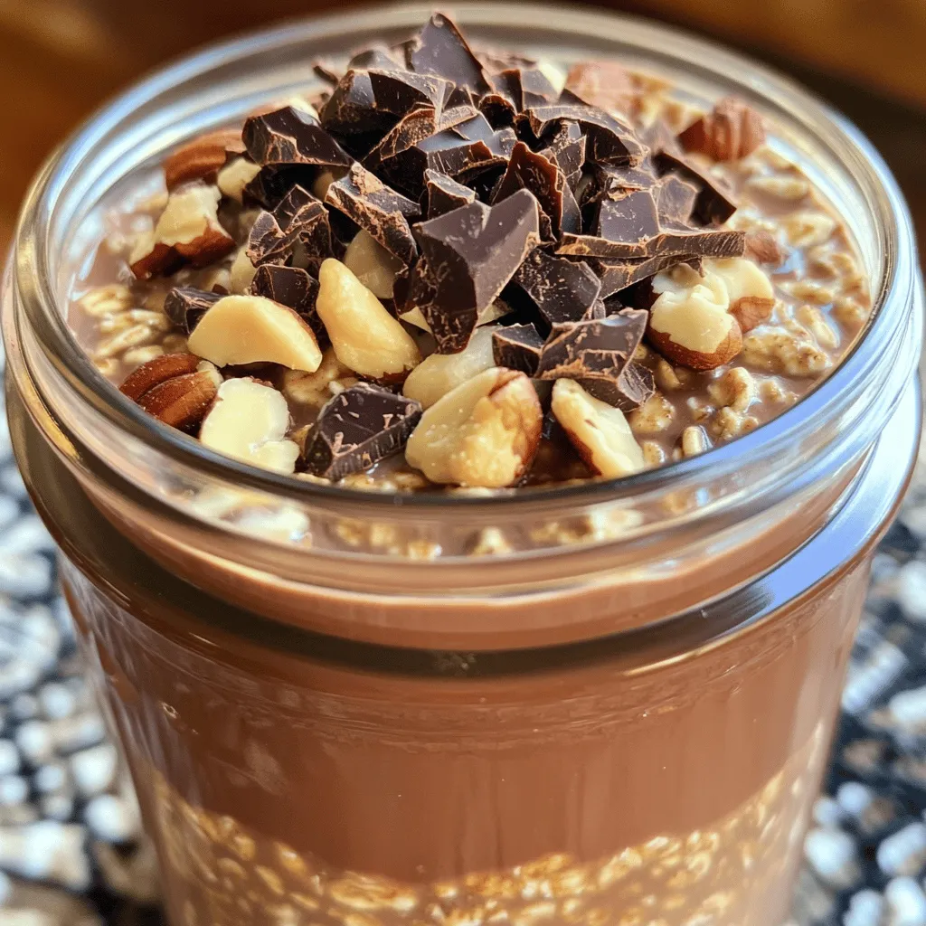 To make Mocha Protein Overnight Oats, you will need the following ingredients: - 1 cup rolled oats - 2 cups unsweetened almond milk - 1 tablespoon cocoa powder - 1 tablespoon instant coffee granules - 1 scoop chocolate or vanilla protein powder - 2 tablespoons maple syrup or honey - 1/2 teaspoon vanilla extract - A pinch of salt - 1/4 cup Greek yogurt (optional) - Dark chocolate shavings or chips for topping - Chopped nuts or seeds for crunch Each ingredient plays an important role. Rolled oats are the base. They soak up liquid and get soft. Almond milk gives a nice flavor and creaminess. Cocoa powder adds rich chocolate taste, while instant coffee gives that mocha kick. Protein powder boosts the meal's protein content. Maple syrup or honey sweetens it naturally. You can add Greek yogurt to make it creamier. The pinch of salt helps balance the flavors. For toppings, dark chocolate shavings add sweetness, and nuts or seeds bring a nice crunch. This mix of flavors and textures makes each bite delicious and satisfying. - In a large mixing bowl, combine: - 1 cup rolled oats - 2 cups unsweetened almond milk - 1 tablespoon cocoa powder - 1 tablespoon instant coffee granules - 1 scoop chocolate or vanilla protein powder - 2 tablespoons maple syrup or honey - 1/2 teaspoon vanilla extract - A pinch of salt Mix these ingredients until everything is smooth and creamy. If you want it creamier, add 1/4 cup Greek yogurt. This makes your oats rich and tasty. Next, divide the mixture into mason jars or other containers. Seal them up tight. Place the jars in the fridge overnight. If you are short on time, let them sit for at least 4-6 hours. This soaking helps the oats soften and absorb all the flavors. When you’re ready to enjoy, take out the jars. Stir the oats well. If they seem too thick, add a splash of milk to make them just right. For a finishing touch, sprinkle dark chocolate shavings or chips on top. Add some chopped nuts or seeds for a nice crunch. Enjoy your delicious mocha protein overnight oats! To make your mocha protein overnight oats just right, you can tweak a few things. - Adjusting sweetness levels: You can change how sweet your oats taste. Use more maple syrup or honey if you like it sweeter. Start with two tablespoons and taste. Add more if needed. - Choosing the right milk alternatives: Unsweetened almond milk is my go-to. It keeps the flavor light. But feel free to use any milk you enjoy, like oat or soy milk. Just keep the total at two cups. - Tips for creaminess with Greek yogurt: If you want a creamier texture, add Greek yogurt. Just a quarter cup makes everything velvety. Mix it well with the other ingredients for the best results. You can make your mocha oats even better with some fun additions. - Adding spices (cinnamon or nutmeg): A dash of cinnamon or nutmeg can elevate flavors. Sprinkle in a little while mixing. It adds warmth and depth to your oats. - Blending for a smoother consistency: If you prefer a silkier texture, blend the mixture before refrigerating. This method breaks down the oats and gives you a smooth base. Just blend it for a few seconds until it’s nice and creamy. {{image_2}} You can easily change the taste of mocha protein overnight oats. For a nutty twist, add almond butter or peanut butter. Just mix in a tablespoon for a rich flavor. You can also toss in fresh fruits like banana or berries. These fruits add natural sweetness and brighten the dish. Swapping protein powder flavors can make a big difference. Try chocolate, vanilla, or even coffee-flavored protein for a new take. If you prefer a dairy-free option, substitute Greek yogurt with plant-based yogurt. This keeps it creamy while fitting your diet. Store your mocha protein overnight oats in the fridge. Use mason jars or airtight containers. This keeps them fresh for days. Make sure to seal the lids tightly. This helps prevent any strong fridge odors from getting in. To serve, just stir the oats again. If they seem thick, add a splash of milk. This keeps the oats creamy and smooth. You can eat them cold or warm them slightly in the microwave. If warming, heat in short bursts to avoid drying them out. Overnight oats are a no-cook method to make oatmeal. You mix rolled oats with liquid, like milk. They soak overnight in the fridge. This makes them soft and ready to eat in the morning. Yes, you can skip the protein powder. Your oats will still taste great. Just add more cocoa powder or yogurt for creaminess. You can also add nuts or seeds for extra protein. These oats last for up to five days in the fridge. Just keep them in airtight jars. They taste even better after a day or two as the flavors blend. You can use instant oats, but the texture will change. Instant oats absorb liquid faster and can become mushy. If you prefer a chewier texture, stick with rolled oats. Mocha overnight oats are easy to make. You only need a few ingredients and simple steps. Combine rolled oats, almond milk, and flavors like cocoa powder and coffee. Customize them to your taste with toppings or mix-ins. You can store these oats in the fridge for quick breakfasts. They stay fresh for a few days. Explore the tips given to perfect your recipe. Enjoy a tasty and healthy start to your day with these simple preparations. Try different flavors and toppings to keep it fun!