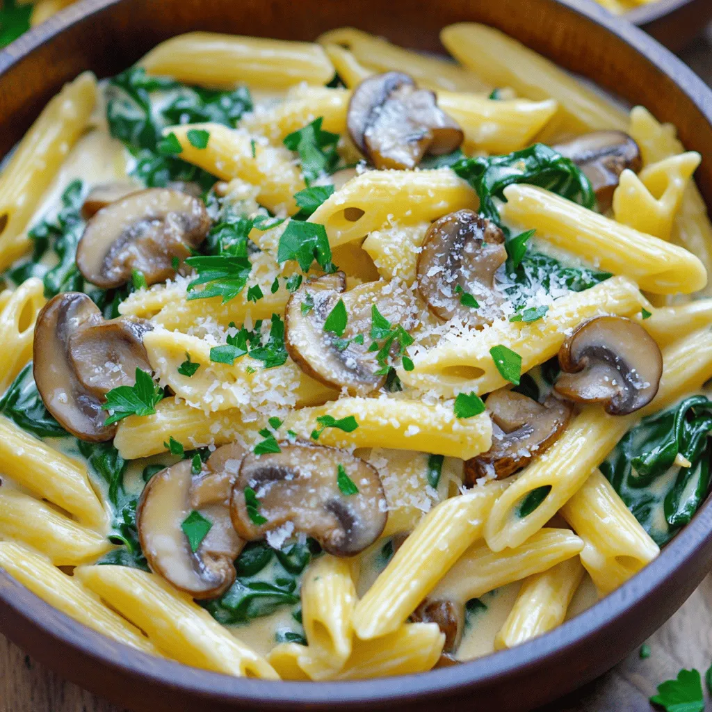 - 12 oz (340 g) pasta of choice (penne or fettuccine works great) - 2 tablespoons olive oil - 1 medium onion, finely chopped - 3 cloves garlic, minced - 8 oz (225 g) mushrooms, sliced (cremini or button mushrooms) - 5 oz (140 g) fresh spinach, washed - 1 cup heavy cream or coconut cream (for a dairy-free option) - 1/2 cup grated Parmesan cheese (or nutritional yeast for a vegan option) - Salt and pepper to taste - 1/4 teaspoon nutmeg (optional) - Fresh parsley, chopped, for garnish You can swap the pasta for gluten-free options like rice or chickpea pasta. For a vegan dish, use coconut cream in place of heavy cream. Nutritional yeast can replace Parmesan for a cheesy flavor without dairy. If you want a lighter dish, consider using low-fat cream. For those allergic to nuts, ensure your cream options are nut-free. - Large pot for boiling pasta - Large skillet for sautéing - Wooden spoon for stirring - Measuring cups and spoons for accuracy - Sharp knife and cutting board for chopping - Colander for draining pasta - Serving bowls or plates for plating This list keeps it simple and allows you to enjoy cooking with ease. You’ll find these ingredients and tools make the process smooth and fun. Start by boiling a large pot of salted water. Add 12 ounces of your favorite pasta. I love using penne or fettuccine. Cook the pasta until it is al dente, following the package instructions. This usually takes about 8 to 10 minutes. Once cooked, drain the pasta and set it aside. Remember to save 1 cup of the pasta water. You might need it later. In a large skillet, heat 2 tablespoons of olive oil over medium heat. Once hot, add 1 finely chopped onion. Cook it for about 5 minutes until it turns translucent. Then, add 3 minced garlic cloves. Sauté for another minute. The smell will be amazing! Next, stir in 8 ounces of sliced mushrooms. I recommend using cremini or button mushrooms. Cook them for about 5 to 7 minutes, until they are soft and golden brown. After that, add 5 ounces of fresh spinach. Stir gently until the spinach wilts, which takes about 2 to 3 minutes. You’ll see the beautiful colors come together! Lower the heat and pour in 1 cup of heavy cream. If you want a dairy-free option, use coconut cream instead. Stir to mix well and let it simmer for about 2 minutes. If the sauce feels too thick, add some of that reserved pasta water bit by bit. Keep stirring until you reach your desired creaminess. Now it's time to bring it all together! Add the cooked pasta to the skillet. Toss everything to coat the pasta well in the sauce. Cook for another 1 to 2 minutes to heat through. The pasta should look creamy and inviting. Plate your creamy mushroom spinach pasta in warm bowls. For a nice touch, garnish with fresh chopped parsley. You can also add a sprinkle of extra Parmesan cheese. A drizzle of olive oil or some lemon zest can elevate the dish even more. Enjoy your delicious meal! To make the sauce creamy, use heavy cream or coconut cream. I love coconut cream for a dairy-free option. Always stir the cream in slowly over low heat. This helps it blend well and prevents curdling. If the sauce gets too thick, add a bit of the reserved pasta water. This water has starch that helps the sauce cling to the pasta. Seasoning is key to a tasty dish. Use salt and pepper to enhance the flavors. A pinch of nutmeg adds warmth and depth. I recommend tasting as you go. This way, you can adjust to your liking. You can also add fresh herbs like thyme or basil. They give a nice pop of flavor and freshness. To save time, prepare all your ingredients before cooking. Chop the onion, garlic, and mushrooms ahead of time. This makes cooking smooth and fast. You can cook the pasta while you sauté the veggies. Multitasking helps you finish quicker. Lastly, clean as you cook to keep your workspace tidy. This makes for easier cleanup after your meal. {{image_2}} You can easily turn this dish vegan. Just swap heavy cream for coconut cream. Use nutritional yeast instead of Parmesan cheese. This gives a cheesy flavor without dairy. You still get that creamy texture and rich taste. Add some lemon juice for brightness. It adds a nice zing to the dish. If you need gluten-free pasta, there are many great choices. Look for pasta made from rice, quinoa, or lentils. These options cook well and taste great. Follow the package instructions for cooking times. You’ll still enjoy a creamy mushroom spinach pasta that fits your diet. Want to make your meal heartier? Add cooked chicken, shrimp, or sausage. These proteins boost the dish's flavor and nutrition. You can also mix in other veggies like bell peppers or peas. Make sure to sauté them along with the mushroom and spinach. This adds color and more nutrients to your plate. To keep your creamy mushroom spinach pasta fresh, store it in an airtight container. Let the pasta cool down before sealing it. Place the container in the fridge. It will stay good for up to three days. Always label the container with the date for easy tracking. When ready to eat, use the stovetop or microwave. If using the stovetop, add a splash of water or cream to keep it moist. Heat it on low, stirring often. In the microwave, cover the pasta and heat in short bursts. This helps avoid dry spots. Stir between each burst to check warmth. You can freeze creamy mushroom spinach pasta, but it may change texture. Place it in a freezer-safe container. Leave some space at the top for expansion. It can last up to three months in the freezer. To reheat, thaw it overnight in the fridge before warming it up. Add cream or pasta water to restore creaminess. Yes, you can use dried mushrooms. They add great flavor. First, soak them in warm water for about 30 minutes. After soaking, chop them up and add them to your dish. This method helps rehydrate them, making them tender and tasty. Absolutely! You can substitute heavy cream with coconut cream. For cheese, use nutritional yeast. This swap keeps the dish creamy and delicious without dairy. Adjust the seasonings to suit your taste. Penne and fettuccine work wonderfully for creamy sauces. Their shapes hold the sauce well. Other good options include rigatoni and farfalle. Choose your favorite pasta, and enjoy the rich flavors! To serve more people, simply double the ingredients. This includes pasta, cream, and veggies. Keep the cooking time similar, but watch the sauce for thickness. You may need to add more pasta water to achieve the right creaminess. This dish pairs well with a simple salad or garlic bread. A light white wine also complements the flavors nicely. For a little zing, consider adding lemon zest right before serving. In this blog post, we covered how to make creamy mushroom spinach pasta. You learned about key ingredients, tools, and substitutes for dietary needs. I shared easy, step-by-step cooking instructions. We explored tips for perfect creaminess and flavor. You also found variations, storage info, and answers to common questions. This dish is versatile and can fit many diets. Enjoy making it your way! Happy cooking!