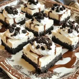 - 24 Oreo cookies (for the crust and topping) - 1/4 cup unsalted butter, melted - 16 oz cream cheese, softened - 1 cup powdered sugar - 1 teaspoon vanilla extract - 1 cup heavy whipping cream - 1/4 cup chocolate sauce (optional) - Food processor - 9x9 inch square baking dish - Electric mixer - Mixing bowls Gathering the right ingredients is key to making the best No-Bake Oreo Cheesecake Bars. You’ll need 24 Oreo cookies, which give the crust a rich flavor. Make sure to have some extra Oreos for topping. The butter binds the cookie crumbs into a solid base. Use unsalted butter for the best taste. Next, grab 16 ounces of softened cream cheese. This makes the filling creamy and smooth. You'll also need 1 cup of powdered sugar. It sweetens the mixture without being grainy. A teaspoon of vanilla extract adds a nice touch of flavor. Don’t forget about the heavy whipping cream! You need 1 cup. This cream helps the cheesecake become light and fluffy. If you want an extra touch, you can have 1/4 cup of chocolate sauce for drizzling on top. For tools, a food processor is a must. It crushes the Oreos quickly. A 9x9 inch square baking dish makes for easy assembly. An electric mixer helps you whip the cream cheese and sugar well. Mixing bowls are essential for separating your ingredients. With these ingredients and tools, you’re ready to make a delicious treat! - Crush the Oreos into fine crumbs. - Combine Oreo crumbs with melted butter and mix. To start, grab your food processor. Toss in the 24 Oreos. Pulse until you have fine crumbs. This will form a tasty base for your cheesecake. Next, melt 1/4 cup of unsalted butter. Pour this over your crushed Oreos. Mix well until the crumbs are moistened. You want a sandy texture that holds together. - Beat cream cheese until smooth. - Gradually add powdered sugar and vanilla, mix thoroughly. Now, take 16 ounces of softened cream cheese. Use an electric mixer to beat it until it’s smooth. This step is key for a creamy filling. Slowly add in 1 cup of powdered sugar. Add 1 teaspoon of vanilla extract too. Mix until everything blends perfectly. You’ll have a sweet, creamy mixture ready for the next step. - Whip heavy cream until stiff peaks form. - Fold whipped cream into the cream cheese mixture gently. In a separate bowl, pour in 1 cup of heavy whipping cream. Whip it with a mixer until you see stiff peaks. This makes your cheesecake light and fluffy. Now, gently fold this whipped cream into your cream cheese mixture. Be careful not to over-mix. You want to keep that fluffy texture. - Layer the filling over the prepared crust. - Add crushed Oreos and chocolate drizzle on top. Take your crust from the fridge. Pour the cream cheese filling over it. Use a spatula to spread it evenly. Then, crush a few extra Oreos and sprinkle them on top. If you like, drizzle 1/4 cup of chocolate sauce over the bars for extra flavor. - Cover and refrigerate for at least 4 hours. Cover your dish with plastic wrap. Place it in the refrigerator for at least 4 hours. This step is important for the cheesecake to set properly. - Cut into bars and serve chilled. Once chilled, take the cheesecake out. Use a sharp knife to cut it into bars. Make sure to serve them cold for the best taste. Enjoy every creamy, crunchy bite! To get the best texture for your cheesecake bars, start with room temperature cream cheese. Cold cream cheese mixes poorly. It can lead to lumps in your filling. Let the cream cheese sit out for about 30 minutes before mixing. Whipping the cream is just as important. Use an electric mixer to whip the cream until stiff peaks form. This step gives the cheesecake a light and airy feel. Be sure not to overwhip, or you might end up with butter instead of cream. For a stunning presentation, serve the cheesecake bars on a nice platter. Cut them into even squares for a clean look. Top each piece with a dollop of whipped cream and a sprinkle of crushed Oreos. This adds color and texture, making them more appealing. If you want to be fancy, drizzle some chocolate sauce on top. One common mistake is overmixing the filling. This can lead to a dense texture, which is not what you want. Mix just until combined to keep it fluffy. Another mistake is under-chilling the bars. They need at least 4 hours in the fridge to set properly. If you cut them too soon, they will be messy and won't hold their shape. Make sure to wait! {{image_2}} To make chocolate Oreo cheesecake bars, add melted chocolate to the filling. Start by melting 4 ounces of semi-sweet chocolate. Let it cool for a few minutes. Then, mix it in with the cream cheese before adding the sugar. This gives your dessert a rich, chocolatey taste. You can also sprinkle chocolate chips on top for extra texture. You can change the flavor with different extracts. Almond extract adds a nice nutty taste. Just use 1/2 teaspoon instead of vanilla. If you like mint, try 1/2 teaspoon of mint extract. This gives a fresh twist. You can even mix in some lemon zest for a bright flavor. Be creative and find your favorite! If you want a lighter version, use low-fat cream cheese. You can also swap in Greek yogurt for a tangy touch. Replace half the cream cheese with Greek yogurt for fewer calories. This keeps the creamy texture while cutting some fat. Another option is to use less sugar and add fresh fruit for sweetness. Enjoy your tasty treat with a bit less guilt! To keep your cheesecake bars fresh, store them in an airtight container. I suggest cutting them into bars before storing. This way, you can grab a piece easily. Place a layer of parchment paper between the bars to stop sticking. This simple step helps maintain their shape and texture. You can freeze these cheesecake bars for up to three months. Wrap them tightly in plastic wrap, then place them in a freezer bag. To thaw, put them in the fridge overnight. This method keeps them tasty and smooth. Avoid thawing at room temperature, as it can make them watery. In the fridge, these cheesecake bars last about one week. After that, they may lose some taste and texture. Always check for any changes in smell or color before eating. Enjoy your delicious treats while they are fresh! Yes, you can! Here are some great options: - Chocolate sandwich cookies: They offer a similar taste to Oreos. - Graham crackers: A classic choice that adds a nice crunch. - Vanilla wafers: These give a lighter flavor and a fun twist. - Digestive biscuits: They add a slightly different texture and taste. Feel free to experiment with different cookies to find your favorite! I recommend chilling the cheesecake bars for at least 4 hours. This time allows the filling to set properly. For best results, you can chill them overnight. The longer they chill, the firmer and better they taste! No, you don’t have to use heavy cream. Here are some alternatives: - Whipping cream: This works well and gives a rich flavor. - Coconut cream: A great dairy-free option that adds a nice taste. - Half-and-half: This can be whipped, though it may not be as thick. Using these alternatives will still help you create a creamy filling! This blog post shared a simple recipe for Oreo cheesecake bars. You learned about key ingredients, like cream cheese and Oreos, and tools you'll need. I outlined how to prepare the crust, make the filling, and whip the cream. Tips helped achieve the best texture, avoid mistakes, and add tasty variations. Remember to store leftovers properly for freshness. Whether you enjoy the classic recipe or explore variations, these cheesecake bars are a fun treat. Dive into making them and enjoy a delicious dessert!