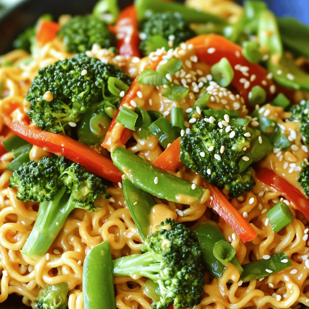 For this quick and tasty meal, you'll need: - 2 packs of instant ramen noodles (discard the seasoning packets) - 1 cup broccoli florets - 1 red bell pepper, thinly sliced - 1 carrot, julienned - 1 cup snap peas - 3 green onions, chopped (white and green parts separated) - 2 tablespoons vegetable oil - 3 tablespoons creamy peanut butter - 2 tablespoons soy sauce (or tamari for gluten-free) - 1 tablespoon sriracha (adjust to your spice preference) - 1 tablespoon sesame oil - Salt and pepper to taste - Toasted sesame seeds for garnish These ingredients make the dish vibrant and full of flavor. Each veggie adds unique texture and taste, while the sauces bring the dish together. You can add your own twist to the stir fry with these optional garnishes: - Chopped cilantro for freshness - Lime wedges for a zesty kick - Crushed peanuts for extra crunch - Additional sriracha for those who love heat These garnishes not only enhance the flavor but also add a beautiful touch to your plate. Don't have all the ingredients? No problem! Here are some substitutions: - Use zucchini or bell peppers instead of red bell pepper. - Swap snap peas for green beans or asparagus. - If you can't find sriracha, try hot sauce or chili paste. - For a nut-free version, use sunflower seed butter or tahini. These swaps help you customize the dish to your taste and pantry. Get creative! To start, boil water in a pot. Add the ramen noodles and cook for about 3 minutes. The noodles should soften but not break apart. Once they are ready, drain them well and set aside. This step is quick and makes the base for your meal. Next, heat 2 tablespoons of vegetable oil in a large skillet or wok over medium-high heat. Add the white parts of the green onions, broccoli, red bell pepper, carrot, and snap peas. Stir-fry the veggies for about 3-4 minutes. You want them to be tender yet still crunchy. This keeps your stir fry fresh and bright. While the veggies cook, grab a small bowl. Whisk together 3 tablespoons of peanut butter, 2 tablespoons of soy sauce, 1 tablespoon of sriracha, and 1 tablespoon of sesame oil. This sauce brings a creamy and spicy kick to your dish. Adjust the sriracha to match your taste. Once the veggies are cooked, add the drained ramen noodles to the skillet. Pour in the spicy peanut sauce next. Toss everything together gently for about 2 minutes. Make sure all the noodles and veggies get coated in the sauce. Season with salt and pepper to taste. Finally, plate your dish and garnish with the green onion tops and a sprinkle of toasted sesame seeds. Enjoy your vibrant creation! To make a great stir fry, heat is key. Use a large skillet or wok. Make sure it is hot before adding oil. I suggest using vegetable oil for high heat. When the oil shimmers, add your veggies. Stir them fast. This helps keep them crisp and bright. Cook the veggies for about 3-4 minutes. You want them soft but crunchy. Add the ramen noodles at the end. Toss everything gently but well to mix. The sriracha in this recipe adds a nice kick. If you like it spicy, add more. If you prefer less heat, start with one teaspoon. You can always add more later. Mix the sriracha into the peanut sauce. Taste it before you add it to the stir fry. This way, you can adjust it right to your liking. You can serve your Minute Spicy Peanut Ramen Stir Fry on its own. But for a heartier meal, add protein. Chicken, shrimp, or tofu work well. They add flavor and make the dish filling. Serve with a side of fresh fruit or a light salad. This adds freshness and balance to your meal. Don’t forget the toasted sesame seeds on top. They add a nice crunch and flavor. Enjoy your quick and tasty meal! {{image_2}} You can boost your stir fry with protein. This will make it more filling. Try adding cooked chicken, shrimp, or tofu. Each option adds flavor and texture. For chicken, use rotisserie or grilled pieces. For shrimp, toss in some cooked ones for a quick addition. If you prefer tofu, use firm tofu. Cube it and sauté it until golden. This will keep the dish light and tasty. You can switch up the veggies based on what you like. Use bell peppers, zucchini, or even mushrooms. Each veggie brings its own taste to the dish. Try adding bok choy or spinach for a leafy green option. You can also mix in some snow peas or asparagus. Just remember to cut them to bite-sized pieces. This makes for easy eating and cooking. If you need a gluten-free option, use gluten-free noodles. Rice noodles are a great choice. You can also use spiralized veggies like zucchini. For a vegan version, ensure your soy sauce is gluten-free. Use tamari instead of regular soy sauce. Replace the peanut butter with almond butter, if desired. This keeps the dish creamy and rich without dairy. To store leftovers, let the stir fry cool down first. Then, place it in an airtight container. This will keep it fresh for about three days. Make sure to separate the noodles from the veggies if you can. This helps keep everything crisp. When reheating, use the microwave or a skillet. If using a microwave, cover the dish with a lid or a damp paper towel. Heat in short bursts, stirring in between. If using a skillet, add a splash of water to prevent sticking. This keeps the noodles from getting too dry. Heat until everything is warmed through. For meal prep, cook the noodles and veggies separately. Store them in separate containers. Mix them together when you're ready to eat. This keeps the flavors fresh and the veggies crisp. You can also make extra sauce ahead of time and store it in the fridge. Just remember to adjust the spice level based on your taste! This dish takes about 20 minutes. You spend 10 minutes prepping and 10 minutes cooking. It’s quick! Yes, you can use other noodles. Rice noodles or soba noodles work well. Just cook them according to their package instructions. You can swap peanut butter with almond butter or sunflower seed butter. They give a tasty twist while keeping it creamy! Absolutely! This stir fry stores well in the fridge. Just keep it in an airtight container. Reheat it in a pan or the microwave for quick meals later. This blog covered how to make Minute Spicy Peanut Ramen Stir Fry. We discussed the key ingredients, including options for garnishes and substitutions. You learned step-by-step instructions and tips for a tasty stir fry. We explored variations and how to store leftovers. In conclusion, this recipe is easy to adjust. You can make it your own with different vegetables and proteins. Enjoy your cooking and the delicious meals you create!