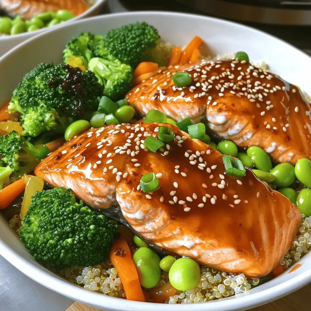 - 2 salmon fillets (about 6 oz each) - 1/3 cup low-sodium soy sauce - 2 tablespoons honey - 1 tablespoon rice vinegar - 1 cup broccoli florets - 1 carrot, julienned - 1/2 cup edamame (shelled) - 1 tablespoon sesame seeds - 1 tablespoon sesame oil - 1 teaspoon fresh ginger, grated - 2 cloves garlic, minced - 1 cup quinoa, rinsed When I create my Teriyaki Glazed Salmon Bowls, I start with fresh ingredients. The salmon fillets are the star of the dish. They have a rich flavor and are easy to cook. Low-sodium soy sauce gives the sauce a salty kick without being too overpowering. Honey adds sweetness that balances the salt. Rice vinegar brightens the flavors and adds a hint of acidity. Next, I focus on vegetables. Broccoli florets bring a nice crunch and vibrant color. I like to julienne the carrot for a pop of orange. Edamame adds protein and a nice texture. I often sprinkle sesame seeds on top for a nutty finish. For the cooking essentials, sesame oil provides a unique flavor. Fresh ginger and garlic create depth in the sauce. Quinoa serves as a hearty base. It absorbs flavors well and is a great source of nutrients. Gathering these ingredients makes preparing this meal fun and easy. You’ll enjoy every bite while knowing you made a healthy choice! To make the teriyaki sauce, gather these ingredients: - 1/3 cup low-sodium soy sauce - 2 tablespoons honey - 1 tablespoon rice vinegar - 1 tablespoon sesame oil - 1 teaspoon fresh ginger, grated - 2 cloves garlic, minced Combine all the ingredients in a small saucepan. Heat the mixture over medium heat. Stir until the honey dissolves. Let it simmer for 5-7 minutes. This will thicken the sauce nicely. Remove it from heat and set aside to cool. For the quinoa, you need: - 1 cup quinoa, rinsed - 2 cups water or vegetable broth In a medium pot, combine the quinoa with water or broth. Bring it to a boil. Once boiling, reduce the heat to low. Cover the pot and let it simmer for about 15 minutes. The quinoa is done when it is fluffy and all liquid is absorbed. Set it aside. You will need these vegetables: - 1 cup broccoli florets - 1 carrot, julienned - 1/2 cup edamame (shelled) Steam the broccoli florets for about 5 minutes. They should be tender and bright green. In another pan, sauté the carrots and edamame for 2-3 minutes. Season them lightly with salt and pepper. For the salmon, you will need: - 2 salmon fillets (about 6 oz each) - Salt and pepper to taste Preheat a grill or a non-stick skillet over medium-high heat. Season the salmon fillets with salt and pepper. Place the fillets skin-side down in the skillet. Brush them generously with the teriyaki sauce you made. Cook for about 4-5 minutes, then flip them. Brush the other side with sauce and cook for another 4-5 minutes until done. You want the internal temperature to reach 145°F. To assemble the bowls, start with: - Cooked quinoa - Steamed broccoli - Sautéed carrots - Sautéed edamame - Teriyaki-glazed salmon In each bowl, place a scoop of quinoa as the base. Layer in the steamed broccoli, sautéed carrots, and edamame. Finally, add a piece of the teriyaki-glazed salmon on top. Drizzle any extra teriyaki sauce over each bowl for extra flavor. To make the teriyaki sauce just right, you can adjust the sweetness and saltiness. If you like it sweeter, add more honey. For a saltier flavor, use a bit more soy sauce. I suggest simmering the sauce for about 5-7 minutes. This time will help it thicken, making it stick to the salmon better. To check if your salmon is done, look for a flaky texture. The inside should be opaque and reach 145°F. I prefer grilling or searing the salmon. These methods give it a nice char and keep it moist. Brush the teriyaki sauce on both sides while cooking for the best flavor. For side dishes, pair your bowl with steamed vegetables, like broccoli or carrots. You can also add a salad for extra crunch. If you have leftovers, store them in an airtight container. They will stay fresh for up to three days in the fridge. Reheat gently to keep the salmon tender. {{image_2}} You can switch out salmon for chicken or tofu. This change makes it easy to enjoy the dish in different ways. If you use chicken, cut it into strips. Cook it for about 6-8 minutes, or until it's no longer pink inside. For tofu, use firm tofu and cut it into cubes. Sauté it for 4-5 minutes until golden. Adjust the cooking time based on what you choose. Quinoa is great, but you can use other grains too. Brown rice is a hearty choice, and it adds fiber. Cauliflower rice is a low-carb option that tastes great. You can also use farro or barley for a nutty flavor. Just make sure to follow the cooking instructions for each grain to get the best results. Want to kick up the taste? Add your favorite spices or herbs. A pinch of red pepper flakes can give some heat. Fresh cilantro or basil adds a nice twist. You might also try adding a splash of orange juice for a citrus kick. Incorporating exotic ingredients like miso paste or gochujang can take this dish to a whole new level. Experiment and find the combination you love! After you enjoy your meal, let any leftovers cool down. Place the salmon, quinoa, and veggies in airtight containers. This keeps them fresh. Store them in the fridge for up to three days. If you want them to last longer, consider freezing. To reheat the quinoa, add a splash of water in a pot. Heat it over low until warm. For the salmon, the best way is in the oven. Preheat it to 350°F (175°C). Wrap the salmon in foil to keep it moist. Heat for about 10 minutes. This method keeps the flavors strong. Yes, you can freeze teriyaki glazed salmon. Wrap the salmon tightly in plastic wrap, then place it in a freezer bag. Remove as much air as possible. For quinoa and veggies, use separate containers. Store them for up to three months. Just remember to label everything with the date. Yes, fresh salmon works great! Look for salmon that is bright in color and smells fresh. You want fillets that are firm and free of any brown spots. If you can, buy wild-caught salmon. It has better flavor and texture. Use fillets about 6 ounces each for best results. To make this dish gluten-free, use tamari instead of soy sauce. Tamari has a similar taste but is made without wheat. You can also look for gluten-free soy sauce brands at your store. Always read labels to ensure they are gluten-free. You can add many veggies to your salmon bowl. Some great options are bell peppers, snap peas, or zucchini. Feel free to use seasonal vegetables. They add color and nutrients. You can also try adding avocado for a creamy texture. The prep time is about 15 minutes. Cooking takes around 25 minutes. So, the total time is about 40 minutes. This includes making the teriyaki sauce, cooking quinoa, and preparing the salmon and veggies. These bowls pair well with a simple salad or some steamed rice. You could also serve them with pickled vegetables for a tangy touch. If you want more protein, try adding edamame or tofu. They make the meal even more filling. This blog post walks you through making Teriyaki Glazed Salmon Bowls. We discussed key ingredients like salmon, soy sauce, and vegetables. You learned step-by-step instructions to prepare the sauce, cook quinoa, and glaze the salmon. Final thoughts: this dish is easy to make and full of flavor. Don’t hesitate to experiment with proteins and grains. Enjoy your healthy meal and the satisfaction of cooking!