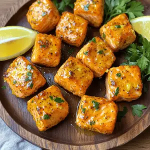 Here’s what you need for Air Fryer Lemon Pepper Salmon Bites: - 1 lb salmon fillet, skinless, cut into bite-sized cubes - 2 tablespoons olive oil - 1 teaspoon lemon zest - 2 tablespoons lemon juice - 1 teaspoon freshly cracked black pepper - 1 teaspoon garlic powder - 1 teaspoon onion powder - 1/2 teaspoon salt - Fresh parsley, chopped (for garnish) Gather these items before you start. This makes cooking smooth and easy. You can swap some ingredients if needed. Here are a few ideas: - Salmon: Use any firm fish like trout or cod. - Olive oil: Can replace it with avocado oil for more flavor. - Lemon zest: You can use lime zest for a fun twist. - Black pepper: Try using cayenne for a spicy kick. - Garlic powder: Fresh minced garlic works well too. These changes still give you tasty salmon bites. Fresh ingredients make a big difference. Fresh salmon tastes better and has a nice texture. Look for bright color and a clean smell. If you have fresh herbs, like parsley, use them! They add beautiful flavor and color. Using fresh ingredients makes your dish shine and impresses everyone at the table. First, gather your ingredients. You need 1 pound of skinless salmon fillet, cut into bite-sized cubes. In a mixing bowl, combine 2 tablespoons of olive oil, 1 teaspoon of lemon zest, and 2 tablespoons of fresh lemon juice. Add 1 teaspoon of cracked black pepper, 1 teaspoon of garlic powder, 1 teaspoon of onion powder, and ½ teaspoon of salt. Mix this well to form a marinade. Next, add the salmon cubes to the marinade. Toss the cubes gently until they are well-coated. Let the salmon sit for about 15 minutes to soak up the flavors. This step is key for a tasty bite. While the salmon marinates, preheat your air fryer. Set it to 400°F (200°C) and let it warm for 3 to 5 minutes. Preheating helps the salmon cook evenly. It also gives it that crispy texture we love. After preheating, place the marinated salmon bites in the air fryer basket. Make sure to arrange them in a single layer. Avoid overcrowding the basket; this helps them cook well. Cook the salmon for 8 to 10 minutes. Shake the basket halfway through the cooking time. This ensures even crispiness. When done, the salmon should be cooked through and have slightly crispy edges. Remove the salmon bites and garnish them with fresh parsley. Serve them hot with lemon wedges for an extra zesty kick. Enjoy! To get the best taste from your salmon bites, use fresh ingredients. Fresh lemon juice adds brightness. Lemon zest brings a strong lemon flavor. Balance the salt and black pepper for an ideal taste. Too much salt can overpower the dish, while too little makes it bland. Taste the marinade before adding the salmon. Adjust it if needed. Serve the salmon bites with lemon wedges for an extra zing. Pair them with a fresh salad or steamed veggies for a light meal. You can also serve them on skewers as an appetizer for parties. Add a creamy dip, like garlic aioli, to enhance the flavor. Fresh parsley on top adds color and freshness. One common mistake is overcrowding the air fryer. This can lead to uneven cooking. Always place the salmon bites in a single layer. Another mistake is not marinating long enough. Let the salmon sit in the marinade for at least 15 minutes. This helps the flavors soak in. Lastly, avoid cooking at too low a temperature, as this can result in mushy salmon bites. {{image_2}} You can change the flavor of your salmon bites easily. Try adding herbs like dill or thyme. They give a fresh taste. For a spicy kick, add cayenne pepper or chili flakes. You can also use soy sauce for a Asian twist. Mix it with ginger for extra flavor. Let your taste buds lead the way! While salmon works great, you can use other fish too. Try white fish like cod or tilapia for a lighter bite. These fish cook quickly and soak up flavors well. You can also use shrimp if you want something different. Just adjust the cooking time to avoid overcooking them. Air fryer lemon pepper salmon bites shine at any gathering. For a casual night, serve them with a side salad. Add lemon wedges to brighten the dish. If you host a party, skewer the bites for easy eating. For a fancy dinner, pair them with rice or quinoa. You can also serve them atop a bed of greens for a healthy meal. To keep your salmon bites fresh, place them in an airtight container. This step helps to lock in flavors and moisture. You can store them in the fridge for up to three days. Make sure the salmon is cooled before sealing the container. This prevents steam from building up and making the bites soggy. Reheating your salmon bites is easy. Use the air fryer for the best results. Set it to 350°F (175°C) and cook for about 4-5 minutes. This will help restore their crispy texture. You can also use a microwave if you're in a hurry. Just heat them in short bursts of 30 seconds, checking often. However, this method may make them a bit soft. If you want to save some for later, freezing is a great option. Place the cooled salmon bites in a single layer on a baking sheet. Freeze them for about an hour, then transfer to a freezer bag. This method prevents them from sticking together. You can freeze them for up to two months. When you're ready to eat, just thaw them in the fridge overnight and reheat as mentioned above. Cook salmon bites in the air fryer for 8-10 minutes at 400°F (200°C). Halfway through, shake the basket to help them cook evenly. The salmon should be flaky and slightly crispy on the edges. This timing works well for bite-sized pieces, ensuring they cook through without drying out. Yes, you can use skin-on salmon. Just remove the skin after cooking, if you prefer. Skin-on salmon adds extra flavor and helps keep the fish moist. However, skinless salmon cubes work perfectly too. It really comes down to your taste and what you have on hand. These salmon bites pair well with many sides. Try serving them with a fresh green salad or steamed veggies. Quinoa or rice can also make a great base. For something light, serve with lemon wedges for extra zest. You could also add a dipping sauce, like a yogurt sauce or a simple aioli, to enhance the dish. In this blog post, we covered everything you need for delicious air fryer salmon bites. We explored key ingredients, tips for marinating, and how to achieve a perfect cook. Remember to use fresh ingredients for the best taste. Explore variations with different fish and seasonings to keep it exciting. Lastly, don't forget about storage tips to enjoy leftovers later. With these steps, you can make tasty salmon bites every time. Happy cooking!