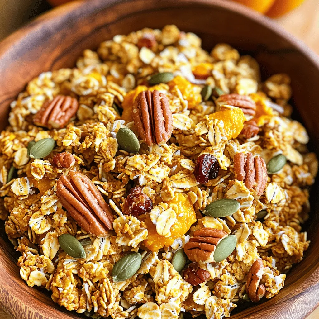 - 3 cups rolled oats - 1 cup chopped pecans - 1 cup pumpkin seeds - 1/2 cup unsweetened coconut flakes I love using rolled oats as the base for my pumpkin spice granola. They give it a chewy texture. Chopped pecans add a nice crunch and nutty flavor. Pumpkin seeds not only boost nutrition but also add a fun twist. Unsweetened coconut flakes bring a bit of sweetness and a tropical touch. - 1/2 cup maple syrup - 1/4 cup coconut oil, melted - 1 cup canned pumpkin puree - 1 tablespoon pumpkin pie spice Maple syrup is my go-to sweetener. It gives the granola a warm, rich flavor. Coconut oil helps bind everything together and adds a subtle coconut taste. Canned pumpkin puree brings moisture and that classic pumpkin flavor. Pumpkin pie spice is the star here, filling your kitchen with a lovely fall scent. - 1/2 cup dried cranberries or raisins - 1/2 teaspoon salt I like to add dried cranberries or raisins for a pop of color and extra sweetness. A little salt helps balance the flavors. You can choose whether to include these add-ins based on your taste. 1. Preheating the oven: First, set your oven to 350°F (175°C). This step ensures even cooking for your granola. 2. Preparing the baking sheet: Line a large baking sheet with parchment paper. This prevents sticking and makes cleanup easier. 1. Combining oats and nuts: In a large bowl, mix 3 cups of rolled oats, 1 cup of chopped pecans, 1 cup of pumpkin seeds, and 1/2 cup of unsweetened coconut flakes. Stir well to blend all the dry ingredients. 1. Whisking together liquids and flavorings: In another bowl, combine 1/2 cup of maple syrup, 1/4 cup of melted coconut oil, 1 cup of canned pumpkin puree, 1 tablespoon of pumpkin pie spice, 1/2 teaspoon of vanilla extract, and 1/2 teaspoon of salt. Whisk until the mix is smooth and well-blended. 1. Spreading the mixture: Pour the wet mix over the dry ingredients. Stir until every piece is coated. Then, spread the mixture evenly on your prepared baking sheet. 2. Baking duration and stirring: Bake the granola for 25 to 30 minutes. Stir halfway through to ensure even toasting. Keep an eye on it until it turns golden and fragrant. 1. Cooling before breaking clusters: Once baked, let the granola cool completely on the sheet. This helps it form crunchy clusters. 2. Tips for storing granola: Store your granola in an airtight container. It will stay fresh for up to two weeks. Enjoy it as a tasty breakfast or snack! To make great granola, even baking is key. This means stirring the mix halfway through baking. It helps every piece get that nice golden color. If you skip this step, some bits might burn while others stay soft. To avoid clumping, spread the granola out well on the baking sheet. If it sticks together, it won’t bake evenly. Keep the pieces apart, so they get crispy. You can switch out the nuts and seeds in this recipe. If you love almonds, go for them. Prefer sunflower seeds? Use those instead. This recipe is all about your taste. Adjust the sweetness based on what you like. If you want it sweeter, add more maple syrup. If you prefer less, cut back. Taste the mix before baking to get it just right. For toppings, yogurt and fresh fruits work best. They add a creamy texture and bright flavor. Try strawberries or bananas for a tasty treat. You can also use granola in other recipes. Sprinkle it on salads for crunch or mix it into snack bars. The options are endless, and it makes meals fun and exciting! {{image_2}} To make your pumpkin spice granola even more special, try adding spices like cinnamon or nutmeg. These spices bring warmth and depth. You can adjust the amounts based on your taste. For a classic fall flavor, add a teaspoon of cinnamon. Nutmeg adds a nice kick but use it sparingly. A little goes a long way. Mixing spices can create your unique blend. Experiment to find what you love best. If you’re looking for gluten-free options, you can easily substitute the rolled oats. Use certified gluten-free oats to ensure safety. Many brands offer great choices. For sweetener alternatives, consider using honey or agave syrup. Both will add sweetness without refined sugar. You can also cut back on the maple syrup for a less sweet version. This way, you maintain flavor while being mindful of health. Want to add a twist? Try mixing in chocolate chips or dried fruits. They add fun texture and sweetness. Dark chocolate chips bring richness, while dried cranberries or raisins add chewiness. If you love nut butter, swirl in some almond or peanut butter before baking. This makes the granola creamier and adds protein. Each of these options gives your granola a new taste and makes it more enjoyable. Store your pumpkin spice granola in airtight containers. This keeps it fresh and crunchy. Place the containers in a cool, dark spot. A pantry or cupboard works well. Avoid areas with heat or moisture, as they can spoil your granola. Homemade pumpkin spice granola lasts about two weeks. After this, it may lose its crispness. Look for signs of spoilage. If it smells off or feels soggy, it's time to toss it. Fresh granola should be light and fragrant, just like fall! If your granola goes stale, don’t throw it away! You can repurpose it in many ways. Try adding it to smoothies for a crunchy texture. You can also mix it into yogurt or ice cream. Another fun idea is to use it as a topping for baked goods. Get creative and enjoy every last bite! Homemade pumpkin spice granola lasts up to two weeks when stored properly. Keep it in an airtight container. This helps maintain its crunch. If you notice any off smells or changes in texture, it’s best to toss it. Enjoy it fresh for the best taste! Yes, you can use fresh pumpkin. Just cook and puree the pumpkin first. Roast the pumpkin in the oven until soft. Then, scoop out the flesh and blend it until smooth. This adds a fresh taste but may change the texture slightly. Yes, this granola is vegan-friendly! All the ingredients, like oats, nuts, and maple syrup, fit a vegan diet. Just make sure to check the labels on your coconut oil and other items to ensure they are vegan. This recipe is perfect for everyone. Absolutely! To make it gluten-free, use certified gluten-free oats. Most nuts and seeds are naturally gluten-free, so you don’t need to worry there. This way, everyone can enjoy your delicious pumpkin spice granola! This blog post covered how to make delicious pumpkin spice granola packed with flavor. I shared the key ingredients, like oats and pumpkin puree, along with step-by-step instructions. We explored tips for perfecting your granola, variations to try, and best storage practices. Making granola is fun and allows for great customization. Enjoy experimenting with flavors and find what you love most. With these tips, you can create a tasty snack that fits your diet and preferences. Happy baking!