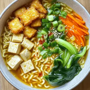 - 4 cups vegetable broth - 3 tablespoons miso paste (white or yellow) - 1 tablespoon soy sauce - 1 tablespoon grated ginger - 2 cloves garlic, minced - 150g ramen noodles - 200g firm tofu, cubed - 2 tablespoons cornstarch - 3 tablespoons vegetable oil - 1 cup bok choy, chopped - 1 carrot, julienned - 2 green onions, sliced - Sesame seeds for garnish - Optional: chili oil for a spicy kick Gathering the right ingredients is key to making your Miso Ginger Ramen with Crispy Tofu shine. Start with fresh, quality ingredients. I love using vegetable broth as it adds depth to the soup. Miso paste, which comes in white or yellow, gives it that savory umami flavor. Ginger and garlic are essential. They bring warmth and zest to the dish. Ramen noodles are the backbone of this meal, and firm tofu provides protein and texture. To get that crunchy tofu, we use cornstarch. Vegetable oil helps in frying the tofu to a perfect crisp. Don’t forget the fresh veggies! Bok choy, carrots, and green onions add color and nutrition. Optional toppings like sesame seeds and chili oil can elevate the dish further. Feel free to adjust the toppings to your taste. With these ingredients ready, you’re set to create a flavorful and satisfying bowl of ramen. First, you need to press the tofu. This step removes moisture and helps it crisp up. Wrap the tofu block in a clean towel. Place a heavy object on top for about 15 minutes. Once the time is up, cut the tofu into cubes. Aim for 1-inch pieces for even cooking. Next, toss the cubed tofu with cornstarch. This coating makes it crispy when fried. In a non-stick skillet, heat 3 tablespoons of vegetable oil over medium-high heat. Add the coated tofu cubes carefully. Fry them for about 3-4 minutes on each side. You want them golden brown and crispy. Once done, remove them from the skillet and set them on a paper towel to absorb extra oil. Now it's time to make the broth. In a large pot, combine 4 cups of vegetable broth, 3 tablespoons of miso paste, 1 tablespoon of soy sauce, 1 tablespoon of grated ginger, and 2 cloves of minced garlic. Bring this mixture to a gentle simmer over medium heat. Stir to dissolve the miso paste well. Next, add the ramen noodles to the simmering broth. Cook according to the package instructions, usually about 4-5 minutes. For the last 2 minutes, add 1 cup of chopped bok choy and 1 julienned carrot. Once the noodles and veggies are tender, divide the ramen into bowls. Ladle the rich miso ginger broth over the noodles and vegetables. Add the crispy tofu on top of each bowl. Garnish with sliced green onions, sesame seeds, and a drizzle of chili oil if you like it spicy. Enjoy your flavorful dish! To get crispy tofu, you need to coat it right. Start with firm tofu. Press it to remove excess water. Wrap it in a towel and place something heavy on top for about 15 minutes. This step helps the tofu absorb flavors better. Once pressed, cut the tofu into even cubes. In a bowl, toss the cubes with cornstarch. Make sure each piece is well coated. This coating will create a crispy texture when fried. Heat vegetable oil in a non-stick skillet over medium-high heat. Add the coated tofu cubes carefully. Fry them for about 3-4 minutes on each side. Look for a golden brown color. When done, place the tofu on a paper towel to absorb any extra oil. You can use different ingredients to boost the broth's flavor. Instead of vegetable broth, try using mushroom broth for a deeper taste. You can also add a splash of rice vinegar or a dash of sesame oil for extra layers of flavor. Adjust the spice level to your taste. If you want more heat, add chili oil directly to the broth. You can also sprinkle some red pepper flakes on top when serving. Choosing the right ramen noodles matters. Fresh ramen noodles cook quicker and taste better than dried ones. Always check the package instructions for cooking times. To avoid overcooking, keep an eye on the noodles. Add them to the broth only when it simmers. Cook them for about 4-5 minutes. For added nutrition, toss in the bok choy and carrots in the last two minutes. This keeps them crisp and colorful. {{image_2}} You can swap tofu for other proteins. Tempeh gives a similar texture. It also adds a nutty flavor. Chicken is another option. It works well with the broth. Simply cook the chicken in the broth for added taste. If you want more plant-based proteins, try edamame or chickpeas. They both add a nice texture. You can also use seitan for a meatier bite. These options keep the dish vegetarian or vegan. Feel free to mix up your veggies! Spinach adds a fresh touch, while mushrooms give a nice umami flavor. Bell peppers can add sweetness and crunch. Remember, the more colors, the better your bowl looks and tastes! To store leftovers, let the ramen cool to room temperature. Then, place it in an airtight container. You can keep it in the fridge for up to three days. If you have leftover crispy tofu, store it separately. This keeps the tofu crispy longer. To reheat ramen, use a pot. Add a splash of water or broth to keep it moist. Heat it on low until warm. Stir gently. For crispy tofu, use an oven or an air fryer. This method keeps it crunchy. Heat at 350°F for about 5-7 minutes. You can freeze ramen, but it’s best to freeze the broth and noodles separately. Use freezer-safe containers. The broth lasts up to three months. Cook the noodles fresh when you’re ready to eat. This keeps the texture nice. Tofu can also be frozen, but it may lose some crispiness. Yes, you can use instant ramen noodles. They are quick and easy. Just cook them according to the package. They work well with the miso ginger broth. If you want a heartier dish, you can also use fresh ramen noodles. They will give you a different texture and taste. Not all miso paste is gluten-free. Some brands use barley or other grains. Always check the label if you have gluten sensitivity. Look for miso made with soybeans, rice, or chickpeas. These are usually safe for gluten-free diets. There are many options available in stores today. You can store homemade ramen in the fridge for about 3 days. Keep the broth and noodles separate to maintain texture. The tofu can also last about 3 days. When you're ready to eat, just reheat everything gently. Do not freeze the ramen, as the noodles can become mushy. This blog covers how to make a tasty ramen bowl using fresh ingredients. You learned about essential items like vegetable broth, tofu, and spices. I shared step-by-step instructions for preparing tofu, cooking the broth, and assembling your dish. Tips helped you achieve crispy tofu and perfect noodles. Feel free to adjust the recipe to fit your taste or diet. With practice, you’ll create delicious ramen every time. Enjoy your cooking adventure!