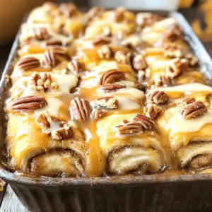 To make this delicious treat, gather these key ingredients: - 2 cans (12.4 oz each) refrigerated cinnamon rolls - 1 cup pecans, roughly chopped - 1/2 cup caramel sauce, plus extra for drizzling - 1/2 cup brown sugar - 1 teaspoon ground cinnamon - 4 tablespoons unsalted butter, melted - 3 large eggs - 1/2 cup milk - 1 teaspoon vanilla extract - Pinch of salt These ingredients create a rich and sweet experience. The cinnamon rolls serve as a soft base. The pecans add crunch and flavor, while the caramel brings sweetness. You can enhance your bake with a few extra toppings. Consider adding: - Whipped cream for a light, airy touch - Chopped apples for a fruity twist - A sprinkle of powdered sugar for a pretty finish - Chocolate chips for a sweet surprise These additions can elevate your dish. Feel free to mix and match based on your taste. If you need to swap ingredients, here are some ideas: - Use walnuts instead of pecans for a different nut flavor. - Swap brown sugar with white sugar for a lighter taste. - You can replace milk with almond milk for a dairy-free option. - Use maple syrup instead of caramel for a unique sweetness. These substitutions can keep the recipe flexible and fun. Adjust based on what you have at home. First, preheat your oven to 350°F (175°C). Grease a 9x13-inch baking dish with cooking spray or butter. This helps the bake not stick. Open the two cans of cinnamon rolls and set the icing aside for later. Cut each roll into quarters. This makes it easier to mix and bake evenly. In a large bowl, toss the chopped pecans, quartered cinnamon rolls, brown sugar, and ground cinnamon together. Mix until everything is well coated. This adds flavor to each bite. Spread half of the cinnamon roll mixture evenly in the prepared baking dish. Drizzle half of the caramel sauce on top. Then, add the rest of the cinnamon roll mixture and drizzle the remaining caramel sauce over it. In another bowl, whisk together the melted butter, eggs, milk, vanilla extract, and a pinch of salt. Pour this mixture evenly over the cinnamon roll bake. Using a knife, gently swirl through the mixture. This ensures the flavors mix well. Bake in the preheated oven for about 25-30 minutes. Look for a golden brown color to know it is done. Once out of the oven, allow it to cool for 5-10 minutes. Drizzle the reserved icing and extra caramel sauce on top before serving. Enjoy this tasty treat warm! To get the perfect texture in your Caramel Pecan Cinnamon Roll Bake, use fresh cinnamon rolls. Their dough should be soft and tender. Cut the cinnamon rolls into quarters for easy mixing. This helps each piece soak up the liquid better. Make sure to mix the eggs, milk, and butter well. This ensures even moisture throughout the bake. Swirl gently with a knife before baking. This helps the flavors blend without breaking the rolls too much. To save time, you can prepare this dish the night before. Cut the cinnamon rolls and mix them with the pecans, brown sugar, and cinnamon. Place this mixture in the baking dish and cover it. You can whisk the wet ingredients separately and store them in the fridge. In the morning, simply pour the wet mix over the cinnamon rolls and bake. This makes breakfast easy and fast! Serve the Caramel Pecan Cinnamon Roll Bake warm for the best taste. Drizzle extra caramel sauce on top right before serving. A dollop of whipped cream or a scoop of vanilla ice cream also makes it special. Pair it with fresh fruit, like berries or sliced bananas. This adds color and freshness to your plate. Coffee or hot tea works well as a drink choice. Enjoy this delightful dish with family and friends for a cozy meal! {{image_2}} You can change this recipe for different seasons. For fall, add pumpkin puree. Mix in half a cup of pumpkin for a warm flavor. You can also use pumpkin spice instead of ground cinnamon. For a fresh twist in spring, try adding apple slices. Sauté the apple slices with a bit of butter and brown sugar before mixing them in. This makes your bake taste like a warm apple pie! If you need a nut-free option, simply leave out the pecans. Instead, you can add more cinnamon rolls. You can also try using chocolate chips. They add a sweet twist without nuts. Just toss in half a cup of chocolate chips with the cinnamon rolls. This change still gives you that gooey, sweet delight! Want to make this recipe vegan? Swap the eggs with flax eggs. Mix one tablespoon of flaxseed meal with two and a half tablespoons of water. Let it sit for five minutes to thicken. You can also replace the milk with almond or oat milk. Use a vegan caramel sauce for drizzling. This way, you get the same delicious taste without any animal products! After enjoying your Caramel Pecan Cinnamon Roll Bake, store any leftovers in an airtight container. Keep them in the fridge for up to three days. Make sure to let the bake cool down before placing it in the container. This keeps it fresh and tasty. You can freeze the leftover bake for later. Cut it into pieces and wrap each piece in plastic wrap. Then, place the wrapped pieces in a freezer-safe bag. They can last in the freezer for up to two months. When you want to enjoy it again, simply thaw it in the fridge overnight. To reheat your Caramel Pecan Cinnamon Roll Bake, preheat your oven to 350°F (175°C). Place a piece on a baking sheet and cover it with foil. Heat for about 10-15 minutes until warm. You can also microwave individual pieces for about 30 seconds to 1 minute. Just don’t forget to add a drizzle of caramel sauce on top before serving! Yes, you can use homemade cinnamon rolls. They might taste even better! Just cut them into quarters like the refrigerated rolls. Be sure to adjust baking time if needed. Homemade rolls tend to be more fluffy and may need a bit longer to bake through. Check for a golden brown color on top. You can also insert a toothpick into the center. If it comes out clean, it's done! The bake should feel firm but soft. A slight jiggle is normal. This bake pairs well with fresh fruit, like berries or banana slices. A dollop of whipped cream or a scoop of vanilla ice cream adds a nice touch too. You could also serve it with coffee or a warm cup of tea. It will stay fresh in the fridge for about 3 to 4 days. Just cover it well to keep it moist. You can reheat it in the microwave for a quick treat. This post covered everything you need for a Caramel Pecan Cinnamon Roll Bake. We discussed required ingredients, optional toppings, and how to make swaps if needed. I shared step-by-step instructions for prep, layering, and baking. Plus, tips for texture, make-ahead options, and serving ideas were included. Variations like seasonal flavors and vegan options can help keep it fresh. Finally, I provided storage tips to ensure your leftovers stay tasty. Enjoy making this dish and experimenting with your own twists!