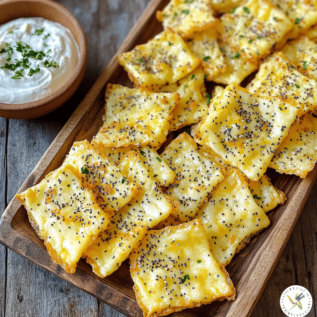 To make Keto Everything Bagel Cheese Chips, gather these simple ingredients: - 1 cup shredded mozzarella cheese - 1/2 cup grated parmesan cheese - 2 tablespoons almond flour - 1 tablespoon everything bagel seasoning - 1/2 teaspoon garlic powder - 1/2 teaspoon onion powder - Salt, to taste - Optional: Fresh herbs for garnish Each ingredient plays a key role in the flavor and texture of the chips. - Shredded mozzarella cheese is the base. It melts well and gives a nice stretch. - Grated parmesan cheese adds a sharp, nutty taste. It helps with crispiness, too. - Almond flour acts as a binder. It keeps the chips together without using wheat. - Everything bagel seasoning infuses bold flavors. It adds a mix of sesame, poppy seeds, onion, and garlic. - Garlic and onion powders enhance the savory notes. They make the chips even tastier. - Salt is crucial for bringing out the flavors. Adjust to your taste. - Fresh herbs can add color and freshness. They make the chips look great. Gather these ingredients before you start. It makes cooking fast and easy. Plus, it keeps your kitchen neat! 1. Preheat your oven to 350°F (175°C). Line a baking sheet with parchment paper. This helps the chips not to stick. 2. In a mixing bowl, add the shredded mozzarella, grated parmesan, almond flour, and everything bagel seasoning. Also, add garlic powder, onion powder, and a pinch of salt. 3. Mix the ingredients well using your hands or a spatula. You want a dough-like mixture that holds together. 1. Scoop tablespoon-sized portions of the mixture. Place them on the prepared baking sheet, spacing them about 2 inches apart. This gives each chip room to expand. 2. Flatten each portion a bit with the back of a spoon. Aim for a round shape about 1/4 inch thick. This helps them bake evenly. 3. Bake the chips in the preheated oven for 8-10 minutes. Keep an eye on them until the edges turn golden brown and they become crispy. 4. Once done, remove the tray from the oven. Let the chips cool for 5 minutes on the baking sheet. Then, transfer them to a wire rack to cool completely. This keeps them crispy. To make the best Keto Everything Bagel Cheese Chips, mixing is key. Start by using your hands or a spatula to blend the cheeses and almond flour well. This helps create a dough-like mix that holds together. Ensure the mozzarella and parmesan are evenly distributed. This way, each chip will have the same great taste. Achieving the perfect chip texture is simple. You want them thin but not too thin. Aim for about 1/4 inch thick when you flatten them. This thickness gives a nice crunch without burning. Keep an eye on them as they bake. The edges should turn golden brown, which means they are ready. These chips are great on their own, but dips make them even better. Serve them with cream cheese or guacamole for a tasty treat. You can also pair them with salsa or a spicy dip for a kick. For a lovely presentation, arrange the chips on a colorful platter. You can add a small bowl of dip in the center. If you sprinkle fresh herbs on top, like parsley or dill, it adds color and flavor. This makes your snack both beautiful and delicious! {{image_2}} You can easily tweak your Keto Everything Bagel Cheese Chips to match your taste. Want a kick? Add some cayenne pepper or paprika. Enjoy a herby flavor? Toss in some dried oregano or thyme. You can also switch up the cheese. Try sharp cheddar for a bolder taste. Creamy gouda will add richness. Each cheese brings its own fun twist. If you're gluten-free, this recipe is perfect! All the ingredients are naturally free from gluten. For those who need dairy-free options, use nut-based cheeses. Many brands offer great alternatives that melt well. You can also skip the cheese and use a mix of nuts and seeds to form a base. These changes keep your snack tasty and friendly for different diets. To keep your leftover Keto Everything Bagel Cheese Chips fresh, use an airtight container. Place the chips in the container once they cool down. You can store them at room temperature for up to three days. If you want to keep them longer, refrigerate them. In the fridge, they last about a week. Just remember, moisture can make them soggy. So, keep them dry! If you want to bring back the crunch, reheating is key. Preheat your oven to 350°F (175°C). Place the chips on a baking sheet. Heat them for about 5 minutes or until they feel crispy again. You can also use an air fryer. Set it to 300°F (150°C) and heat the chips for 3 to 4 minutes. Enjoy the crunch just like when they were fresh! Can I use different types of cheese? Yes, you can use other cheeses. Cheddar and gouda work well. They give a nice flavor and texture. Just remember, the moisture content changes with different cheeses. You may need to adjust baking time. How do I keep the chips from burning? To avoid burning, keep a close eye on them while baking. Check the chips after 8 minutes. If they look golden, take them out. You can also lower the oven temperature slightly if needed. Are these chips suitable for meal prep? Absolutely! These chips are great for meal prep. Store them in an airtight container. They stay fresh for about a week. Just make sure to let them cool completely before storing. Can these cheese chips be frozen? Yes, you can freeze these chips. Place them in a single layer on a baking sheet. Once frozen, transfer them to a freezer bag. They can last for up to a month. To enjoy, just reheat them in the oven. This blog post covered making Keto Everything Bagel Cheese Chips. You learned the key ingredients and how to mix them for a dough. I shared baking steps and tips for the perfect chip. You can also try variations and storage methods to keep them fresh. These chips are tasty and easy to make. Enjoy them as a snack or with your favorite dip. I hope you try this recipe and make it your own. Happy cooking!