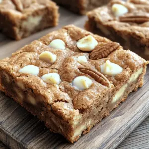 To make classic snickerdoodle blondies, gather these key ingredients: - 1 cup unsalted butter, melted - 2 cups brown sugar, packed - 1 tablespoon vanilla extract - 2 large eggs - 2 cups all-purpose flour - 1 teaspoon baking powder - 1 teaspoon baking soda - 1 teaspoon cream of tartar - ½ teaspoon salt - 1 teaspoon ground cinnamon (plus extra for topping) These ingredients work together to create rich, sweet blondies with a soft texture. The brown sugar gives a deep flavor, while the cinnamon adds warmth. Want to make your blondies even better? Try these optional add-ins: - ½ cup white chocolate chips - ½ cup chopped pecans Adding white chocolate chips gives a creamy touch. Chopped pecans add a nice crunch and nutty flavor. Sometimes, you may not have all the ingredients on hand. Here are some easy swaps: - Use margarine instead of unsalted butter. - Swap brown sugar for granulated sugar for a lighter flavor. - Omit cream of tartar and add an extra teaspoon of baking powder. These substitutions can still yield tasty blondies. Be creative, and use what you have! Start by preheating your oven to 350°F (175°C). This ensures even baking. Grease a 9x13 inch baking pan. You can also line it with parchment paper. This helps in easy removal later. In a large bowl, mix 1 cup of melted butter with 2 cups of brown sugar. Whisk them together until smooth. Then, add 1 tablespoon of vanilla extract and 2 large eggs. Beat this mixture until it looks well blended. In another bowl, whisk together 2 cups of all-purpose flour, 1 teaspoon of baking powder, 1 teaspoon of baking soda, 1 teaspoon of cream of tartar, and ½ teaspoon of salt. Add 1 teaspoon of ground cinnamon for that warm flavor. Gradually mix the dry ingredients into the wet ingredients. Stir just until combined; don't overmix. If you want extra flavor, fold in ½ cup of white chocolate chips and ½ cup of chopped pecans. Spread the blondie batter evenly in the prepared pan. Smooth the top and sprinkle a bit of extra ground cinnamon over it. Bake in the oven for 25-30 minutes. To check if they are done, insert a toothpick in the center. If it comes out clean, they are ready. Let the blondies cool in the pan for about 10 minutes. After that, transfer them to a wire rack to cool completely before cutting into squares. Enjoy your delicious treat! To get that ideal blondie texture, follow a few simple steps. First, do not overmix the batter. Mix just until the dry and wet ingredients blend. This keeps your blondies soft and chewy. Also, use melted butter instead of softened. Melted butter adds richness and helps create the perfect moistness. Make sure to bake them until just set. A toothpick should come out clean but not dry. For great snickerdoodle flavor, use fresh ground cinnamon. It makes a big difference in taste. I also add cream of tartar, which gives that classic tang. This balances the sweetness from the brown sugar. If you want extra flavor, add white chocolate chips or chopped pecans. They enhance the richness of the blondies. Don't forget to sprinkle cinnamon on top before baking. It adds a nice touch! I recommend using a 9x13 inch pan for even cooking. Glass or metal pans work great. Glass pans heat evenly and give a nice, golden crust. If using metal, line it with parchment paper for easy removal. Make sure to grease the pan well if not using parchment. This helps the blondies come out cleanly and keeps their shape. {{image_2}} Want to add more sweetness? Mix in some chocolate chips. Use about ½ cup of semi-sweet or milk chocolate chips. You can fold them in when you mix the batter. The chocolate pairs well with the cinnamon flavor. It adds a rich taste to the classic snickerdoodle. Trust me; you will love this twist! If you need a nut-free option, skip the pecans. The blondies will still taste great without them. You can also use sunflower seed butter instead of butter for a nut-free spread. This keeps the rich flavor while avoiding nuts. Everyone can enjoy these treats! You can make these blondies fit the season! For fall, add ½ cup of pumpkin puree and a pinch of nutmeg. This adds warmth and spice. For a fresh twist in spring or winter, try adding mint extract. About one teaspoon should do the trick. You can even mix in crushed peppermint candies for a fun crunch. These flavors will surprise your friends and family! To keep your snickerdoodle blondies fresh, store them in an airtight container. This helps prevent them from drying out. Place parchment paper between layers if you stack them. This will keep the tops from sticking. You can freeze these blondies for longer storage. First, let them cool completely. Then, wrap each piece in plastic wrap. Place the wrapped blondies in a freezer-safe bag or container. They will stay fresh for up to three months. Fresh snickerdoodle blondies last about a week at room temperature. If you store them in the fridge, they can last up to two weeks. Just remember to keep them in an airtight container. This will keep them soft and tasty for longer. Blondies and brownies both use similar ingredients. The main difference is the flavor. Blondies have brown sugar and vanilla, giving them a sweet, caramel taste. Brownies, on the other hand, use cocoa powder or melted chocolate, giving them a rich chocolate flavor. Blondies are often softer and chewier than brownies. They are a great choice if you want a sweet treat without chocolate. Yes, you can use store-bought chocolate chips! They are a quick and easy option. You can add them to your blondie batter for extra sweetness. Just fold them in gently after mixing the wet and dry ingredients. If you want to try something new, use white chocolate chips or even butterscotch chips. They add a fun twist to the classic snickerdoodle flavor. To check if your blondies are done, insert a toothpick into the center. If it comes out clean or with a few moist crumbs, they are ready. If there is wet batter on the toothpick, bake them a little longer. Keep an eye on the edges, too. They should look slightly golden and set. Remember, they will continue to cook a bit while cooling in the pan. To cut your blondies evenly, let them cool for at least 10 minutes in the pan. Then, transfer them to a wire rack to cool completely. Use a sharp knife for clean cuts. You can score the top lightly before cutting to guide your knife. Try cutting them into squares or rectangles. This method helps ensure each piece is the same size for sharing. You now have all you need to make snickerdoodle blondies. We covered the key ingredients, from essentials to fun add-ins. I guided you through easy steps for mixing, baking, and cooling. You learned tips for the perfect texture and flavor. You can try tasty variations and know how to store them well. Remember, baking is fun! Enjoy your time in the kitchen as you create these treats. You'll impress your friends and family, and they'll keep asking for more. Happy baking!