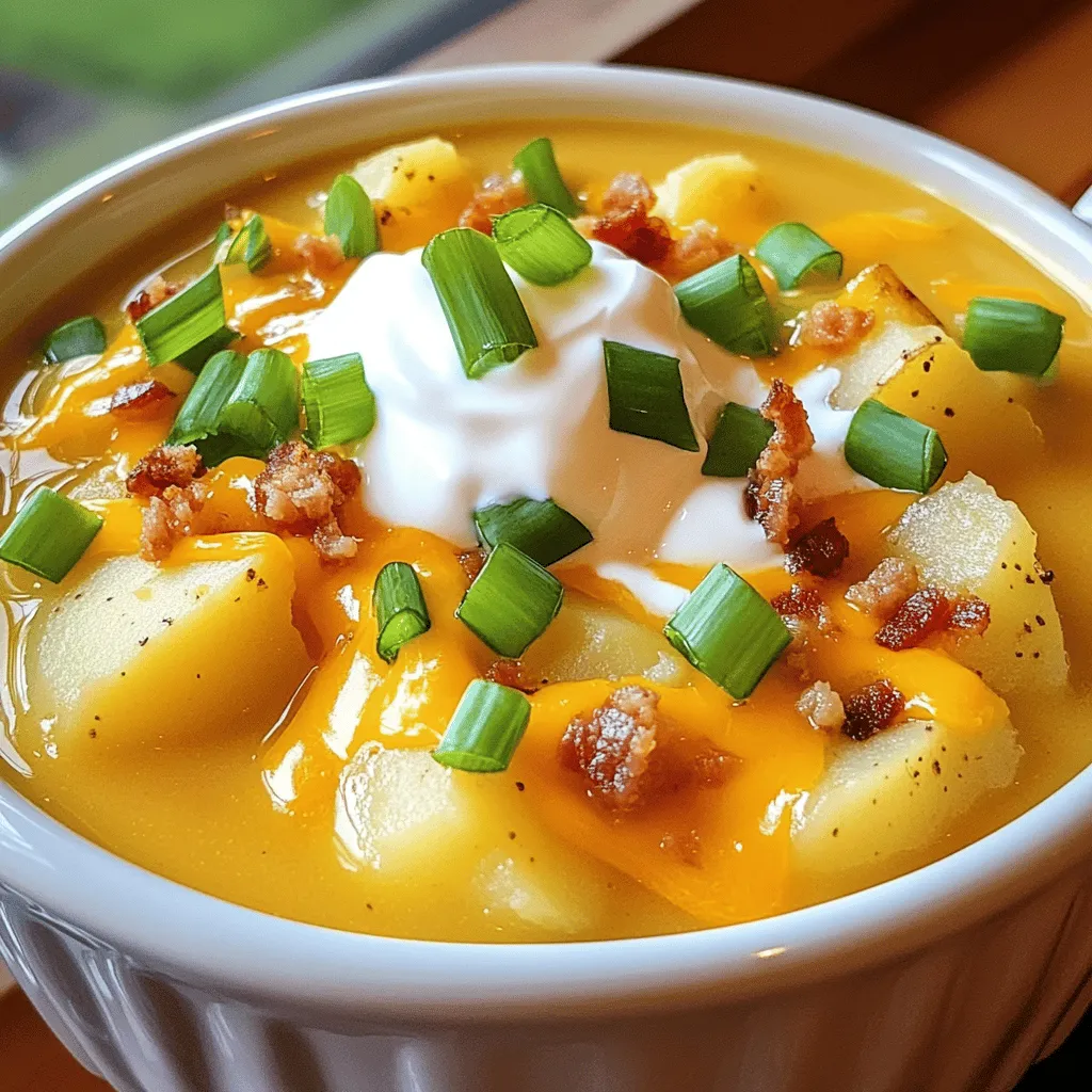 For this rich and creamy slow cooker loaded baked potato soup, gather these simple ingredients: - 4 large russet potatoes, peeled and diced - 1 medium onion, finely chopped - 3 cloves garlic, minced - 4 cups vegetable broth - 1 cup heavy cream - 1 cup shredded cheddar cheese - 1/2 cup sour cream - 4 slices of cooked turkey bacon, crumbled - 1 teaspoon smoked paprika - Salt and pepper to taste - 1/4 cup chopped green onions for garnish I always recommend using fresh ingredients when making this soup. Fresh potatoes and onions offer the best flavor. Frozen potatoes can work, but they may change the soup's texture. Fresh garlic gives you a strong taste that adds depth. So, stick to fresh for the best outcome. When it comes to brands, I have my favorites. For broth, I like low-sodium vegetable broth from Swanson or Pacific Foods. For cheese, Tillamook's shredded cheddar melts well and tastes great. For sour cream, Daisy is my go-to. Each of these brands adds a rich flavor to your soup, making it truly delicious. To start, gather your ingredients. You need: - 4 large russet potatoes, peeled and diced - 1 medium onion, finely chopped - 3 cloves garlic, minced - 4 cups vegetable broth - 1 cup heavy cream - 1 cup shredded cheddar cheese - 1/2 cup sour cream - 4 slices of cooked turkey bacon, crumbled - 1 teaspoon smoked paprika - Salt and pepper to taste - 1/4 cup chopped green onions for garnish First, wash the potatoes well. Peeling them helps create a smooth soup. Dice potatoes into small cubes. Chop your onion finely. Mince the garlic cloves until they’re small. Set these aside to keep things organized. Now, it’s time to cook! Place the diced potatoes, chopped onion, and minced garlic into your slow cooker. Pour in the vegetable broth. Make sure the broth covers the veggies completely. Add smoked paprika, salt, and pepper. Stir it all together well. Cover the slow cooker. Cook on low for 6 to 8 hours. Check for tenderness. The potatoes should be soft and easy to mash. Once they are ready, use a potato masher to mash them slightly. This makes the soup creamy but still leaves some chunkiness. Next, stir in the heavy cream and shredded cheddar cheese. Mix until the cheese melts and everything is combined. This step adds richness to the soup. After mixing, add the sour cream and half of the crumbled turkey bacon. Stir until everything is well blended. Taste your soup. If it needs more flavor, add salt and pepper. Let the soup simmer on warm for about 15 more minutes. This helps all the flavors meld together. When ready to serve, ladle the soup into bowls. Top each bowl with the remaining turkey bacon, extra shredded cheese, and chopped green onions. A dollop of sour cream on top adds a creamy touch. Enjoy your rich and creamy soup! To get that rich and creamy texture, start by mashing the cooked potatoes. Use a potato masher right in the slow cooker. Mash just enough to break up the potatoes but leave some chunks. This gives your soup a great mouthfeel. After you mash, stir in heavy cream and cheese. This addition makes the soup extra smooth and rich. Don’t skip the smoked paprika! It adds a wonderful depth of flavor. I also love to use fresh cracked black pepper. It brings a nice kick. Taste your soup before serving. Adjust the salt and pepper to your liking. A little extra cheese or sour cream can also enhance the flavor. You can add a splash of hot sauce for those who like it spicy. Keep your slow cooker clean and in good shape. After each use, wash the pot with warm, soapy water. Avoid using metal utensils to protect the non-stick coating. If food sticks, soak the pot rather than scrub hard. Regular care helps your slow cooker last longer and cook better. {{image_2}} You can easily add protein to the soup. Cooked turkey bacon gives a nice crunch. You can also use diced ham or cooked chicken. For a plant-based option, try adding black beans or lentils. These will add heartiness and flavor. To make this soup vegetarian, skip the turkey bacon and use vegetable broth. For a vegan version, swap heavy cream for coconut cream and use a dairy-free cheese. This keeps the soup rich and creamy without animal products. Want to enhance the flavor? Add smoked paprika for a nice kick. You can also mix in some cooked corn or diced bell peppers. Fresh herbs like thyme or rosemary can give it a fresh taste. A splash of hot sauce can add warmth, too. Storing leftover soup is easy. Let the soup cool to room temperature first. Then, use an airtight container to store it. This helps keep the soup fresh. You can keep it in the fridge for up to four days. Make sure to label the container with the date. When you want to enjoy your soup again, take it out of the fridge. Pour the soup into a pot over medium heat. Stir often to avoid burning. You can also heat it in the microwave. Use a microwave-safe bowl and cover it loosely. Heat in short bursts, stirring in between. This keeps it from getting too hot in spots. Freezing soup is a great way to save it for later. Use freezer-safe containers or bags. Leave some space at the top for expansion. The soup can last up to three months in the freezer. When ready to eat, thaw it in the fridge overnight. Then, reheat it on the stove or in the microwave. Enjoy your creamy soup anytime! Yes, you can use other potatoes. Yukon golds or red potatoes work well. They add a different texture. Keep in mind that the taste may change slightly. To make this soup gluten-free, use gluten-free vegetable broth. Check all your ingredients too. Most items in this recipe are naturally gluten-free. Great toppings include crumbled bacon, cheese, and green onions. You can also add sour cream for extra creaminess. Consider adding some chili flakes for heat. You can prepare this soup a day before you plan to serve it. Just let it cool and store it in the fridge. Reheat it on the stove or in the slow cooker. Pair this soup with a simple green salad or garlic bread. You can also serve it with sandwiches for a complete meal. This blog post covered all you need to make delicious loaded baked potato soup. We explored the best ingredients, from fresh to frozen, and reviewed brands for great flavor. The step-by-step instructions guide you through prepping, cooking, and finishing your soup right. Plus, tips on achieving the perfect texture and seasoning enhance the taste even more. Don’t forget about variations and smart storage ideas. Now you can enjoy this hearty meal anytime. Happy cooking!