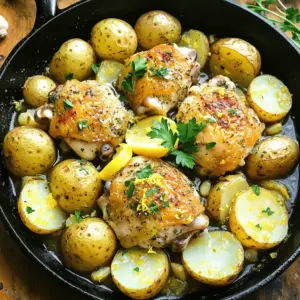 - 4 bone-in chicken thighs - 1 lb baby potatoes, halved - 1 lemon, zested and juiced - 4 cloves garlic, minced - 2 tablespoons olive oil - 1 teaspoon dried oregano - 1 teaspoon dried thyme - Salt and pepper to taste - Fresh parsley, chopped (for garnish) - Large mixing bowl - Whisk - Oven-safe skillet or baking dish - Measuring spoons - Knife and cutting board - Lemon wedges for serving - Other herbs like rosemary or basil - Seasonal veggies like carrots or green beans First, you need to preheat your oven to 400°F (200°C). This step is key for cooking the chicken and potatoes evenly. If your oven is not hot enough, the meal will not cook well. Next, grab a large mixing bowl. In it, combine the lemon zest, lemon juice, minced garlic, and olive oil. Then, add the dried oregano and thyme. Sprinkle in salt and pepper to taste. Whisk everything until it blends well. This marinade is what gives the chicken its tasty flavor. Now, add the chicken thighs to the bowl. Toss them in the marinade until they are fully coated. Let them sit for about 15 minutes. This time helps the chicken soak up all the great flavors. While the chicken marinates, take a large oven-safe skillet or baking dish. Place the halved baby potatoes in the pan. Drizzle them with olive oil, salt, and pepper. Toss the potatoes to coat them well. Then, arrange the marinated chicken thighs on top of the potatoes. Pour any leftover marinade from the bowl over both the chicken and potatoes. It's time to bake! Place the skillet in your preheated oven. Bake for 35-40 minutes. You want the chicken to reach an internal temperature of 165°F (74°C) and the potatoes to be tender. For extra crispy skin, you can broil the chicken for 2-3 minutes at the end. Keep a close eye on it to avoid burning. After baking, remove the skillet from the oven. Let it rest for a few minutes. This helps the juices settle. Before serving, sprinkle chopped parsley on top for a fresh touch. This adds a nice color and flavor to your dish. Enjoy your one-pan lemon herb chicken and potatoes! For the best taste, focus on fresh lemon and herbs. Use: - 1 lemon, zested and juiced - 4 cloves garlic, minced These add bright, zesty notes to the chicken. The dried oregano and thyme also pack a punch. They pair well with the chicken and potatoes, making every bite flavorful. To get crispy skin, follow these steps: 1. Pat the chicken dry: This helps the skin crisp up. 2. Broil at the end: After baking, broil for 2-3 minutes. Keep a close eye on it to avoid burning. This method gives you that perfect crunch. You’ll love the texture it adds to the dish. Serve your One-Pan Lemon Herb Chicken & Potatoes straight from the skillet. This adds a rustic feel. You can also use a large platter for a nicer look. Sprinkle with extra parsley for color. Adding lemon wedges on the side boosts flavor and presentation. Enjoy this dish with a simple green salad or crusty bread for a complete meal. {{image_2}} You can use different meats in this dish. Try bone-in chicken breasts or drumsticks for a twist. If you want a lighter option, consider using turkey thighs. For a vegetarian take, swap chicken for firm tofu. Make sure to adjust cooking times for each protein to ensure they cook well. Feel free to change up the veggies. Carrots, bell peppers, or asparagus work well. You can even add green beans or broccoli for color. Just cut the vegetables into similar sizes for even cooking. This keeps everything tender and tasty while roasting. Change the herbs for a new taste. Use rosemary or basil instead of oregano or thyme. You can add a pinch of red pepper flakes for a spicy kick. If you love garlic, add more cloves or use roasted garlic for a sweeter flavor. Adjust the lemon juice based on your taste, too. Once you finish your meal, let the chicken and potatoes cool. You can store leftovers in an airtight container. Keep it in the fridge for up to three days. This way, you can enjoy the flavors again! To reheat, place the chicken and potatoes on a baking sheet. Preheat your oven to 350°F (175°C). Bake for about 15-20 minutes, or until heated through. You can cover the dish with foil to keep it moist. If you want to save some for later, freezing is a great option. First, let the dish cool completely. Then, place it in a freezer-safe bag or container. It can last up to three months in the freezer. When ready to eat, thaw it in the fridge overnight and reheat. It takes about 35 to 40 minutes to bake chicken thighs at 400°F (200°C). Use a meat thermometer to check. The safe internal temperature should reach 165°F (74°C). This ensures the chicken is cooked well and safe to eat. Yes, you can use boneless chicken thighs! They will cook faster, so check them around 25 to 30 minutes. Boneless thighs can still soak up the marinade flavor. Just make sure they reach the safe cooking temperature. Pair this dish with a fresh salad or steamed veggies. A simple green salad with lemon vinaigrette complements the flavors. Rice or crusty bread can also round out your meal. These sides add color and texture to your plate. You can prepare the chicken and potatoes ahead of time. Marinate the chicken overnight in the fridge. Then, when ready, just bake it. This makes meal prep easy and saves time on busy days. You can enjoy a delicious meal with less effort! Making One-Pan Lemon Herb Chicken & Potatoes is simple and fun. You have all the tools and tips needed. We covered key ingredients for taste and how to get crispy skin. You can play with flavors and try different proteins and veggies. Remember, storing leftovers is easy, and reheating keeps them tasty. Feel free to ask questions from our FAQ section. Enjoy your meal, and share your cooking journey!