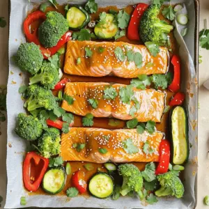 - 4 salmon fillets - 1/4 cup honey - 1/4 cup soy sauce (low sodium) - 1 red bell pepper, sliced - 1 zucchini, sliced - 1 cup broccoli florets The star of this dish is the salmon. It’s juicy and rich. Honey adds sweetness. Soy sauce gives it a salty, umami kick. Fresh vegetables bring color and crunch. - Sesame seeds - Fresh cilantro or green onions Garnishes make your meal pop. Sesame seeds add a nice crunch. Fresh cilantro or green onions brighten the dish and add flavor. - 2 tablespoons olive oil - 3 cloves garlic, minced - 1 teaspoon fresh ginger, grated - 1 teaspoon sesame oil - Salt and pepper to taste These pantry staples enhance taste. Olive oil helps cook everything evenly. Garlic and ginger add depth. Salt and pepper are key for flavor. - Preheat the oven to 400°F (200°C). - Line the baking sheet with parchment paper. Start by getting your oven nice and hot. This step is key for a perfect bake. The parchment paper will help the salmon and veggies cook evenly and make cleanup easy. - Whisk together honey, soy sauce, olive oil, garlic, ginger, and sesame oil. In a bowl, mix honey and soy sauce. Add olive oil, minced garlic, grated ginger, and sesame oil. Whisk until smooth. This marinade adds a sweet and savory flavor. It will soak into the salmon and veggies, making them taste amazing. - Place salmon in a dish and pour half of the marinade over it. Put the salmon fillets in a shallow dish. Pour half of the marinade over the fillets. Let them sit for at least 15 minutes. This step helps the salmon absorb all those tasty flavors. - Combine sliced bell pepper, zucchini, and broccoli with olive oil and season with salt and pepper. In a large bowl, add sliced bell pepper, zucchini, and broccoli. Drizzle with olive oil and any leftover marinade. Season with salt and pepper. Toss them well to coat every piece. This makes the veggies crispy and delicious. - Arrange salmon and vegetables on the baking sheet and bake for 15-20 minutes. Place the marinated salmon in the center of the baking sheet. Spread the seasoned veggies around the salmon. Bake for 15 to 20 minutes. The salmon should flake easily with a fork, and the veggies will be tender. - Drizzle reserved marinade before finishing baking and garnish before serving. In the last 5 minutes, drizzle the reserved marinade over everything. This adds even more flavor. Once out of the oven, sprinkle sesame seeds and fresh herbs on top. This dish is ready to impress! How do you tell when salmon is done? Check the color and texture. The salmon should change from a bright pink to a lighter pink. It should also flake easily with a fork. Use a meat thermometer for accuracy; the internal temperature should reach 145°F (63°C). What are the benefits of marinating longer? Marinating longer allows flavors to soak deeper into the salmon. The honey and soy sauce blend adds a rich taste. Aim for at least 30 minutes, or even overnight, if you have the time. This process makes the salmon more tender and flavorful. What are the best vegetables to use with salmon? Great choices include: - Red bell pepper - Zucchini - Broccoli These veggies cook well and complement the salmon's flavor. They also add color and nutrition. How can you customize based on seasonal options? Change the veggies with the seasons. In spring, try asparagus or peas. In fall, use Brussels sprouts or carrots. This keeps the dish fresh and exciting. How can you meal prep this dish for the week? Cook a large batch of salmon and veggies at once. Store them in airtight containers. Keep the sauce separate to maintain flavor and freshness. This makes it easy to grab a meal whenever you need one. What are some reheating tips for leftovers? Reheat salmon and veggies in the oven for the best results. Set it to 350°F (175°C) for about 10 minutes. This helps keep the salmon juicy and the veggies crisp. Avoid the microwave; it can make the salmon dry. {{image_2}} You can change the flavor of your dish by using different marinades. Try teriyaki sauce for a sweet and savory taste. A lemon garlic sauce adds a bright, fresh flavor. For a spicy kick, use chili garlic sauce or sriracha mixed with honey. Each of these options creates a new twist on the classic honey soy flavor. If you want to swap out salmon, chicken and tofu work great too. For chicken, use boneless breasts or thighs. Cook them for about 25-30 minutes, until they reach 165°F. For tofu, use firm or extra-firm tofu. Cut it into cubes and bake for about 20 minutes. Adjust the cooking times to ensure all proteins are fully cooked. This dish pairs well with grains like rice or quinoa. Cooked rice absorbs the sauce nicely. Quinoa adds a nutty flavor and extra protein. You can also serve it with a side salad or steamed rice for a fresh touch. Roasted sweet potatoes or a mix of seasonal veggies make great side dishes too. To keep leftovers fresh, place them in an airtight container. This helps to seal in flavors. Store the container in the fridge for up to three days. After that, the salmon may lose its taste and texture. Always check for any off smells before eating. You can freeze the cooked dish for later. To freeze, let the salmon and veggies cool completely. Then, pack them tightly in freezer-safe bags or containers. Label the bags with the date. They can last for up to three months in the freezer. To thaw, move the container to the fridge overnight. For reheating, warm the dish in the oven at 350°F (175°C) until heated through. This keeps the salmon flaky and the veggies crisp. To keep your salmon and veggies from getting soggy, store them separately. This helps maintain their texture. If you notice moisture, place a paper towel in the container. The towel will absorb excess liquid. Reheat the salmon and veggies on a baking sheet in the oven. This method helps to restore their crunch. You can tell salmon is cooked by its color and texture. The flesh should turn from bright pink to a pale, opaque color. Use a fork to check if it flakes easily. If it does, it's ready to eat! Cooking time is key too. Bake it at 400°F for 15-20 minutes. Thicker fillets may need a bit more time. Always check to avoid overcooking. Yes, you can! This dish is very versatile. Try using asparagus, green beans, or carrots. Cauliflower and snap peas also work well. Just cut them into similar sizes for even cooking. Remember to adjust cooking times if using denser veggies. The goal is to have them tender and tasty, just like the salmon. Yes, you can make it gluten-free! Simply use gluten-free soy sauce. Many brands offer good options. Look for tamari, which is a gluten-free alternative. Always check the label to ensure it fits your needs. This way, you can enjoy this dish without any worries! This recipe combines salmon, fresh veggies, and a tasty marinade for a healthy meal. Preheat your oven and marinate the salmon for great flavor. Customize your dish with different vegetables, proteins, or marinades to suit your taste. Store leftovers properly for future meals, and use the tips provided to keep everything fresh. Cooking salmon is simple and rewarding, and you can enjoy it in many ways. I hope you feel inspired to try this dish and make it your own. Happy cooking!
