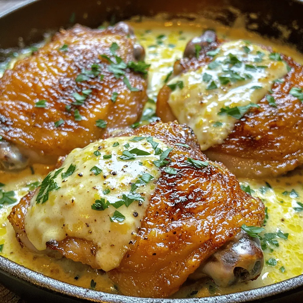 - 4 chicken thighs, bone-in and skin-on - 1 tablespoon olive oil - 4 cloves garlic, minced - 1 cup heavy cream - 1 cup grated Parmesan cheese - 1 teaspoon Italian seasoning - Salt and pepper to taste - Fresh parsley, chopped (for garnish) You can swap chicken thighs for chicken breasts. This change makes the dish leaner. Use half-and-half instead of heavy cream for a lighter sauce. If you want a dairy-free option, try coconut cream. Nutritional yeast works well if you need a cheese substitute. For garlic, try garlic powder if you don’t have fresh cloves. This dish serves four and packs a tasty punch. Each serving has about 400 calories. You get 30 grams of protein, making it filling. The dish also contains 30 grams of fat, so keep this in mind. It has minimal carbs, great for low-carb diets. Remember to adjust based on any substitutions you make. First, set your oven to 400°F (200°C). This step warms the oven for later baking. While it heats, grab a large oven-safe skillet. Add one tablespoon of olive oil. Heat the oil over medium-high heat. This oil will help cook the chicken evenly. Now, take four chicken thighs. Make sure they are bone-in and skin-on. Season them with salt and pepper. Once the oil is hot, place the chicken thighs skin-side down in the skillet. Sear them for about 5-7 minutes. You want the skin to get golden brown and crispy. After that, flip the thighs over. Sear the other side for another 5 minutes. When done, remove the chicken and place it on a plate. In the same skillet, lower the heat to medium. Add four cloves of minced garlic. Sauté the garlic for about 30 seconds until it smells great. Next, pour in one cup of heavy cream. Stir as it warms up. Bring it to a gentle simmer. Then, add one cup of grated Parmesan cheese and one teaspoon of Italian seasoning. Mix until the cheese melts and the sauce is smooth. Return the chicken thighs to the skillet. Spoon some of that creamy sauce over them. Now, transfer the skillet to the oven. Bake for 25-30 minutes. Check that the chicken reaches an internal temperature of 165°F (75°C). The sauce should be bubbly when ready. After baking, let it rest for a few minutes. Finally, garnish with fresh parsley before serving. Enjoy your meal! To get the best flavor, start with a hot pan. Use medium-high heat and add olive oil. Season the chicken thighs with salt and pepper. Place them skin-side down in the skillet. Don’t rush this step! Let them sear for 5 to 7 minutes. You want a nice golden-brown color. Flip the thighs and sear the other side for about 5 minutes. This gives a great texture and taste. The secret to a smooth sauce is constant stirring. After you add the garlic, pour in the heavy cream. Stir it gently to mix well. Let it simmer slowly. As it warms, add the grated Parmesan cheese. Keep stirring until the cheese melts completely. If the sauce is too thick, add a splash of chicken broth or water. This keeps it creamy and pourable. Creamy garlic Parmesan chicken thighs pair well with many sides. Serve them over a bed of rice or creamy mashed potatoes. A fresh green salad adds a nice crunch. For a tasty twist, try garlic bread on the side. You can also sprinkle fresh parsley on top for a pop of color. This dish is great for family dinners or special occasions. {{image_2}} You can add veggies to your creamy garlic parmesan chicken thighs. Vegetables boost flavor and nutrition. Good choices include spinach, broccoli, or mushrooms. These add color and texture to the meal. To add them, sauté the vegetables after cooking the garlic. Then, mix them into the creamy sauce before adding the chicken back in. This simple step makes the dish hearty and colorful. While parmesan cheese shines in this recipe, you can mix it up. You might try mozzarella for a stretchy, cheesy effect. Or use asiago for a sharper taste. Another choice is gouda, which adds a smoky flavor. Feel free to combine two or more cheeses for a unique twist. Just ensure the cheese melts well into the sauce for that creamy texture. If you love spice, consider adding heat to your dish. One easy way is to add red pepper flakes to the sauce. Start with half a teaspoon and adjust to your liking. You can also add diced jalapeños or a dash of hot sauce for extra kick. This variation is perfect if you enjoy bold flavors. Just remember to balance the spice with the creamy sauce for a tasty dish. After enjoying your creamy garlic parmesan chicken thighs, you may have some leftovers. To store them, place the chicken in an airtight container. Make sure to pour any extra sauce over the chicken. This keeps the meat moist and flavorful. You can keep it in the fridge for up to 3 days. When you’re ready to enjoy the leftovers, reheating them is key. Use an oven or stovetop for the best results. If using the oven, heat it to 350°F (175°C). Place the chicken in an oven-safe dish and cover it with foil. Heat for about 15-20 minutes or until warm. If using a stovetop, warm the chicken in a skillet over low heat. Add a splash of cream to keep the sauce creamy. If you want to save your creamy garlic parmesan chicken thighs for later, freezing is a great option. Allow the chicken to cool completely. Then, place it in a freezer-safe container. You can also use freezer bags. Remove as much air as possible. This helps prevent freezer burn. It can stay good for up to 3 months in the freezer. When you’re ready to eat, thaw it overnight in the fridge before reheating. Yes, you can use chicken breasts. They will cook faster than thighs. You should adjust the cooking time to ensure they remain juicy. Chicken breasts need about 20-25 minutes in the oven. Check for a nice golden color and a temperature of 165°F (75°C). You have many tasty options! Here are some ideas: - Mashed potatoes - Steamed green beans - Roasted broccoli - Rice pilaf - A fresh garden salad Each side pairs well with the creamy sauce. You can mix and match based on what you love. The best way is to use a meat thermometer. Insert it into the thickest part of the thigh. You want it to read 165°F (75°C). If you don’t have a thermometer, check that the juices run clear. No pink should be visible in the meat. Always let the chicken rest for a few minutes before serving. This guide helped you make creamy garlic parmesan chicken thighs. We covered the needed ingredients, easy steps, and helpful tips. You can enjoy fun variations, store leftovers well, and answer common questions. Cooking can be simple and rewarding. Experiment with flavors, and find what you like best. Share this dish with friends and family, and enjoy every bite!