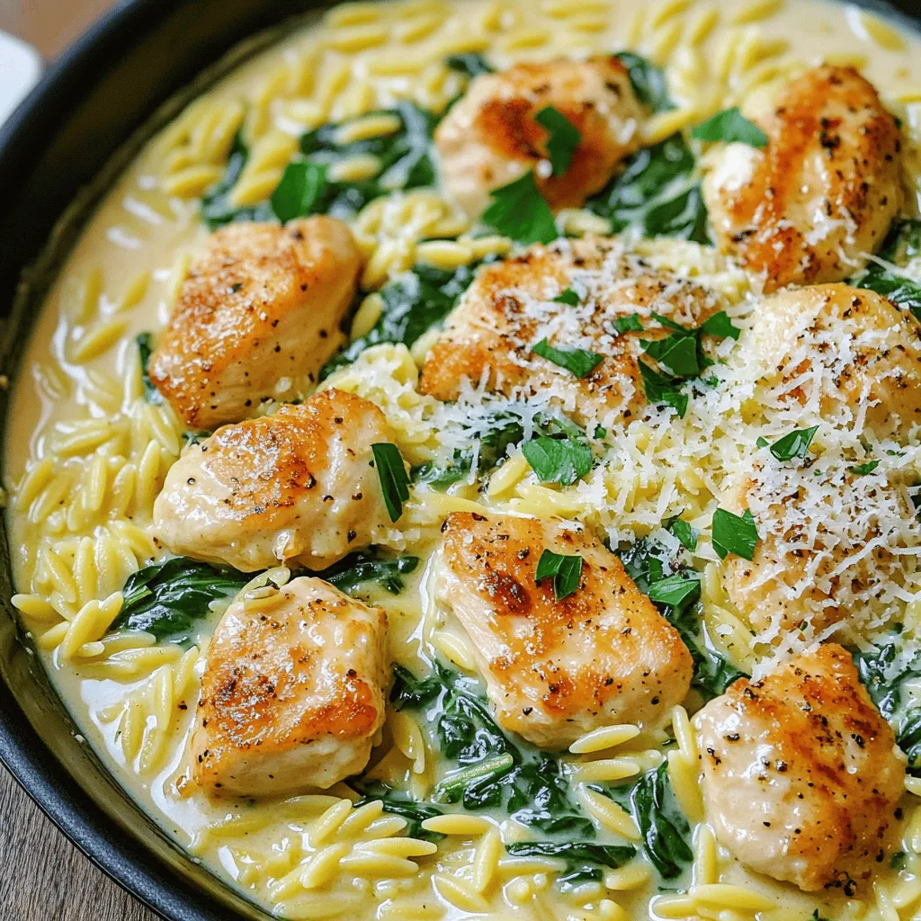 - 1 pound chicken breast, cut into bite-sized pieces - 1 cup orzo pasta - 4 cloves garlic, minced - 1 medium onion, finely chopped - 2 cups chicken broth - 1 cup heavy cream - 1 cup spinach, chopped - 2 tablespoons olive oil To create the best One-Pan Creamy Garlic Chicken Orzo, you need quality ingredients. Chicken breast adds lean protein, while orzo pasta brings a comforting texture. Fresh garlic and onion build a strong flavor base. Chicken broth keeps the dish moist and rich, and heavy cream adds creaminess. Spinach not only adds color but also boosts nutrition. Finally, olive oil helps cook the chicken and aromatics. - 1 teaspoon dried Italian herbs (oregano, basil, thyme) - Salt and pepper to taste - ½ cup grated Parmesan cheese - Fresh parsley, chopped (for garnish) Seasonings elevate the dish. Dried Italian herbs bring warmth and depth. Salt and pepper enhance all the flavors, making them pop. Grated Parmesan cheese adds a salty, nutty finish, while fresh parsley gives a bright touch. These garnishes not only taste good but also make your dish look great! - Cooking Chicken First, I heat olive oil in a large skillet over medium heat. I add bite-sized chicken pieces, seasoned with salt and pepper. I cook them for about 5-7 minutes until golden brown. Once cooked, I remove the chicken and set it aside. - Seasoning I make sure to season well with salt and pepper. This step adds great flavor to the dish. - Sautéing Onion In the same skillet, I add finely chopped onion. I cook it for about 3 minutes until it turns translucent. This makes the base for a rich flavor. - Adding Garlic Next, I add minced garlic to the onions. I stir for about 1 minute. The aroma fills the kitchen and makes me hungry! - Toasting Orzo Now, I add orzo pasta to the skillet. I stir it for about 2 minutes. This toasting step gives the orzo a nutty taste. - Simmering with Broth After toasting, I pour in chicken broth. I bring it to a simmer and cover the pan. I let it cook for 8-10 minutes, stirring occasionally. The orzo should be nearly tender at this point. - Adding Cream and Herbs Once the orzo is almost done, I reduce the heat. I stir in heavy cream, dried Italian herbs, and spinach. Then, I add the cooked chicken back into the skillet. I mix everything well and let it simmer for 2-3 minutes. - Incorporating Spinach and Chicken The spinach wilts down nicely, adding color and nutrients. The chicken brings protein to the dish, making it hearty. - Melting Cheese I remove the skillet from heat and stir in grated Parmesan cheese. It melts beautifully and adds richness to the dish. - Adjusting Seasoning Finally, I taste and adjust seasoning with more salt and pepper if needed. This ensures every bite is packed with flavor. - Best Pan for Cooking: Use a large skillet. A wide pan helps cook evenly. - Preventing Sticking: Stir often while cooking. This keeps the orzo and chicken from sticking. - Adjusting Seasoning for Taste: Always taste as you go. Add salt and pepper gradually. - Using Fresh Ingredients: Fresh garlic and herbs boost flavor. Choose ripe spinach for the best taste. - Meal Prep Ideas: Chop your onion and garlic in advance. This cuts down on prep time. - Quick Cleanup Solutions: Use a non-stick skillet. This makes washing up quick and easy. {{image_2}} You can swap chicken for other proteins. Try shrimp, turkey, or tofu. Each option adds a unique taste. If you choose shrimp, cook it for just a few minutes until pink. For turkey, use ground turkey and break it apart as it cooks. To make this dish dairy-free, use coconut milk instead of heavy cream. It gives a creamy texture without the dairy. You can also skip cheese or use a dairy-free cheese option. These choices keep it rich while fitting your needs. Feel free to add more veggies to this dish. Bell peppers, carrots, or zucchini work well. Just chop them and add them when cooking the onion. They will soften and blend nicely with the orzo. You can change the flavor by using different spices. Try adding paprika or a pinch of chili flakes for heat. Fresh herbs like basil or cilantro can also uplift the taste. Mix and match to find your favorite combination. To make this meal gluten-free, use gluten-free orzo. Many brands offer great options that taste just as good. Check the package for cooking times, as they may vary from regular orzo. If you want a low-carb dish, replace orzo with cauliflower rice. It cooks quickly and absorbs flavors well. Just sauté it for a few minutes before adding the cream and chicken. This keeps your meal light and healthy. Refrigeration Guidelines You can store leftover One-Pan Creamy Garlic Chicken Orzo in the fridge. Use an airtight container to keep it fresh. It will last for about 3 to 4 days. Make sure it cools down before sealing to avoid moisture build-up. Freezing Instructions If you want to keep it longer, freezing is a great option. Place the cooled dish in a freezer-safe container. It can last for up to 2 months in the freezer. When you are ready to eat it, thaw it in the fridge overnight before reheating. Best Methods for Reheating Reheat your orzo in a skillet on medium heat. Add a splash of chicken broth or cream to help it warm up evenly. Stir it often to prevent sticking. You can also use a microwave, but make sure to cover it to keep moisture in. Avoiding Soggy Orzo To avoid soggy orzo, do not add too much liquid when reheating. Start with a small amount and add more if needed. This will keep the texture just right and make your meal enjoyable again. Can I use other types of pasta? Yes, you can. Other small pasta shapes like ditalini or fusilli work well. Adjust the cooking time based on the pasta used. Keep an eye on it to avoid overcooking. How do I make this dish spicier? To add spice, try adding red pepper flakes or cayenne pepper. You can also use spicy sausage instead of chicken for a kick. Adjust the amount to match your heat preference. What if my chicken isn’t cooked through? If the chicken is not fully cooked, return it to the heat. Simmer the dish longer, ensuring the chicken reaches an internal temperature of 165°F. Cut the chicken into smaller pieces to speed up cooking. How do I know when the orzo is done? Orzo is done when it is tender but still firm. Taste a piece to check for doneness. It should not be mushy. The cooking time is usually about 8-10 minutes. Can I use pre-cooked chicken? Yes, you can use pre-cooked chicken to save time. Add it when you stir in the cream and spinach. This will heat it through without overcooking. Is there a substitute for heavy cream? If you need a substitute for heavy cream, use half-and-half or coconut milk. Both will give a creamy texture. Adjust the flavor to your liking by adding a bit of cheese or seasoning. In this article, we explored a tasty dish made from simple ingredients like chicken, orzo, garlic, and herbs. I showed step-by-step instructions for cooking and mixing them perfectly. Remember the tips to enhance flavor and store leftovers well. Try the variations for new tastes, too. Cooking should be fun and easy, so don’t hesitate to experiment. Enjoy your meal, and let it bring comfort and joy to your kitchen!