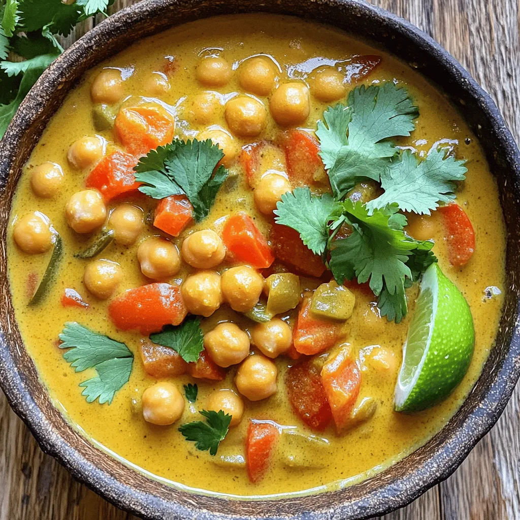 - 2 cans (15 oz each) chickpeas, drained and rinsed - 1 can (14 oz) coconut milk - 1 can (14 oz) diced tomatoes Chickpeas are the star of this stew. They give protein and a nice texture. Coconut milk adds creaminess and a rich flavor. Diced tomatoes bring acidity and sweetness, balancing the dish. - 1 tablespoon curry powder - 1 teaspoon ground cumin - 1/2 teaspoon turmeric - 1/2 teaspoon chili powder (adjust for spice preference) - Salt and pepper to taste Curry powder gives the stew its main flavor. Ground cumin adds a warm, earthy note. Turmeric adds color and health benefits. Chili powder can add heat based on your taste. - 1 large onion, diced - 2 cloves garlic, minced - 1-inch piece of ginger, grated - 2 carrots, chopped - 1 red bell pepper, diced - 1 tablespoon olive oil - Fresh cilantro, for garnish - Juice of 1 lime Onions, garlic, and ginger create a great base. They add depth and aroma. Carrots and red bell pepper bring sweetness and crunch. Olive oil helps with sautéing and adds flavor. Fresh cilantro and lime juice brighten the stew and enhance its taste. To start, grab a skillet. Heat the olive oil over medium heat. Add the diced onion and sauté for 3-4 minutes. You want them to look translucent and soft. Next, stir in the minced garlic and grated ginger. Cook for about a minute, just until you smell that lovely aroma. Once that’s done, transfer the mixture to your slow cooker. This adds a savory base to your stew. Now it’s time to add the rest of the ingredients. Open the cans of chickpeas, diced tomatoes, and coconut milk. Drain and rinse the chickpeas before adding them to the pot. Pour in the vegetable broth, too. Next, toss in the carrots and red bell pepper. These will add color and crunch to your dish. Then, mix in the curry powder, ground cumin, turmeric, and chili powder. Make sure to stir everything well. Season with salt and pepper to taste. Set your slow cooker to low or high, depending on your schedule. If you set it to low, cook for 6-8 hours. For high, cook it for 4-5 hours. Check the veggies for tenderness before serving. Once cooked, stir in the juice of one lime. This adds a fresh zing to your stew. Adjust any seasonings as needed. Now, it's ready to enjoy! To make your slow cooker coconut curry chickpea stew pop with flavor, start with seasoning. Use salt and pepper early in the process. This draws out the taste from the ingredients. I like to add lime juice at the end. It brightens the dish and adds a fresh zing. Just squeeze one lime over the stew before serving. You’ll notice the difference! Checking for doneness is key. After cooking, the vegetables should be tender, but not mushy. If they are still firm, give them extra time. For spice lovers, adjust the chili powder to your liking. Start with half a teaspoon for mild heat, then add more if you want a kick. Remember, you can always add spice, but you can’t take it away! Serve your stew with rice or naan for a complete meal. Both soak up the rich coconut curry sauce nicely. Top your stew with fresh cilantro for a pop of color and taste. The bright green herb adds freshness and looks great on the plate. Enjoy your delicious meal and share it with friends! {{image_2}} You can swap out chickpeas for other beans like black beans or lentils. This change keeps the stew filling and tasty. You can also use any vegetables you have on hand. Try adding sweet potatoes, zucchini, or spinach for a fresh twist. If you want to avoid coconut milk, consider using almond milk or cashew cream. These options can give a different flavor while keeping it creamy. Just note that the taste will change a bit. Spices can make a big difference in this stew. You can add more curry powder or a pinch of cinnamon for warmth. If you like heat, try adding cayenne pepper. It will give your stew a nice kick. Herbs also boost the taste. Fresh basil or mint can add a bright flavor. You can stir them in just before serving for the best effect. This stew is naturally gluten-free, making it a great choice for anyone with gluten issues. Always check your broth and other packaged items to ensure they are gluten-free. For Whole30 or Paleo diets, skip the chickpeas and use more veggies. You can also add in roasted chicken or shrimp for protein. This keeps the meal hearty while following the rules of these diets. To keep your stew fresh, use airtight containers. Glass or plastic containers work well. Store the stew in the fridge. It remains good for about 3 to 5 days. Be sure to let it cool down before sealing. This helps prevent moisture build-up. If you want to save some for later, freezing is a great option. Divide the stew into smaller portions. Use freezer-safe bags or containers. Remove as much air as you can to prevent freezer burn. It can stay frozen for up to 3 months. When you are ready to eat, thaw it overnight in the fridge. For quick reheating, use the microwave or stovetop. Stir often to ensure it heats evenly. To reheat without losing flavor, add a splash of water or broth. This keeps the stew moist and tasty. Heat on low to avoid burning. Stir occasionally. Enjoy leftovers with rice or naan for a complete meal. You can also top it with fresh cilantro for extra flavor. Each bite will be just as delicious as the first! Yes, you can make this stew ahead of time. It tastes even better the next day. To meal prep, follow these tips: - Cook in bulk: Prepare a double batch and store half for later. - Cool before storing: Let the stew cool down before putting it in containers. - Use airtight containers: This keeps the stew fresh and prevents spills. - Label your containers: Write the date so you know when to use it. This stew pairs well with several side dishes. Here are some ideas: - Rice: White or brown rice soaks up the stew's flavors. - Naan: Soft naan bread is great for dipping. - Quinoa: A healthy, grain option that adds texture. - Salad: A fresh green salad balances the rich stew. Yes, this recipe is great for meal prep. Here are the best practices for storing and reheating: - Refrigerate leftovers: Store in the fridge for up to 5 days. - Freeze for longer: Freeze in portions for up to 3 months. - Reheat gently: Use the stove or microwave to heat it. Add a splash of broth if it feels thick. - Enjoy it warm: Always serve it hot for the best taste. This blog post covered a flavorful Coconut Curry Chickpea Stew. We explored key ingredients like chickpeas, coconut milk, and spices. I shared simple prep steps and cooking instructions to ensure success. Tips for enhancing flavor and serving suggestions make it even better. You can tweak the recipe to suit your tastes or dietary needs. Store leftovers easily, so you can enjoy them later. Try this dish and see how satisfying plant-based cooking can be! It’s both easy and delicious.