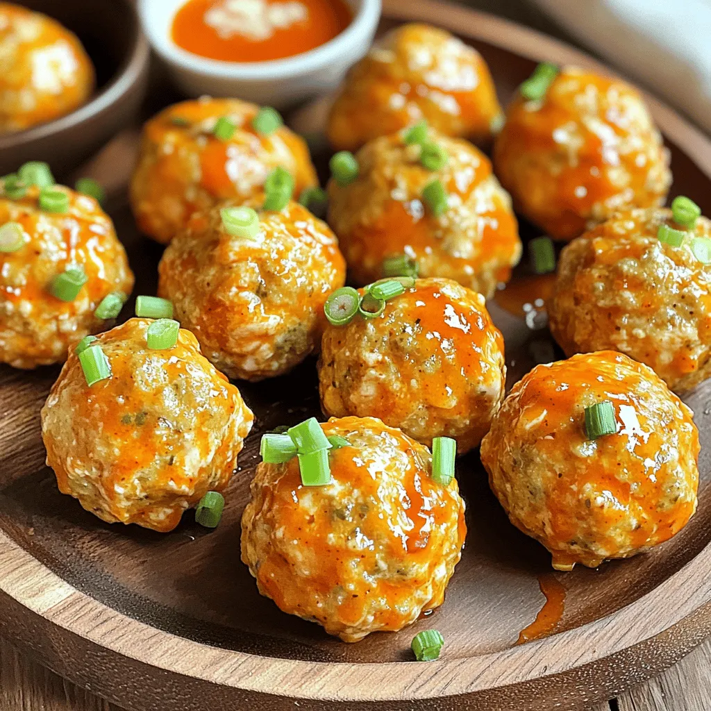 To make tasty buffalo chicken meatballs, you need these main ingredients: - 1 lb ground chicken - 1/2 cup breadcrumbs - 1/4 cup grated Parmesan cheese - 1/4 cup finely chopped green onions - 1/2 teaspoon garlic powder - 1/2 teaspoon onion powder - 1/2 teaspoon smoked paprika - Salt and pepper to taste - 1/3 cup buffalo sauce (plus extra for serving) - 1 egg, beaten Each ingredient brings flavor and helps the meatballs hold together. The ground chicken is the star. It provides lean protein and a great base. The breadcrumbs and egg help bind the meatballs, so they don’t fall apart. Parmesan cheese adds a nice salty kick, while green onions give a fresh taste. The spices make every bite exciting. You can add more ingredients for extra flavor if you like: - Chopped fresh herbs (like parsley or cilantro) - A dash of hot sauce for more heat - Diced jalapeños for spice - Cream cheese for a richer texture These optional ingredients let you customize your meatballs. Use what you love to make them your own. To cook these meatballs, you will need some basic gear: - Air fryer - Large mixing bowl - Measuring cups and spoons - Mixing spoon or spatula - Baking sheet or plate for raw meatballs This gear makes the cooking process smooth and easy. An air fryer is key to getting that crispy outside while keeping the inside juicy. The mixing bowl is where all the magic happens. With the right tools, you’ll create a delicious dish in no time. To start, gather all your ingredients. You need 1 pound of ground chicken, 1/2 cup of breadcrumbs, and 1/4 cup of grated Parmesan cheese. Add 1/4 cup of finely chopped green onions, 1/2 teaspoon of garlic powder, and 1/2 teaspoon of onion powder. Don’t forget 1/2 teaspoon of smoked paprika, along with salt and pepper to taste. Finally, use 1/3 cup of buffalo sauce and 1 beaten egg. In a large mixing bowl, combine the ground chicken, breadcrumbs, Parmesan cheese, green onions, garlic powder, onion powder, smoked paprika, salt, and pepper. Mix everything until it blends well. Then, pour in the beaten egg and buffalo sauce. Stir again until all the ingredients are combined. This mixture will make about 20 meatballs. Next, preheat your air fryer to 380°F (193°C) for about 5 minutes. While it heats, form the mixture into small meatballs, about 1 inch in size. Once your air fryer is ready, place the meatballs in the basket. Make sure not to overcrowd them. You might have to cook them in batches. Cook the meatballs for 10-12 minutes. Check for a golden brown color and ensure they’re fully cooked. Shake the basket halfway through to help the meatballs cook evenly. After cooking, carefully remove them from the air fryer. If you want extra flavor, toss them in more buffalo sauce. Now it’s time to serve! Place the warm meatballs on a platter. You can drizzle more buffalo sauce on top if you like. I recommend serving extra buffalo sauce on the side for dipping. These meatballs are perfect for parties or any game day. Enjoy the spicy kick with friends or family! To get the best texture, use fresh ground chicken. This keeps the meatballs moist. Adding breadcrumbs helps bind the mix. Don't add too many breadcrumbs, or the meatballs can be dry. Mixing in chopped green onions adds a nice crunch. Remember to form the meatballs gently. Overworking them will make them tough. Aim for about 1-inch in size. This size cooks evenly and stays juicy. One common mistake is overcrowding the air fryer. Leave space around the meatballs. This helps them cook evenly. Another mistake is not preheating the air fryer. Preheating to 380°F (193°C) ensures the meatballs cook right. Also, avoid skipping the egg. The egg helps hold the mix together and keeps it moist. Lastly, don't forget to shake the basket halfway. This helps brown all sides. You can boost the flavor easily. Try adding chopped celery or carrots for crunch. A pinch of cayenne pepper gives a nice kick. If you love cheese, mix in some shredded cheddar. For a twist, use ranch seasoning instead of garlic powder. Don’t forget to serve with extra buffalo sauce for dipping. This makes the dish even more fun! {{image_2}} You can spice up these meatballs with different sauces. Instead of buffalo sauce, try BBQ sauce for a sweet twist. You could also use teriyaki sauce for a tasty Asian flair. For a creamy option, ranch dressing works great. Each sauce gives a unique flavor to the meatballs. Experiment and find your favorite! You can change the meatball mix to suit your taste. Use ground turkey or lean beef instead of chicken. For a healthier option, mix in finely chopped vegetables like spinach or bell peppers. If you love cheese, add mozzarella or feta for extra creaminess. These simple swaps let you make your own special meatballs. These meatballs fit any event. For game day, serve them with extra buffalo sauce and toothpicks. You can also use them as sliders on mini buns for a fun twist. Pair the meatballs with a salad for a light meal or serve them over pasta for a hearty dinner. No matter the occasion, these meatballs will impress your guests! To store leftover meatballs, let them cool first. Place the meatballs in a clean, airtight container. Make sure to separate layers with parchment paper to prevent sticking. Store them in the fridge for up to four days. This keeps them fresh and ready for snacks or meals. Reheat the meatballs in the air fryer for a quick and easy fix. Set the air fryer to 350°F (175°C). Heat for about 5 to 7 minutes. You can also microwave them. Place the meatballs on a microwave-safe plate and cover with a damp paper towel. Heat for about 1 to 2 minutes, checking to avoid overcooking. To freeze meatballs, place them on a baking sheet in a single layer. Freeze them for about an hour until they are firm. Once frozen, transfer the meatballs into a freezer bag. Label the bag with the date. They can last up to three months in the freezer. To cook from frozen, air fry them at 380°F (193°C) for about 15-18 minutes. I cook buffalo chicken meatballs in an air fryer for 10 to 12 minutes. Set the temperature to 380°F (193°C). The meatballs should look golden brown and feel firm when done. I recommend shaking the basket halfway through cooking. This helps them cook evenly. Yes, you can use other meats! Ground turkey or pork works well in this recipe. Just keep in mind that the flavor and texture may change. You can also try using plant-based ground meat for a vegetarian option. Adjust the cooking time if needed based on the meat you choose. Buffalo chicken meatballs pair great with several sides. You can serve them with celery sticks and carrot sticks for crunch. They also go well with a creamy ranch or blue cheese dip. Try them on a sub roll for a tasty meatball sandwich. Enjoy them during game day or at parties! In this post, we explored how to make tasty air fryer buffalo chicken meatballs. You learned about the main and optional ingredients, the cooking gear you need, and the step-by-step process. I also shared tips to help perfect the meatballs and variations to keep things exciting. Don't forget how to store leftovers for quick meals later. By following these tips, you can make delicious meatballs that suit any occasion. Enjoy creating this easy and flavorful dish!