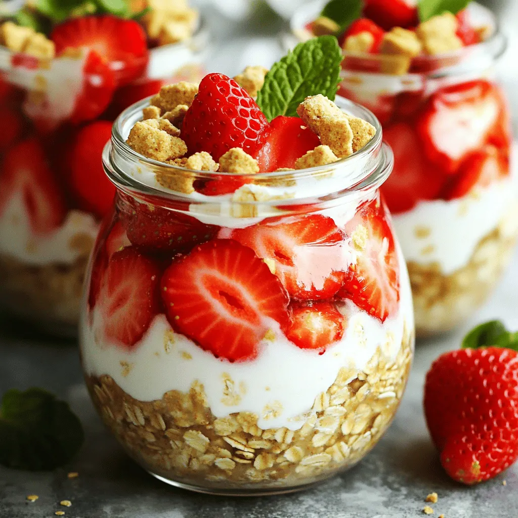 - 1 cup rolled oats - 1 cup almond milk (or any milk of choice) - 1/2 cup Greek yogurt (vanilla flavored for added sweetness) - 1 tablespoon honey or maple syrup - 1 teaspoon vanilla extract - 1 cup fresh strawberries, hulled and sliced - 1 tablespoon chia seeds - 1/4 cup crushed graham crackers (for topping) - Mint leaves for garnish (optional) Each ingredient plays a key role in making this dish yummy. One cup of rolled oats gives a great base. The almond milk adds creaminess. Greek yogurt brings protein and flavor. Honey or maple syrup sweetens it just right. The vanilla extract gives a warm touch. Fresh strawberries make it bright and fruity. Chia seeds add texture and fiber. Crushed graham crackers add crunch. Mint leaves add a pop of color. You can switch things up if needed. Use any milk you like, such as oat or soy. If you want it dairy-free, try coconut yogurt. Maple syrup can replace honey if you prefer. For a different fruit flavor, use blueberries or bananas. If you don’t have graham crackers, try crushed cookies or nuts for crunch. 1. First, take a medium mixing bowl. Add 1 cup of rolled oats. 2. Pour in 1 cup of almond milk or your favorite milk. 3. Add 1/2 cup of Greek yogurt. I like to use vanilla for extra flavor. 4. Mix in 1 tablespoon of honey or maple syrup for sweetness. 5. Add 1 teaspoon of vanilla extract. This makes it smell great! 6. Toss in 1 tablespoon of chia seeds. They help thicken the oats. 7. Gently fold in 1 cup of hulled and sliced strawberries. Save some for later. 8. Ensure the strawberries mix well with the oats. 1. Divide the mixture into two jars or containers. 2. Seal the jars tightly. 3. Place them in the fridge overnight or for at least 4 hours. 4. This soaking time helps the oats get soft and tasty. 1. When you are ready to eat, take the jars from the fridge. 2. Give the oats a gentle stir to mix again. 3. Top with crushed graham crackers for that shortcake crunch. 4. Add the reserved strawberries on top. 5. If you like, garnish with mint leaves for color and flavor. To boost the flavor of your strawberry shortcake overnight oats, you can add spices. A pinch of cinnamon or nutmeg can make a big difference. You can also swap the honey for maple syrup for a different taste. For a richer flavor, try adding a splash of almond extract. Remember, fresh strawberries are sweet, so pick ripe ones for the best flavor. If you prefer a thicker texture, add more Greek yogurt or chia seeds. These ingredients soak up liquid and create a creamier mix. For a thinner consistency, increase the almond milk. Just a little can change the texture. Mix and match until you find what you love best. Make this dish as a part of your meal prep routine. It only takes 10 minutes to prepare. You can store them in jars for easy grab-and-go breakfasts. Make a few jars at once to save time. The oats stay fresh for up to five days in the fridge. Just remember to add your toppings right before serving for the best crunch! {{image_2}} You can change the fruit in your overnight oats. Instead of strawberries, try bananas or blueberries. Peaches or raspberries also work well. Mix and match your favorite fruits for fun flavors. You can even use frozen fruit if fresh is not available. Just let it thaw a bit before adding. Add more flavor to your oats with simple mix-ins. A sprinkle of cinnamon gives a warm taste. You could also stir in a spoonful of cocoa powder for a chocolate twist. Try adding a scoop of nut butter for creaminess. This can make your breakfast extra filling. A dash of lemon zest brightens the flavor too. You can easily adjust this recipe for your needs. If you want it dairy-free, use coconut yogurt or almond milk. To make it vegan, swap honey for maple syrup. For a gluten-free option, choose gluten-free oats. This recipe is flexible and fits many diets. Just pick what works best for you. To keep your Strawberry Shortcake Overnight Oats fresh, store them in the fridge. Make sure to use airtight jars or containers. This helps to keep the oats moist and tasty. The oats will stay good for up to five days in the refrigerator. If you want to enjoy them later, just grab a jar and dig in! You can freeze your overnight oats if you need to store them longer. Just make sure to use freezer-safe containers. When ready to eat, let them thaw in the fridge overnight. You can also microwave them for a quick warm-up. Keep in mind, the texture may change slightly after freezing. The shelf life of your overnight oats depends on how you store them. In the fridge, they last for about five days. If you freeze them, they will be good for up to three months. Always check for any changes in smell or color before eating. Enjoy your oats while they are still fresh for the best taste! Yes, you can use quick oats. They will soak up the liquid faster. This change may make the oats softer. If you prefer a chewier texture, stick with rolled oats. You can keep your overnight oats for up to five days in the fridge. Just make sure the jars are sealed tightly. If you notice any change in smell or texture, it’s best to toss them. Absolutely! Non-dairy yogurt works great in this recipe. You can use almond, coconut, or soy yogurt. Choose a flavor you like to boost the taste even more. In this post, we covered ingredients like measurement details and substitutes. We went through steps for preparation, soaking, and serving. I shared tips to enhance flavor and adjust consistency. You saw variations for fruit and flavors, plus storage info for refrigeration and freezing. Overnight oats are easy and fun. With these tips, you can create your perfect bowl. Enjoy experimenting and making it your own!