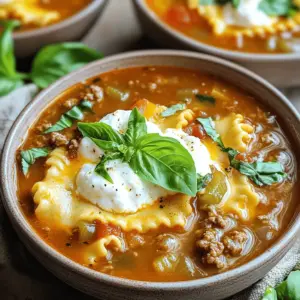 To make this tasty soup, you need: - 1 lb ground beef or turkey - 1 medium onion, diced - 3 cloves garlic, minced - 1 bell pepper, diced - 1 can (28 oz) crushed tomatoes - 3 cups beef broth - 2 teaspoons dried oregano - 1 teaspoon dried basil - 1/2 teaspoon red pepper flakes (optional) - 8 oz lasagna noodles, broken into pieces - 1 cup ricotta cheese - 2 cups shredded mozzarella cheese - Salt and pepper to taste - Fresh basil leaves for garnish These ingredients make a rich and hearty soup that feels like a warm hug. You can add your own twist to this soup. Here are some fun options: - Spinach or kale for added greens - Mushrooms for a deeper flavor - Zucchini for extra veggies - Italian sausage for a spicier kick - Parmesan cheese for extra creaminess These extras can change the taste and add nutrition. If you're missing an ingredient, don’t worry! Here are some swaps: - Ground turkey can replace ground beef for a leaner option. - Vegetable broth works if you want a meat-free soup. - Use fresh herbs instead of dried for more flavor. - Any pasta can work instead of lasagna noodles. These substitutions keep the dish adaptable and fun. First, gather all your ingredients. You need: - 1 lb ground beef or turkey - 1 medium onion, diced - 3 cloves garlic, minced - 1 bell pepper, diced - 1 can (28 oz) crushed tomatoes - 3 cups beef broth - 2 teaspoons dried oregano - 1 teaspoon dried basil - 1/2 teaspoon red pepper flakes (optional) - 8 oz lasagna noodles, broken into pieces - 1 cup ricotta cheese - 2 cups shredded mozzarella cheese - Salt and pepper to taste - Fresh basil leaves for garnish Now, chop the onion, garlic, and bell pepper. This makes the soup tasty. Start by cooking the meat. In a skillet, brown the ground beef or turkey. Cook until it is no longer pink. This takes about 5-7 minutes. Add the onion, garlic, and bell pepper. Cook until the veggies are soft. Drain any fat. Next, put the meat and veggies into the slow cooker. Add the crushed tomatoes and beef broth. Then, stir in the oregano, basil, red pepper flakes, and salt and pepper. Mix everything well. Cover the slow cooker. Cook on low for 4-6 hours or on high for 2-3 hours. About 30 minutes before you serve, add the broken lasagna noodles to the pot. Cover again and let the noodles cook. When they are tender, stir in the ricotta cheese and half of the mozzarella cheese. Mix until it is creamy and melted. Ladle the soup into bowls. Top each bowl with the rest of the mozzarella cheese. Add fresh basil leaves for a nice look. Enjoy your comforting lasagna soup! For the best results, know your slow cooker. If you use a high setting, cook for 2-3 hours. For low, aim for 4-6 hours. The longer time lets flavors mix better. I often check at the lower end of the time. This helps you avoid overcooked noodles. If you have thick noodles, they might need more time. Always check for doneness before serving. To boost flavor, fresh herbs work wonders. I love adding fresh basil at the end. It gives a bright taste. You can also try thyme or parsley. For a kick, add more red pepper flakes. If you want a richer taste, use garlic powder. Just a little can change the soup. Play with spices to find your favorite mix. For a lovely look, serve in wide bowls. Top with extra mozzarella for a cheesy touch. A drizzle of olive oil adds richness and shine. Don’t forget fresh basil leaves on top. They make the dish pop! Pair the soup with garlic bread for a full meal. This combo makes every bite special. {{image_2}} You can make a tasty vegetarian lasagna soup. Use plant-based ground meat or lentils instead of beef or turkey. Add more veggies like zucchini, spinach, or mushrooms for depth. This keeps the soup hearty and full of flavor. To make this soup dairy-free, swap out the ricotta and mozzarella cheese. Use cashew cream or a dairy-free cheese blend. Nutritional yeast can add a cheesy flavor too. This way, everyone can enjoy the soup. If you want to switch proteins, try Italian sausage or chicken. Ground turkey is a leaner choice. You could even use cooked beans for extra fiber. Each option gives the soup its own unique taste. After you enjoy your slow cooker lasagna soup, let it cool. Use clean, airtight containers to store leftovers. This keeps the soup tasty and fresh. Make sure to separate the soup into portions. This way, you can easily reheat what you need. Always label the containers with the date. This helps you track how long they have been stored. To reheat your lasagna soup, you can use the stove or a microwave. If using the stove, pour the soup into a pot. Heat it over medium heat until warm, stirring often. If you prefer the microwave, use a microwave-safe bowl. Heat for about 1-2 minutes, stirring halfway through. Make sure it is hot all the way through before serving. If you want to keep your soup for a longer time, freezing is a great option. First, let the soup cool completely. Then, pour it into freezer-safe containers or bags. Leave some space at the top for expansion. Seal tightly and label with the date. You can freeze the soup for up to three months. When you are ready to eat it, thaw in the fridge overnight before reheating. Yes, you can use oven-ready lasagna noodles. Just break them into pieces and add them to the slow cooker. They will cook well in the soup. This will save you time and effort since there is no need to pre-cook them. Yes, you can make this soup without meat. Replace the meat with more veggies or beans. For a heartier option, use lentils or chickpeas. Both options add protein and flavor to your meal. To make your lasagna soup spicier, add more red pepper flakes. You can also mix in some hot sauce or diced jalapeños. Start with a little and taste as you go. This way, you can control the heat level. You can add several toppings to boost flavor. Fresh basil leaves give a nice touch. You can also sprinkle more shredded mozzarella or a bit of Parmesan cheese on top. For extra richness, drizzle some olive oil. Enjoy with a side of garlic bread for a complete meal! This article covered all you need for slow cooker lasagna soup. We explored the main and optional ingredients, plus helpful substitutions. I provided step-by-step instructions to guide your cooking. Tips and tricks enhanced your flavor and presentation. We also looked at tasty variations and proper storage methods for leftovers. Slow cooker lasagna soup is easy and fun to make. Enjoy your new recipe and experiment with it!