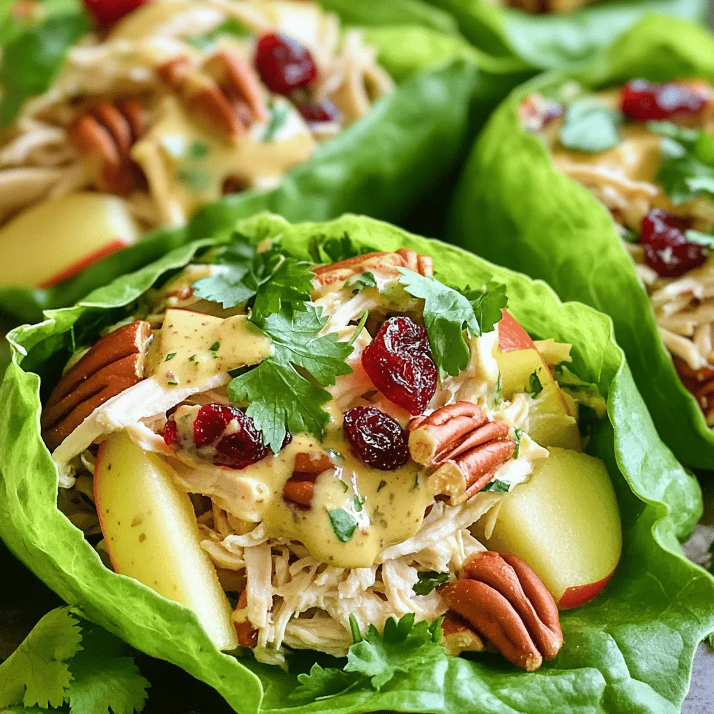 To make the perfect Cranberry Pecan Chicken Salad Wraps, you need the following ingredients: - 2 cups cooked chicken breast, shredded - 1/2 cup dried cranberries - 1/2 cup pecans, chopped - 1/4 cup plain Greek yogurt - 1/4 cup mayonnaise - 1 tablespoon Dijon mustard - 1 tablespoon honey - 1/4 teaspoon garlic powder - 1/4 teaspoon salt - 1/4 teaspoon black pepper - 4 large lettuce leaves (romaine or butter lettuce) - 1 apple, thinly sliced - Optional: fresh herbs (like parsley or chives) for garnish These ingredients blend together to create a tasty dish. The chicken gives protein, while cranberries and pecans add a nice crunch and sweetness. Greek yogurt and mayonnaise keep it creamy. The herbs are optional but can bring fresh flavor. You can mix and match if you want. Try using turkey instead of chicken or different nuts. The goal is to have fun while cooking! - Step 1: Combine chicken, cranberries, and pecans In a large bowl, I first add 2 cups of shredded chicken. Then, I mix in 1/2 cup of dried cranberries and 1/2 cup of chopped pecans. This blend gives a nice balance of flavors and crunch. - Step 2: Prepare the dressing In a smaller bowl, I whisk together 1/4 cup of plain Greek yogurt, 1/4 cup of mayonnaise, 1 tablespoon of Dijon mustard, 1 tablespoon of honey, 1/4 teaspoon of garlic powder, 1/4 teaspoon of salt, and 1/4 teaspoon of black pepper. This creamy dressing adds richness and a hint of sweetness. - Step 3: Mix dressing with chicken mixture Next, I pour the dressing over the chicken mixture. I stir gently to coat everything evenly. This step is key for ensuring that every bite is full of flavor. - Step 4: Adjust seasoning to taste I taste the salad and adjust as needed. If I want more sweetness, I add a bit more honey. If it lacks flavor, I sprinkle in a touch more salt. This makes the dish truly my own. - Step 5: Assemble the lettuce wraps I lay out 4 large lettuce leaves on a clean surface. Romaine or butter lettuce works best. These leaves will be my wraps, so I want them sturdy and fresh. - Step 6: Serve and enjoy I spoon the chicken salad mixture onto each lettuce leaf. I also add thin slices of apple for extra crunch. If I have fresh herbs, I sprinkle them on top for color and taste. Finally, I wrap the lettuce around the filling and serve immediately. Enjoying these wraps is a delightful treat! - Always use fresh ingredients for the best flavor. Fresh chicken and crisp lettuce make a big difference. - Adjust sweetness by modifying the honey amount. You can add more or less based on your taste. - Ensure even mixing for optimum flavor distribution. Every bite should have a burst of flavor. - Pair your wraps with a light side salad. A simple green salad enhances the meal's freshness. - Serve with whole grain crackers for added crunch. They complement the wraps well and add texture. {{image_2}} You can switch things up by using different proteins. Instead of chicken, try turkey or tofu. Both options work well and keep the dish light. If you want a fruity twist, substitute dried cranberries with raisins or apricots. These swaps add a new taste and texture to your wrap. For a fun twist, add curry powder to the chicken salad. This spice brings warmth and depth to the dish. You can also mix in cheese like feta or goat cheese. The creamy texture of cheese adds richness and a new flavor layer. Feel free to experiment with these ideas to find your favorite combination. To store leftovers, place the wraps in an airtight container. Make sure to separate layers with parchment paper. This helps keep the wraps from getting soggy. You can also wrap them in plastic wrap or foil. Just ensure they are tightly sealed to keep them fresh. These wraps will last about three days in the fridge. After three days, they may lose quality. Look for signs of spoilage, like a slimy texture or bad smell. If you see any of these signs, it’s best to toss them. Always trust your senses when it comes to food safety. Can I make these wraps ahead of time? Yes, you can prepare the chicken salad mix in advance. Store it in the fridge for up to two days. Keep the lettuce leaves separate until you’re ready to eat. This keeps them fresh and crisp. What can I use instead of lettuce for wrapping? If you don't have lettuce, try using tortillas or whole grain wraps. You can also use collard greens or cabbage leaves. They add a nice crunch and flavor. Are these wraps suitable for meal prep? Absolutely! These wraps are perfect for meal prep. Just pack the chicken salad and wraps separately. This way, they stay fresh for your busy week ahead. Caloric breakdown per serving Each serving contains about 300 calories. This includes protein from the chicken and healthy fats from the pecans. The Greek yogurt adds creaminess without too many calories. Health benefits of the included ingredients - Chicken: High in protein, good for muscles. - Cranberries: Packed with antioxidants, great for health. - Pecans: Full of healthy fats, good for heart health. - Greek yogurt: A good source of calcium and probiotics. - Apples: High in fiber, good for digestion. These ingredients work together to create a tasty and healthy meal. This blog post offered you a tasty way to make chicken lettuce wraps. We covered the key ingredients, how to prepare them, and provided tips for the best flavor. Remember, you can adjust the recipe by using different meats or adding unique spices. These wraps are not only easy to make, but they also store well for future meals. Enjoy these simple, healthy bites that are perfect for any occasion!